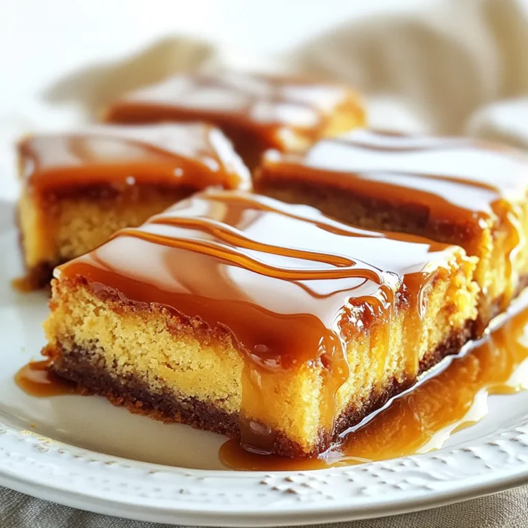 To make the Coffee Caramel Gooey Cake, gather these simple ingredients: - 1 cup all-purpose flour - 1 cup granulated sugar - 1/2 cup unsalted butter, softened - 2 large eggs - 1/4 cup strong brewed coffee, cooled - 1 teaspoon vanilla extract - 1 teaspoon baking powder - 1/4 teaspoon salt - 1 cup brown sugar, packed - 1 cup heavy cream - 1/2 cup chocolate chips (optional for topping) These ingredients come together to create a rich and gooey cake. The mix of coffee and caramel flavors makes it special. You can swap some items for different flavors or dietary needs. Here are some ideas: - Use coconut oil or margarine instead of butter. - Replace granulated sugar with coconut sugar for a slight caramel taste. - Try almond milk or oat milk in place of heavy cream for a lighter version. - For a gluten-free option, use almond flour or a gluten-free flour blend. These swaps let you enjoy the cake while fitting your diet or taste. Selecting the right ingredients can enhance your cake's taste. Keep these tips in mind: - Choose fresh eggs. They should feel heavy and not have cracks. - Use real vanilla extract, not imitation, for better flavor. - For the coffee, choose a strong brew. Using fresh ground beans will make a big difference. - Look for heavy cream with a higher fat content. This makes the caramel richer. Quality ingredients lead to a better tasting cake. Don’t rush this step! {{ingredient_image_1}} To start, gather your ingredients. You need: - 1 cup all-purpose flour - 1 cup granulated sugar - 1/2 cup unsalted butter, softened - 2 large eggs - 1/4 cup strong brewed coffee, cooled - 1 teaspoon vanilla extract - 1 teaspoon baking powder - 1/4 teaspoon salt - 1 cup brown sugar, packed - 1 cup heavy cream - 1/2 cup chocolate chips (optional for topping) Next, preheat your oven to 350°F (175°C). Grease and flour a 9x9-inch baking pan. In a large bowl, cream the softened butter and granulated sugar. Mix for 3-4 minutes until light and fluffy. Now, add the eggs one at a time. Mix well after each egg. Then, stir in the cooled coffee and vanilla extract. In another bowl, whisk together the flour, baking powder, and salt. Gradually add this dry mix to the wet ingredients. Stir until just combined. Do not over-mix, or your cake will be tough. Pour the batter into your prepared pan and smooth the top with a spatula. In a separate bowl, combine the brown sugar and heavy cream. Mix until well combined. Gently pour this mixture over the batter in the pan. Do not mix! This creates the gooey layer. If you like, sprinkle chocolate chips on top for extra flavor. Place the pan in your preheated oven. Bake for 35-40 minutes. The edges should set, but the center must stay gooey. Use a toothpick to check; it should come out slightly sticky. Once baked, take the cake out of the oven. Let it cool in the pan for 10 minutes. This helps the gooey center firm up a bit. After cooling, cut the cake into squares. For a special touch, drizzle with caramel sauce or whipped cream. Serve warm for the best gooey texture. Enjoy every bite! To get that perfect gooey texture, follow these tips: - Use fresh ingredients. Old eggs or flour can affect the cake. - Do not over-mix the batter. Mixing too much makes the cake dense. - Bake until the edges are set. The center should still look wet. - A toothpick test is key. If it comes out slightly sticky, it's perfect. Here are some common mistakes you should steer clear of: - Forgetting to preheat the oven can change baking time and texture. - Not greasing the pan well can lead to sticking. - Adding the brown sugar mix too early. Pour it over the batter, don’t mix! - Opening the oven door too soon can cause the cake to sink. Want to make your cake even better? Try these ideas: - Use espresso instead of regular coffee for a bolder flavor. - Add a pinch of cinnamon for warmth. - Top with whipped cream or extra caramel sauce for sweetness. - Mix in chocolate chips for a rich, sweet surprise. Pro Tips Use Fresh Coffee: For the best flavor, use freshly brewed coffee. The stronger the brew, the more pronounced the coffee taste will be in the cake. Check for Gooeyness: The cake should be slightly underbaked to achieve that gooey texture. A toothpick should come out with some moist crumbs. Cooling Time is Key: Allow the cake to cool in the pan for at least 10 minutes before serving to help it set and maintain its gooey center. Customize Your Toppings: Feel free to add nuts or different types of chocolate chips for a personal touch. Caramel sauce or whipped cream also elevate the dessert. {{image_2}} You can change the texture of your coffee caramel gooey cake by adding nuts or fruits. Chopped walnuts or pecans give a nice crunch. If you love fruit, try adding diced apples or ripe bananas. Just mix them in with the batter before baking. This adds flavor and a bit of moisture. Always remember to chop the nuts or fruit small for even baking. Frosting or toppings can change the whole look of your cake. You might want to try a cream cheese frosting or a simple whipped cream. Both pair well with the gooey cake. You can also drizzle chocolate or caramel sauce on top. A sprinkle of sea salt can make the flavors pop! Feel free to get creative and add your favorite toppings. If you need gluten-free options, swap the all-purpose flour for a gluten-free blend. Make sure the blend includes xanthan gum for the best texture. For a vegan version, use flax eggs instead of regular eggs. Just mix one tablespoon of flaxseed meal with three tablespoons of water for each egg. Use coconut oil in place of butter. These swaps still give you a delicious cake with a gooey center. To keep your Coffee Caramel Gooey Cake fresh, let it cool completely. Then, cut it into squares. Place the squares in an airtight container. This container should go in the fridge. Your cake will stay fresh for about 3 to 4 days. If you want to enjoy it later, freezing is a great option. When you’re ready to eat leftover cake, take it out of the fridge. Place a square on a microwave-safe plate. Heat it in the microwave for about 10 to 15 seconds. This will warm it up nicely. For a gooey texture, avoid overheating. You want it warm, not hot. To freeze your cake, cut it into squares first. Wrap each square in plastic wrap. Then, place the wrapped squares in a freezer-safe bag. Make sure to remove as much air as you can. Your cake will stay tasty for up to 3 months in the freezer. When you’re ready to enjoy it, let it thaw in the fridge overnight. Reheat it as needed for that gooey goodness! To get that perfect gooey center, watch your baking time. Bake the cake for 35 to 40 minutes. The edges should be firm, but the center must look soft. Use a toothpick to check; it should come out sticky, not clean. If you bake it too long, you will lose that gooey magic. Yes, you can use decaf coffee for this recipe. The flavor will still shine through. Just make sure it is strong brewed. The coffee adds depth to the cake and enhances the caramel taste. You can use any chocolate chips that you like. Dark chocolate gives a rich taste. Milk chocolate offers a sweeter option. White chocolate can add a fun twist too. Just sprinkle the chocolate chips on top before baking for a delightful finish. You learned how to pick great ingredients and bake delicious treats. From choosing quality items to expert baking steps, this guide gave you clear tips. Remember to avoid common mistakes for that perfect gooey bite. You can also try fun variations and find the best ways to store your treats. With these insights, you can bake with confidence. Enjoy your delicious creations and share them with friends!
