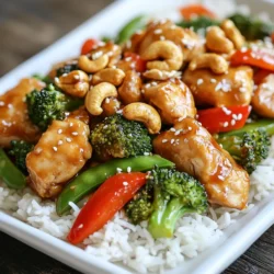 For this Sheet Pan Cashew Chicken, you will need: - 1 lb chicken breast, cut into bite-sized pieces - 1 cup unsalted roasted cashews - 2 cups broccoli florets - 1 red bell pepper, sliced - 1 cup snap peas These main ingredients create a colorful and tasty dish. The chicken gives protein, while the veggies add crunch and nutrition. For the marinade, gather these items: - 3 tablespoons soy sauce (or tamari for gluten-free) - 2 tablespoons honey or maple syrup - 1 tablespoon rice vinegar - 2 teaspoons sesame oil - 3 cloves garlic, minced - 1 tablespoon ginger, grated - Salt and pepper to taste This marinade brings flavor and depth to the chicken and veggies. The honey or maple syrup adds a nice sweetness. I suggest serving the cashew chicken over cooked jasmine rice. This makes the dish more filling. You can also add extra cashews and a sprinkle of sesame seeds on top for a nice touch. Enjoy your meal! {{ingredient_image_1}} Start by preheating your oven to 400°F (200°C). This temperature helps cook the chicken and veggies perfectly. Next, line a large baking sheet with parchment paper or aluminum foil. This makes cleanup easy and helps with sticking. In a large bowl, combine 1 pound of chicken breast cut into bite-sized pieces, 2 cups of broccoli florets, 1 sliced red bell pepper, and 1 cup of snap peas. Make sure everything is mixed well. This mix of chicken and veggies gives great flavor and color. In a separate small bowl, mix together 3 tablespoons of soy sauce, 2 tablespoons of honey or maple syrup, 1 tablespoon of rice vinegar, and 2 teaspoons of sesame oil. Add 3 cloves of minced garlic and 1 tablespoon of grated ginger. Stir well until all the ingredients blend nicely. This marinade adds a sweet and savory touch to the dish. Pour the marinade over the chicken and vegetables. Toss everything together until it is evenly coated. Then, spread this mixture evenly on the prepared baking sheet. Make sure the pieces aren’t crowded. This helps them cook better. Sprinkle 1 cup of unsalted roasted cashews on top and season with salt and pepper to taste. Bake in the preheated oven for 20-25 minutes. Stir halfway through to ensure even cooking. The chicken is done when it is cooked through and the veggies are tender. Once baked, let it cool slightly before serving. To cook chicken just right, use bite-sized pieces. This helps it cook evenly. I suggest using a meat thermometer. Chicken should reach 165°F (74°C) for safety. Keep an eye on it during baking. Stir halfway to prevent uneven cooking. If you notice the chicken browning too fast, cover it with foil. This keeps it juicy and tender. Broccoli, red bell peppers, and snap peas work well. They add color and crunch. You can also try carrots or zucchini. These veggies roast nicely and soak up flavors. Mix and match your favorites. Just make sure to cut them to similar sizes for even cooking. Garnishing adds beauty to your dish. After baking, sprinkle extra cashews on top. This adds texture and a nice crunch. You can also add sesame seeds for a pop of flavor. Fresh herbs like cilantro or green onions brighten the dish. A squeeze of lime juice gives it a fresh taste. Pro Tips Use Fresh Ingredients: Fresh vegetables and high-quality chicken will enhance the flavor and texture of your dish. Marinate for Extra Flavor: Allow the chicken and vegetables to marinate for at least 30 minutes, or overnight in the fridge, to absorb more flavors. Customize Your Vegetables: Feel free to swap in your favorite vegetables such as carrots, bell peppers, or zucchini for a personal touch. Watch Cooking Time: Keep an eye on the chicken while baking to prevent overcooking; it should reach an internal temperature of 165°F (75°C). {{image_2}} You can easily make this dish gluten-free. Swap regular soy sauce for tamari. Tamari has a similar taste but lacks gluten. This small change keeps the flavors intact. Additionally, check all sauces and ingredients for gluten-free labels. To make a vegetarian version, use tofu instead of chicken. Firm tofu works best. Cut it into bite-sized pieces and follow the same steps. You can also add more veggies, like carrots or mushrooms. This adds extra flavor and nutrition. While cashews are great, you can use other nuts too. Almonds or peanuts can add a different crunch. Try walnuts for a richer taste. Simply replace the cashews in the recipe. Each nut brings its own unique flavor to the dish. After enjoying your Sheet Pan Cashew Chicken, store leftovers in an airtight container. This keeps them fresh and tasty. Place the container in the fridge. The chicken will stay good for up to three days. Be sure to let the dish cool before sealing it up. To reheat, use the oven for best results. Preheat your oven to 350°F (175°C). Place the chicken and veggies on a baking sheet. Cover with foil to prevent drying out. Heat for about 15 minutes, or until warm. You can also use a microwave. Just heat for 1-2 minutes. Stir halfway through for even warmth. You can freeze Sheet Pan Cashew Chicken too. First, let it cool completely. Then, place it in a freezer-safe container. It can last up to three months in the freezer. When ready to eat, thaw overnight in the fridge. Reheat as mentioned above. This keeps the dish delicious and easy to enjoy later! Sheet Pan Cashew Chicken lasts about three to four days in the fridge. Store it in an airtight container. This keeps the chicken and veggies fresh. Reheat it gently before serving. Yes, you can use pork, beef, or shrimp instead of chicken. Choose cuts that cook quickly. Thin slices of meat work best. Adjust the cooking time based on the meat you select. Serve this dish with jasmine rice, quinoa, or steamed veggies. A side salad also adds freshness. You can even use rice noodles for a different twist. These choices enhance the meal's flavor and texture. Add crushed red pepper flakes or sriracha to the marinade. You can also use spicy stir-fry sauce. Start with a little, then taste and adjust. This way, you can find the right heat for you. Absolutely! You can prepare the chicken and veggies a day ahead. Store them in the fridge with the marinade. This saves time when you're ready to cook. Just bake it when you're ready for a quick meal. In this post, I covered the key ingredients and steps for tasty Sheet Pan Cashew Chicken. I explained how to mix the marinade, prep the chicken, and bake it all together. I shared tips for perfect cooking and recommended great veggie pairings. Don't forget about the variations for different diets. Lastly, I provided details on storing leftovers. With these steps, you can make a quick and delicious meal. Enjoy your time in the kitchen!