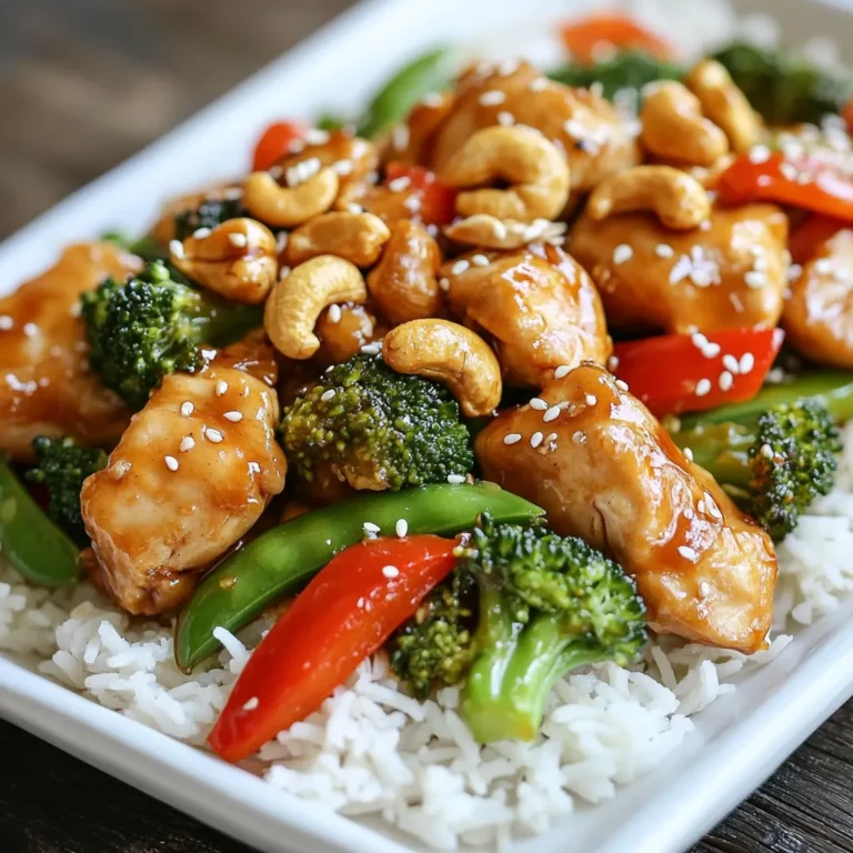 For this Sheet Pan Cashew Chicken, you will need: - 1 lb chicken breast, cut into bite-sized pieces - 1 cup unsalted roasted cashews - 2 cups broccoli florets - 1 red bell pepper, sliced - 1 cup snap peas These main ingredients create a colorful and tasty dish. The chicken gives protein, while the veggies add crunch and nutrition. For the marinade, gather these items: - 3 tablespoons soy sauce (or tamari for gluten-free) - 2 tablespoons honey or maple syrup - 1 tablespoon rice vinegar - 2 teaspoons sesame oil - 3 cloves garlic, minced - 1 tablespoon ginger, grated - Salt and pepper to taste This marinade brings flavor and depth to the chicken and veggies. The honey or maple syrup adds a nice sweetness. I suggest serving the cashew chicken over cooked jasmine rice. This makes the dish more filling. You can also add extra cashews and a sprinkle of sesame seeds on top for a nice touch. Enjoy your meal! {{ingredient_image_1}} Start by preheating your oven to 400°F (200°C). This temperature helps cook the chicken and veggies perfectly. Next, line a large baking sheet with parchment paper or aluminum foil. This makes cleanup easy and helps with sticking. In a large bowl, combine 1 pound of chicken breast cut into bite-sized pieces, 2 cups of broccoli florets, 1 sliced red bell pepper, and 1 cup of snap peas. Make sure everything is mixed well. This mix of chicken and veggies gives great flavor and color. In a separate small bowl, mix together 3 tablespoons of soy sauce, 2 tablespoons of honey or maple syrup, 1 tablespoon of rice vinegar, and 2 teaspoons of sesame oil. Add 3 cloves of minced garlic and 1 tablespoon of grated ginger. Stir well until all the ingredients blend nicely. This marinade adds a sweet and savory touch to the dish. Pour the marinade over the chicken and vegetables. Toss everything together until it is evenly coated. Then, spread this mixture evenly on the prepared baking sheet. Make sure the pieces aren’t crowded. This helps them cook better. Sprinkle 1 cup of unsalted roasted cashews on top and season with salt and pepper to taste. Bake in the preheated oven for 20-25 minutes. Stir halfway through to ensure even cooking. The chicken is done when it is cooked through and the veggies are tender. Once baked, let it cool slightly before serving. To cook chicken just right, use bite-sized pieces. This helps it cook evenly. I suggest using a meat thermometer. Chicken should reach 165°F (74°C) for safety. Keep an eye on it during baking. Stir halfway to prevent uneven cooking. If you notice the chicken browning too fast, cover it with foil. This keeps it juicy and tender. Broccoli, red bell peppers, and snap peas work well. They add color and crunch. You can also try carrots or zucchini. These veggies roast nicely and soak up flavors. Mix and match your favorites. Just make sure to cut them to similar sizes for even cooking. Garnishing adds beauty to your dish. After baking, sprinkle extra cashews on top. This adds texture and a nice crunch. You can also add sesame seeds for a pop of flavor. Fresh herbs like cilantro or green onions brighten the dish. A squeeze of lime juice gives it a fresh taste. Pro Tips Use Fresh Ingredients: Fresh vegetables and high-quality chicken will enhance the flavor and texture of your dish. Marinate for Extra Flavor: Allow the chicken and vegetables to marinate for at least 30 minutes, or overnight in the fridge, to absorb more flavors. Customize Your Vegetables: Feel free to swap in your favorite vegetables such as carrots, bell peppers, or zucchini for a personal touch. Watch Cooking Time: Keep an eye on the chicken while baking to prevent overcooking; it should reach an internal temperature of 165°F (75°C). {{image_2}} You can easily make this dish gluten-free. Swap regular soy sauce for tamari. Tamari has a similar taste but lacks gluten. This small change keeps the flavors intact. Additionally, check all sauces and ingredients for gluten-free labels. To make a vegetarian version, use tofu instead of chicken. Firm tofu works best. Cut it into bite-sized pieces and follow the same steps. You can also add more veggies, like carrots or mushrooms. This adds extra flavor and nutrition. While cashews are great, you can use other nuts too. Almonds or peanuts can add a different crunch. Try walnuts for a richer taste. Simply replace the cashews in the recipe. Each nut brings its own unique flavor to the dish. After enjoying your Sheet Pan Cashew Chicken, store leftovers in an airtight container. This keeps them fresh and tasty. Place the container in the fridge. The chicken will stay good for up to three days. Be sure to let the dish cool before sealing it up. To reheat, use the oven for best results. Preheat your oven to 350°F (175°C). Place the chicken and veggies on a baking sheet. Cover with foil to prevent drying out. Heat for about 15 minutes, or until warm. You can also use a microwave. Just heat for 1-2 minutes. Stir halfway through for even warmth. You can freeze Sheet Pan Cashew Chicken too. First, let it cool completely. Then, place it in a freezer-safe container. It can last up to three months in the freezer. When ready to eat, thaw overnight in the fridge. Reheat as mentioned above. This keeps the dish delicious and easy to enjoy later! Sheet Pan Cashew Chicken lasts about three to four days in the fridge. Store it in an airtight container. This keeps the chicken and veggies fresh. Reheat it gently before serving. Yes, you can use pork, beef, or shrimp instead of chicken. Choose cuts that cook quickly. Thin slices of meat work best. Adjust the cooking time based on the meat you select. Serve this dish with jasmine rice, quinoa, or steamed veggies. A side salad also adds freshness. You can even use rice noodles for a different twist. These choices enhance the meal's flavor and texture. Add crushed red pepper flakes or sriracha to the marinade. You can also use spicy stir-fry sauce. Start with a little, then taste and adjust. This way, you can find the right heat for you. Absolutely! You can prepare the chicken and veggies a day ahead. Store them in the fridge with the marinade. This saves time when you're ready to cook. Just bake it when you're ready for a quick meal. In this post, I covered the key ingredients and steps for tasty Sheet Pan Cashew Chicken. I explained how to mix the marinade, prep the chicken, and bake it all together. I shared tips for perfect cooking and recommended great veggie pairings. Don't forget about the variations for different diets. Lastly, I provided details on storing leftovers. With these steps, you can make a quick and delicious meal. Enjoy your time in the kitchen!