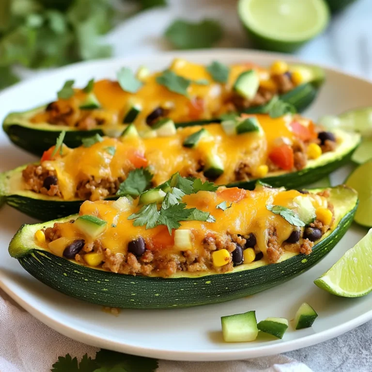 To make Taco Stuffed Zucchini Boats, gather these key ingredients: - 4 medium zucchinis - 1 pound ground turkey or beef - 1 small onion, diced - 2 cloves garlic, minced - 1 cup canned black beans, rinsed and drained - 1 cup corn kernels (fresh, frozen, or canned) - 1 cup diced tomatoes (fresh or canned) - 1 tablespoon taco seasoning - 1 teaspoon cumin - Salt and pepper to taste - 1 cup shredded cheese (cheddar or Mexican blend) - Fresh cilantro, for garnish - Lime wedges, for serving You can add wonderful flavors with these optional ingredients: - Chopped bell peppers for crunch - Jalapeños for heat - Sliced olives for a briny touch - Avocado or guacamole for creaminess - Sour cream for richness Choosing the right zucchini makes a big difference. Here’s how to pick fresh ones: - Look for firm zucchinis with smooth skin. - Choose zucchinis that are bright in color. - Avoid zucchinis with soft spots or blemishes. - Select medium-sized zucchinis, as they tend to be more tender. - If possible, buy organic to enjoy better flavor and less pesticide. With fresh ingredients, your Taco Stuffed Zucchini Boats will shine. The flavor and texture will impress everyone! {{ingredient_image_1}} Start by preheating your oven to 375°F (190°C). Take each zucchini and cut it in half lengthwise. Use a spoon to scoop out the seeds. This creates a nice boat shape for your filling. Place the zucchini halves cut-side up on a baking sheet lined with parchment paper. This step helps the boats hold their shape while baking. In a large skillet, add 1 pound of ground turkey or beef over medium heat. Cook it until browned, which takes about 5 to 7 minutes. Make sure to break it into smaller pieces as it cooks. After that, add 1 small diced onion and 2 minced garlic cloves. Sauté them for about 3 to 4 minutes until the onion becomes translucent. Next, stir in 1 cup of black beans, 1 cup of corn, and 1 cup of diced tomatoes. Add 1 tablespoon of taco seasoning, 1 teaspoon of cumin, and season with salt and pepper to taste. Cook this mixture for another 5 to 7 minutes. This lets all the flavors blend together nicely. Now it's time to fill the zucchini! Remove the skillet from heat and carefully spoon the filling into each zucchini half. Pack it in well so every bite is tasty. After that, sprinkle 1 cup of shredded cheese over the top. Place your baking sheet in the preheated oven. Bake the zucchini boats for 20 to 25 minutes until they are tender and the cheese is bubbly and golden. Once done, remove them from the oven and let them cool for a few minutes. Garnish with fresh cilantro and serve with lime wedges to add some zest! To cook zucchini just right, choose medium-sized ones. They hold up well and have great flavor. Cut them in half lengthwise and scoop the seeds out. This creates a boat for your filling. Bake them at 375°F for 20-25 minutes. Check for tenderness with a fork. You want them soft but not mushy. This keeps the shape intact and makes for a great dish. Cheese adds a creamy layer to your taco stuffed zucchini boats. You can use shredded cheddar for a classic taste. A Mexican blend also works great for more flavor. If you want something different, try pepper jack for a spicy kick. Just sprinkle the cheese on top before baking. It melts beautifully and forms a golden crust. Want to level up the flavor? Add more spices to your filling. A pinch of chili powder gives heat. Smoked paprika adds depth. If you love fresh herbs, cilantro brightens the dish. You can also squeeze some fresh lime juice over the top before serving. This adds a zesty touch that makes every bite refreshing. Pro Tips Choose Firm Zucchini: Select zucchinis that are firm and not overly large to ensure they hold their shape during baking. Customize the Filling: Feel free to add other vegetables or proteins to the filling for a personalized touch, such as bell peppers or shredded chicken. Cheese Variations: Experiment with different types of cheese, such as pepper jack for a spicy kick or mozzarella for a milder flavor. Serve with Toppings: Enhance the flavor by serving with toppings like avocado, sour cream, or salsa alongside the lime wedges. {{image_2}} You can easily make a vegetarian version of taco stuffed zucchini boats. Instead of meat, use more beans and veggies. For example, add extra black beans or chickpeas. You could also use mushrooms for a hearty texture. You still follow the same steps. Cook the veggies with onions and garlic. Add the taco seasoning and spices. Fill the zucchini with this tasty mix. Top with cheese and bake as usual. This dish will give you the same great flavor without meat. Plus, it’s healthy and full of fiber. If you like heat, make spicy taco stuffed zucchini boats. You can add chopped jalapeños or a pinch of cayenne pepper to the filling. Use spicy taco seasoning for an extra kick. Mix these spicy ingredients into your meat or veggie filling. When you bake them, the heat will blend with all the flavors. This version is perfect for those who love bold tastes. You can make healthy swaps for a low-calorie taco stuffed zucchini boat. Start with lean turkey, or use ground chicken instead. You can also skip the cheese or use a low-fat option. Try adding more veggies like bell peppers or spinach to the filling. This will increase the nutrients and lower the calories. Serve with lime wedges for a fresh taste without extra calories. These adjustments keep the dish light but still super tasty. Enjoy your healthy, delicious meals! To store leftover taco stuffed zucchini, let them cool first. Place the zucchini in an airtight container. You can keep them in the fridge for up to three days. If you want to save them longer, consider freezing. When you are ready to eat, preheat your oven to 350°F (175°C). Place the zucchini on a baking sheet. Cover them with foil to keep moisture in. Heat for about 15 to 20 minutes. This will warm them up nicely without drying them out. To freeze stuffed zucchini boats, wrap each one in plastic wrap. Then, place them in a freezer bag. Make sure to remove as much air as possible. They can last in the freezer for up to three months. When you want to enjoy them, thaw in the fridge overnight before reheating. This way, you can have a tasty meal ready for a busy day! Yes, you can use other meats. Chicken, pork, or even tofu work well. If you want a different flavor, try ground lamb or chorizo. The key is to choose a meat that cooks well and blends with the other tastes. Always make sure to cook the meat fully before adding it to the zucchini. You’ll know the zucchinis are done when they are tender. A fork should easily pierce the flesh. If the zucchini feels soft but not mushy, you’re good. The cheese on top should also be bubbly and golden. This shows the dish is ready to enjoy. You can serve these boats with a fresh salad for a lighter meal. Rice or quinoa are great sides too. If you like spice, add some salsa or guacamole. For a fun twist, try corn chips or a side of black beans. Lime wedges add a nice zing. Stuffed zucchini boats are a fun and tasty dish. We discussed key ingredients, cooking steps, and flavor tips. I shared ways to store leftovers and creative variations, too. Remember, you can use different meats and create a low-calorie version. Try each tip to make your meal special. With this guide, you can confidently make stuffed zucchini boats that impress everyone! Enjoy your cooking adventure!