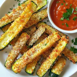 - 2 medium zucchinis, cut into fry-sized strips - 1 cup panko breadcrumbs - 1/2 cup grated Parmesan cheese - 1 teaspoon garlic powder - 1 teaspoon Italian seasoning - 1/2 teaspoon paprika - 1/2 teaspoon salt - 1/4 teaspoon black pepper - 1 large egg, beaten - Olive oil spray - Additional spices (cayenne, onion powder) - Fresh herbs (oregano, basil) When making Air Fryer Zucchini Fries, you want the best ingredients. Fresh zucchinis are key. Choose firm ones with a smooth skin. Panko breadcrumbs give a nice crunch. They are lighter than regular breadcrumbs. Parmesan cheese adds a rich, salty flavor. Garlic powder and Italian seasoning enhance the taste. Paprika adds a bit of color and warmth. Salt and black pepper round out the flavor. For more fun, add optional spices. A pinch of cayenne gives heat. Onion powder adds depth. Fresh herbs like oregano and basil offer brightness. Mix and match to find your favorite taste! Gather these items, and you are set to make crispy, flavorful zucchini fries. {{ingredient_image_1}} - Preheat the air fryer to 400°F (200°C). - Cut the zucchinis into fry-sized strips. First, I always recommend preheating the air fryer. This step helps to cook the fries evenly. While the air fryer heats, grab your zucchinis. Cut each zucchini into long, thin strips. Aim for a size that resembles traditional fries. - Mix breadcrumbs and seasonings. - Dip and coat zucchini with egg and breadcrumb mixture. In a shallow bowl, mix panko breadcrumbs, grated Parmesan cheese, garlic powder, Italian seasoning, paprika, salt, and black pepper. This mix adds flavor and crunch. In another bowl, beat the egg. Dip each zucchini strip into the egg. Let any extra egg drip off. Then, coat the zucchini with the breadcrumb mixture. Press lightly so it sticks well. - Arrange zucchini fries in the basket. - Cooking time and flipping instructions. Place the coated zucchini fries in the air fryer basket. Make sure they are in a single layer. This helps them cook evenly. Spray them lightly with olive oil. Cook for 8-10 minutes. Flip the fries halfway through for even browning. When they are golden brown and crispy, they are ready! To make your zucchini fries nice and crispy, use olive oil spray. A light mist helps the breading brown well. It also enhances the flavor without making them greasy. I find that skipping this step leaves the fries soft and less tasty. Another key tip is to avoid overcrowding in the air fryer. If you place too many fries in the basket, they will steam instead of crisp. Cook them in batches if needed. This ensures every fry gets the heat it needs. For dipping sauces, marinara and garlic aioli are my top picks. They add great flavor and make each bite more fun. You can also try ranch dressing for a twist. When serving, add garnishes like fresh parsley or grated cheese. They not only look nice but also boost flavor. A sprinkle of parsley makes the dish pop, while cheese adds a savory kick. Enjoy your crispy zucchini fries with these tasty extras! Pro Tips Choose Firm Zucchini: Select firm, fresh zucchinis for the best texture. Avoid soft or overripe zucchinis as they may become mushy when cooked. Customize Seasoning: Feel free to adjust the seasoning according to your taste. Adding a pinch of cayenne pepper can give it a spicy kick! Don’t Overcrowd the Basket: Ensure the zucchini fries are in a single layer in the air fryer. Overcrowding can lead to uneven cooking and less crispiness. Let Them Rest: Allow the fries to rest for a few minutes after cooking. This helps them firm up and enhances their crispiness. {{image_2}} You can change the coating for your zucchini fries to suit your taste. For a gluten-free option, use almond flour instead of panko breadcrumbs. Almond flour gives a nice crunch and adds a nutty flavor. You can also swap seasonings to create new flavors. Try adding cayenne for heat or onion powder for extra depth. Mix and match until you find your favorite blend. Zucchini isn't the only veggie that works here. You can use eggplant or sweet potatoes for a twist. Eggplant gives a creamy texture, while sweet potatoes add a sweet taste. Just cut them into fry-sized strips like the zucchini. The cooking time may vary slightly, so keep an eye on them. Enjoy experimenting with different vegetables! To store leftover zucchini fries, let them cool first. Place the fries in an airtight container. Store them in the fridge for up to three days. Reheating is key to keeping them crispy. Preheat the air fryer to 375°F (190°C). Cook them for about 3 to 5 minutes. This method keeps them crunchy and warm. You can freeze zucchini fries, but how you freeze them matters. For uncooked fries, lay them on a baking sheet in a single layer. Freeze until solid, then transfer them to a freezer bag. This method prevents sticking. For cooked fries, let them cool first. Place them in a freezer bag, removing excess air. They can last up to three months. When you're ready to eat, cook frozen uncooked fries directly in the air fryer. Cook at 400°F (200°C) for 10 to 12 minutes. For frozen cooked fries, reheat at 375°F (190°C) for about 5 to 7 minutes. This keeps them tasty and enjoyable. For crispy zucchini fries, set your air fryer to 400°F (200°C). Cook them for 8-10 minutes. Flip them halfway for even cooking. This helps make each fry golden and crunchy. Yes, you can use regular breadcrumbs. However, panko gives a lighter, crispier texture. Regular breadcrumbs can be denser and less crunchy. If you want that perfect crunch, stick with panko. You can bake or pan-fry zucchini fries. For baking, preheat your oven to 425°F (220°C). Place the fries on a baking sheet and bake for 20-25 minutes. Flip them halfway for even cooking. For pan-frying, heat oil in a skillet and fry until golden brown. Each method gives a tasty result. You learned how to make tasty zucchini fries in the air fryer. We covered the key ingredients and step-by-step instructions to get crispy results. Remember, olive oil and not overcrowding are crucial for the best texture. Feel free to explore flavor variations and alternative veggies. Finally, store leftovers properly or freeze them for later. Enjoy your healthy snack!