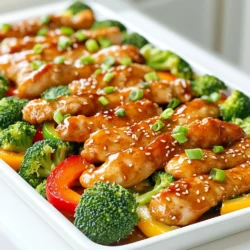 - 1 lb chicken breast, cut into strips - 1/4 cup honey - 1/4 cup soy sauce - 3 cloves garlic, minced - 1 tablespoon ginger, grated - 1 tablespoon olive oil - 1 bell pepper, sliced - 1 cup broccoli florets - Sesame seeds for garnish - Chopped green onions for garnish The main ingredients for this dish are simple yet impactful. The chicken strips provide a great base. Honey adds sweetness which balances the soy sauce’s saltiness. Together, they create a delicious glaze. Garlic and ginger are must-have flavor enhancers. Garlic gives a warm, rich taste, while ginger adds a nice zing. Both bring out the best in the chicken. Olive oil helps with cooking and adds richness. For veggies, bell pepper and broccoli are perfect. The bell pepper adds color and crunch. Broccoli brings a healthy touch and holds flavor well. Finally, sesame seeds and green onions make lovely garnishes. They add a nice finish and extra flavor. First, preheat your oven to 400°F (200°C). This hot oven helps the chicken cook well. Next, line a large sheet pan with parchment paper. This makes cleanup easy later. Now, let's make the marinade. In a medium bowl, whisk together the honey, soy sauce, minced garlic, and grated ginger. Add the olive oil, sesame oil, black pepper, and salt. Mix until everything blends well. Take the chicken strips and place them in a large zip-top bag or a bowl. Pour the honey garlic marinade over the chicken. Seal the bag or cover the bowl. Now, let it marinate in the fridge. This should be for at least 30 minutes. If you want a stronger flavor, marinate for up to 2 hours. After marinating, spread the chicken strips evenly on one side of the prepared sheet pan. On the other side, arrange the sliced bell pepper and broccoli florets. Drizzle any leftover marinade over both the chicken and vegetables. Now, bake in the preheated oven for 20-25 minutes. The chicken should be cooked through, and the edges will caramelize nicely. The vegetables will turn tender-crisp. When done, take it out and sprinkle sesame seeds and chopped green onions over the top. Enjoy your meal! - Ensuring proper marinade coverage: Make sure all chicken strips are well coated in the honey garlic marinade. This step helps enhance the flavor. You can use a zip-top bag or a bowl. Massage the marinade into the chicken for even better results. - Checking chicken doneness: The chicken should reach an internal temperature of 165°F (75°C). You can use a meat thermometer for accuracy. Look for clear juices running from the chicken, too. - Presentation ideas: Serve the chicken and vegetables straight from the sheet pan. You can also plate them individually for a nicer look. Drizzling extra honey over the top adds a beautiful glaze. - Additional garnishes: Top the dish with sesame seeds and chopped green onions. These add a nice crunch and fresh flavor. Try adding thinly sliced red chili for a spicy kick. - Marinating in advance: You can marinate the chicken a day ahead. This helps save time on busy nights and adds flavor. Just store it in the fridge until you are ready to cook. - One-pan cleanup benefits: Using a sheet pan means less mess in the kitchen. You only need to clean one pan after cooking. This makes dinner time stress-free and quick! {{image_2}} You can swap chicken for other meats. Pork or turkey work well here. They both soak up the honey garlic flavor great. If you want a vegetarian option, try tofu. Press and cube the tofu. Marinate it just like the chicken. Bake it the same way, and you will love the taste. Feel free to mix in different veggies. Carrots, snap peas, or zucchini can add color and crunch. Seasonal vegetables work too. In the fall, try adding Brussels sprouts or squash. In summer, use fresh corn or green beans. Each veggie brings its own flavor, making the dish fun. Want to change the taste? You can add spices or herbs. A pinch of red pepper flakes adds heat. Try fresh herbs like cilantro or basil for a fresh twist. If you like it spicy, add more ginger or some chili sauce to the marinade. These changes create bold flavors that excite your taste buds. Store leftovers in an airtight container. This keeps the chicken fresh and tasty. Use it within three days for the best flavor. Make sure to let it cool before sealing. This helps avoid any steam build-up, which can make it soggy. You can also keep the veggies separate if you want. To freeze leftovers, place them in freezer-safe bags. Press out the air before sealing. This helps prevent freezer burn. You can freeze the chicken for up to three months. When ready to eat, move it to the fridge overnight to thaw. For quick reheating, you can use the microwave. Heat until warm, but not too long to avoid drying it out. You can enjoy leftover chicken cold. It makes a great snack. Slice it up and add it to salads for extra flavor. Toss it with greens, cherry tomatoes, and a light dressing. This way, you have a fresh meal without much fuss. You can also serve it with a side of veggies for a quick lunch. To check if chicken is done, use a meat thermometer. The internal temperature should reach 165°F (75°C). This ensures it is safe to eat. You can also look for visual cues. The chicken should be golden brown. The juices should run clear, not pink. Yes, you can use frozen chicken strips. They work well in this recipe. When cooking from frozen, add extra time. Bake for about 30-35 minutes. Check for doneness to be sure. To make this dish gluten-free, swap soy sauce for tamari. Tamari tastes similar but is gluten-free. You can also use coconut aminos as another option. It gives a nice flavor without the gluten. This blog post covered a tasty chicken dish with simple steps. You learned about key ingredients like chicken, honey, and soy sauce, plus flavor boosters like garlic and ginger. I shared preparation, marinating, and baking methods to make your meal successful. Consider the tips for great results and explore variations to fit your taste. Remember to store leftovers properly for fresh meals later on. Happy cooking! Enjoy your delicious dish!