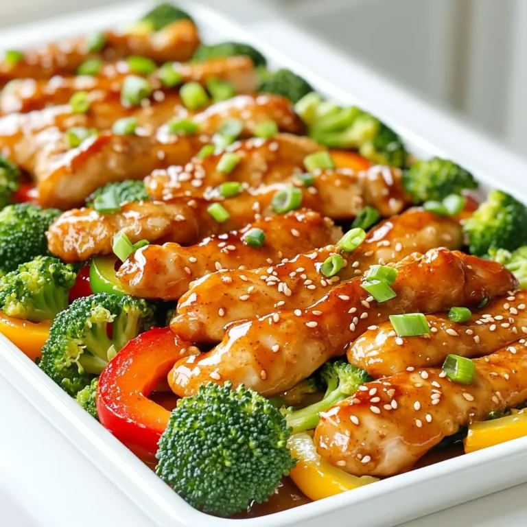 - 1 lb chicken breast, cut into strips - 1/4 cup honey - 1/4 cup soy sauce - 3 cloves garlic, minced - 1 tablespoon ginger, grated - 1 tablespoon olive oil - 1 bell pepper, sliced - 1 cup broccoli florets - Sesame seeds for garnish - Chopped green onions for garnish The main ingredients for this dish are simple yet impactful. The chicken strips provide a great base. Honey adds sweetness which balances the soy sauce’s saltiness. Together, they create a delicious glaze. Garlic and ginger are must-have flavor enhancers. Garlic gives a warm, rich taste, while ginger adds a nice zing. Both bring out the best in the chicken. Olive oil helps with cooking and adds richness. For veggies, bell pepper and broccoli are perfect. The bell pepper adds color and crunch. Broccoli brings a healthy touch and holds flavor well. Finally, sesame seeds and green onions make lovely garnishes. They add a nice finish and extra flavor. First, preheat your oven to 400°F (200°C). This hot oven helps the chicken cook well. Next, line a large sheet pan with parchment paper. This makes cleanup easy later. Now, let's make the marinade. In a medium bowl, whisk together the honey, soy sauce, minced garlic, and grated ginger. Add the olive oil, sesame oil, black pepper, and salt. Mix until everything blends well. Take the chicken strips and place them in a large zip-top bag or a bowl. Pour the honey garlic marinade over the chicken. Seal the bag or cover the bowl. Now, let it marinate in the fridge. This should be for at least 30 minutes. If you want a stronger flavor, marinate for up to 2 hours. After marinating, spread the chicken strips evenly on one side of the prepared sheet pan. On the other side, arrange the sliced bell pepper and broccoli florets. Drizzle any leftover marinade over both the chicken and vegetables. Now, bake in the preheated oven for 20-25 minutes. The chicken should be cooked through, and the edges will caramelize nicely. The vegetables will turn tender-crisp. When done, take it out and sprinkle sesame seeds and chopped green onions over the top. Enjoy your meal! - Ensuring proper marinade coverage: Make sure all chicken strips are well coated in the honey garlic marinade. This step helps enhance the flavor. You can use a zip-top bag or a bowl. Massage the marinade into the chicken for even better results. - Checking chicken doneness: The chicken should reach an internal temperature of 165°F (75°C). You can use a meat thermometer for accuracy. Look for clear juices running from the chicken, too. - Presentation ideas: Serve the chicken and vegetables straight from the sheet pan. You can also plate them individually for a nicer look. Drizzling extra honey over the top adds a beautiful glaze. - Additional garnishes: Top the dish with sesame seeds and chopped green onions. These add a nice crunch and fresh flavor. Try adding thinly sliced red chili for a spicy kick. - Marinating in advance: You can marinate the chicken a day ahead. This helps save time on busy nights and adds flavor. Just store it in the fridge until you are ready to cook. - One-pan cleanup benefits: Using a sheet pan means less mess in the kitchen. You only need to clean one pan after cooking. This makes dinner time stress-free and quick! {{image_2}} You can swap chicken for other meats. Pork or turkey work well here. They both soak up the honey garlic flavor great. If you want a vegetarian option, try tofu. Press and cube the tofu. Marinate it just like the chicken. Bake it the same way, and you will love the taste. Feel free to mix in different veggies. Carrots, snap peas, or zucchini can add color and crunch. Seasonal vegetables work too. In the fall, try adding Brussels sprouts or squash. In summer, use fresh corn or green beans. Each veggie brings its own flavor, making the dish fun. Want to change the taste? You can add spices or herbs. A pinch of red pepper flakes adds heat. Try fresh herbs like cilantro or basil for a fresh twist. If you like it spicy, add more ginger or some chili sauce to the marinade. These changes create bold flavors that excite your taste buds. Store leftovers in an airtight container. This keeps the chicken fresh and tasty. Use it within three days for the best flavor. Make sure to let it cool before sealing. This helps avoid any steam build-up, which can make it soggy. You can also keep the veggies separate if you want. To freeze leftovers, place them in freezer-safe bags. Press out the air before sealing. This helps prevent freezer burn. You can freeze the chicken for up to three months. When ready to eat, move it to the fridge overnight to thaw. For quick reheating, you can use the microwave. Heat until warm, but not too long to avoid drying it out. You can enjoy leftover chicken cold. It makes a great snack. Slice it up and add it to salads for extra flavor. Toss it with greens, cherry tomatoes, and a light dressing. This way, you have a fresh meal without much fuss. You can also serve it with a side of veggies for a quick lunch. To check if chicken is done, use a meat thermometer. The internal temperature should reach 165°F (75°C). This ensures it is safe to eat. You can also look for visual cues. The chicken should be golden brown. The juices should run clear, not pink. Yes, you can use frozen chicken strips. They work well in this recipe. When cooking from frozen, add extra time. Bake for about 30-35 minutes. Check for doneness to be sure. To make this dish gluten-free, swap soy sauce for tamari. Tamari tastes similar but is gluten-free. You can also use coconut aminos as another option. It gives a nice flavor without the gluten. This blog post covered a tasty chicken dish with simple steps. You learned about key ingredients like chicken, honey, and soy sauce, plus flavor boosters like garlic and ginger. I shared preparation, marinating, and baking methods to make your meal successful. Consider the tips for great results and explore variations to fit your taste. Remember to store leftovers properly for fresh meals later on. Happy cooking! Enjoy your delicious dish!