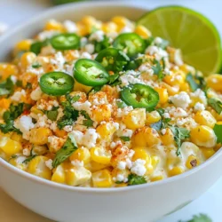 For the best flavor, use fresh corn. I recommend four ears of corn. Husk them and grill them until they are charred. This gives the dip a smoky flavor that you will love. The grilling will take about 10-12 minutes. Make sure to turn the corn as it cooks. This dip is creamy and rich thanks to some key ingredients. You will need: - 1 cup mayonnaise - 1 cup sour cream - 1 cup cotija cheese, crumbled Mayonnaise and sour cream create a smooth base. Cotija cheese adds a salty kick that brightens the dip. To make this dip truly special, add fresh and zesty flavors. Gather these ingredients: - 1/2 cup cilantro, chopped - 1 jalapeño, finely diced (remove seeds for less heat) - 1 teaspoon chili powder - 1 teaspoon smoked paprika - Juice of 1 lime - Salt and pepper to taste The cilantro and jalapeño provide freshness and a little heat. The spices enhance the corn’s natural sweetness, while lime juice adds a tangy finish. Adjust the salt and pepper to fit your taste. {{ingredient_image_1}} Start by grilling the corn. Preheat your grill to medium heat. Place the husked corn on the grill. Grill it for about 10-12 minutes. Turn the corn occasionally until it gets nice and charred. This adds great flavor! Once done, remove the corn from the grill and let it cool. After it cools, slice the kernels off the cobs and put them in a large mixing bowl. Now it’s time to mix! In the bowl with the corn, add 1 cup of mayonnaise and 1 cup of sour cream. This makes the dip creamy and rich. Next, add half of the crumbled cotija cheese for a salty kick. Then, toss in 1/2 cup of chopped cilantro for freshness. If you like spice, add the finely diced jalapeño. Remember to remove the seeds for less heat! Sprinkle in 1 teaspoon of chili powder and 1 teaspoon of smoked paprika. Finally, squeeze in the juice of 1 lime and season with salt and pepper to taste. Gently fold everything together until well mixed. Transfer the mixture to a serving bowl. Sprinkle the remaining cotija cheese on top. Add some more cilantro for a pop of color. This dip looks great and tastes even better! Serve it with crunchy tortilla chips. You can also use it as a topping for tacos. Enjoy your flavorful Mexican street corn dip! To make this dip even tastier, consider adding lime zest. It adds a fresh kick. You can also mix in some garlic powder for depth. For a smoky taste, try adding a bit more smoked paprika. Fresh herbs like parsley or green onions work well too. They brighten the dish and add color. For a creamier dip, blend the mayonnaise and sour cream until smooth. Make sure to mix gently after adding the corn. This keeps some kernels whole, which adds a nice crunch. If you like a bit of heat, keep some jalapeño seeds in. It gives the dip a fun bite. When grilling corn, soak it in water for 30 minutes first. This helps keep it juicy. Grill the corn in the husks if you want a softer texture. Turn the corn often to get an even char. Aim for that golden brown color for the best flavor. Don’t rush this step; it makes a big difference! Pro Tips Fresh Corn is Best: Use fresh corn for the best flavor and texture. If fresh corn isn't available, you can also use frozen corn, but make sure to thaw and drain it well before using. Adjust the Heat: For a milder dip, remove all the seeds and membranes from the jalapeño. If you enjoy heat, leave some seeds in or add extra diced jalapeño. Make It Ahead: This dip can be made a few hours in advance. Just keep it covered in the refrigerator until you're ready to serve. The flavors will meld beautifully over time. Serving Suggestions: This dip is versatile! Serve it with tortilla chips, as a topping for tacos, or even as a spread on grilled meats for an extra kick. {{image_2}} If you want a kick, add more heat! Try diced serrano peppers for a fresher taste. You could also mix in some hot sauce. A splash of your favorite brand takes the dip to a new level. You can even add a bit of smoked chipotle for that deep, smoky flavor. This adds a nice twist that many love. To make this dip vegetarian, simply skip the cotija cheese and use a plant-based cheese instead. For a vegan version, swap out mayo and sour cream for vegan alternatives. Look for soy or almond-based options that mimic the creamy texture. This way, everyone can enjoy a tasty dip! You can serve this dip at many events! For a casual gathering, place it next to tortilla chips. At a barbecue, it pairs great with grilled meats. For a festive touch, serve it in a hollowed-out bell pepper. This gives a fun look and adds more flavor. No matter where you serve it, your guests will love it! After you enjoy your Mexican street corn dip, store any leftovers in a tight container. Make sure to cover the dip well. This helps to keep it fresh and tasty. You can also place a piece of plastic wrap directly on the dip to prevent it from drying out. To reheat, I suggest using the microwave. Place the dip in a bowl and cover it with a damp paper towel. Heat it in short bursts, about 30 seconds at a time. Stir in between until it warms up. This way, it stays creamy and delicious. You can also serve it cold if you prefer that! The dip lasts about 3 to 4 days in the fridge. Always check for any signs of spoilage before eating. If it smells off or looks funny, it’s best to toss it. Enjoy your dip fresh for the best flavors! Yes, you can use frozen corn. It works well in this dip. Just thaw the corn first. Frozen corn can bring good flavor, but fresh corn has a nice crunch. Grilled corn adds a smoky taste that frozen corn lacks. If you find fresh corn, use it for the best flavor. You can keep the dip in the fridge for up to three days. Store it in an airtight container. Just make sure to check for any signs of spoilage before eating. The flavors may blend more after a day, making it even tastier. This dip pairs great with tortilla chips. You can also serve it with fresh veggies like bell peppers or cucumbers. It makes a nice topping for tacos or grilled meats. Feel free to get creative with your serving ideas! This blog post explored how to create a delicious Mexican Street Corn Dip. We covered key ingredients like fresh corn, cream, and special seasonings. You learned step-by-step instructions, along with helpful tips to enhance flavor and texture. We also discussed tasty variations and smart storage tips for leftovers. In summary, enjoy making this dip for any occasion. With simple tweaks, you can make it your own. Keep experimenting and sharing it with friends!