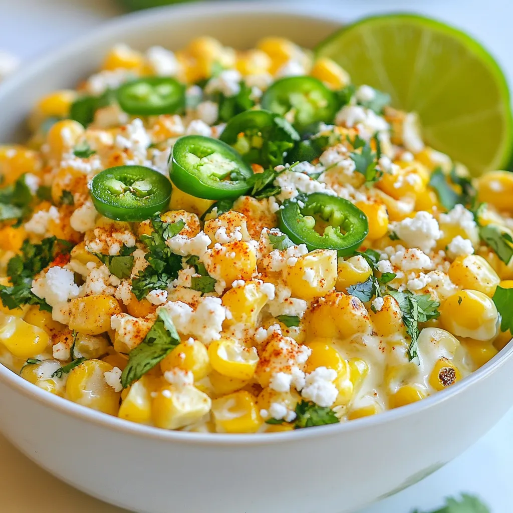 For the best flavor, use fresh corn. I recommend four ears of corn. Husk them and grill them until they are charred. This gives the dip a smoky flavor that you will love. The grilling will take about 10-12 minutes. Make sure to turn the corn as it cooks. This dip is creamy and rich thanks to some key ingredients. You will need: - 1 cup mayonnaise - 1 cup sour cream - 1 cup cotija cheese, crumbled Mayonnaise and sour cream create a smooth base. Cotija cheese adds a salty kick that brightens the dip. To make this dip truly special, add fresh and zesty flavors. Gather these ingredients: - 1/2 cup cilantro, chopped - 1 jalapeño, finely diced (remove seeds for less heat) - 1 teaspoon chili powder - 1 teaspoon smoked paprika - Juice of 1 lime - Salt and pepper to taste The cilantro and jalapeño provide freshness and a little heat. The spices enhance the corn’s natural sweetness, while lime juice adds a tangy finish. Adjust the salt and pepper to fit your taste. {{ingredient_image_1}} Start by grilling the corn. Preheat your grill to medium heat. Place the husked corn on the grill. Grill it for about 10-12 minutes. Turn the corn occasionally until it gets nice and charred. This adds great flavor! Once done, remove the corn from the grill and let it cool. After it cools, slice the kernels off the cobs and put them in a large mixing bowl. Now it’s time to mix! In the bowl with the corn, add 1 cup of mayonnaise and 1 cup of sour cream. This makes the dip creamy and rich. Next, add half of the crumbled cotija cheese for a salty kick. Then, toss in 1/2 cup of chopped cilantro for freshness. If you like spice, add the finely diced jalapeño. Remember to remove the seeds for less heat! Sprinkle in 1 teaspoon of chili powder and 1 teaspoon of smoked paprika. Finally, squeeze in the juice of 1 lime and season with salt and pepper to taste. Gently fold everything together until well mixed. Transfer the mixture to a serving bowl. Sprinkle the remaining cotija cheese on top. Add some more cilantro for a pop of color. This dip looks great and tastes even better! Serve it with crunchy tortilla chips. You can also use it as a topping for tacos. Enjoy your flavorful Mexican street corn dip! To make this dip even tastier, consider adding lime zest. It adds a fresh kick. You can also mix in some garlic powder for depth. For a smoky taste, try adding a bit more smoked paprika. Fresh herbs like parsley or green onions work well too. They brighten the dish and add color. For a creamier dip, blend the mayonnaise and sour cream until smooth. Make sure to mix gently after adding the corn. This keeps some kernels whole, which adds a nice crunch. If you like a bit of heat, keep some jalapeño seeds in. It gives the dip a fun bite. When grilling corn, soak it in water for 30 minutes first. This helps keep it juicy. Grill the corn in the husks if you want a softer texture. Turn the corn often to get an even char. Aim for that golden brown color for the best flavor. Don’t rush this step; it makes a big difference! Pro Tips Fresh Corn is Best: Use fresh corn for the best flavor and texture. If fresh corn isn't available, you can also use frozen corn, but make sure to thaw and drain it well before using. Adjust the Heat: For a milder dip, remove all the seeds and membranes from the jalapeño. If you enjoy heat, leave some seeds in or add extra diced jalapeño. Make It Ahead: This dip can be made a few hours in advance. Just keep it covered in the refrigerator until you're ready to serve. The flavors will meld beautifully over time. Serving Suggestions: This dip is versatile! Serve it with tortilla chips, as a topping for tacos, or even as a spread on grilled meats for an extra kick. {{image_2}} If you want a kick, add more heat! Try diced serrano peppers for a fresher taste. You could also mix in some hot sauce. A splash of your favorite brand takes the dip to a new level. You can even add a bit of smoked chipotle for that deep, smoky flavor. This adds a nice twist that many love. To make this dip vegetarian, simply skip the cotija cheese and use a plant-based cheese instead. For a vegan version, swap out mayo and sour cream for vegan alternatives. Look for soy or almond-based options that mimic the creamy texture. This way, everyone can enjoy a tasty dip! You can serve this dip at many events! For a casual gathering, place it next to tortilla chips. At a barbecue, it pairs great with grilled meats. For a festive touch, serve it in a hollowed-out bell pepper. This gives a fun look and adds more flavor. No matter where you serve it, your guests will love it! After you enjoy your Mexican street corn dip, store any leftovers in a tight container. Make sure to cover the dip well. This helps to keep it fresh and tasty. You can also place a piece of plastic wrap directly on the dip to prevent it from drying out. To reheat, I suggest using the microwave. Place the dip in a bowl and cover it with a damp paper towel. Heat it in short bursts, about 30 seconds at a time. Stir in between until it warms up. This way, it stays creamy and delicious. You can also serve it cold if you prefer that! The dip lasts about 3 to 4 days in the fridge. Always check for any signs of spoilage before eating. If it smells off or looks funny, it’s best to toss it. Enjoy your dip fresh for the best flavors! Yes, you can use frozen corn. It works well in this dip. Just thaw the corn first. Frozen corn can bring good flavor, but fresh corn has a nice crunch. Grilled corn adds a smoky taste that frozen corn lacks. If you find fresh corn, use it for the best flavor. You can keep the dip in the fridge for up to three days. Store it in an airtight container. Just make sure to check for any signs of spoilage before eating. The flavors may blend more after a day, making it even tastier. This dip pairs great with tortilla chips. You can also serve it with fresh veggies like bell peppers or cucumbers. It makes a nice topping for tacos or grilled meats. Feel free to get creative with your serving ideas! This blog post explored how to create a delicious Mexican Street Corn Dip. We covered key ingredients like fresh corn, cream, and special seasonings. You learned step-by-step instructions, along with helpful tips to enhance flavor and texture. We also discussed tasty variations and smart storage tips for leftovers. In summary, enjoy making this dip for any occasion. With simple tweaks, you can make it your own. Keep experimenting and sharing it with friends!