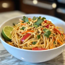 To make Spicy Peanut Noodles, gather these ingredients: - 8 oz. rice noodles - 1/2 cup creamy peanut butter - 1/4 cup soy sauce (or tamari for gluten-free) - 2 tablespoons honey (or maple syrup) - 1 tablespoon sesame oil - 2 cloves garlic, minced - 1 teaspoon fresh ginger, grated - 1 teaspoon chili paste (adjust based on heat preference) - 1 red bell pepper, thinly sliced - 1 cup shredded carrots - 3 green onions, chopped - 1/4 cup chopped fresh cilantro for garnish - Crushed peanuts for topping - Lime wedges for serving You can easily swap some ingredients for your taste or needs. Here are my top suggestions: - Use rice vermicelli for a lighter noodle option. - Swap peanut butter with almond or cashew butter for a nut-free version. - Choose agave syrup instead of honey for a vegan alternative. - Tamari can replace soy sauce for a gluten-free option. - Add cooked chicken or tofu for extra protein. Selecting fresh ingredients makes a big difference. Here’s how to pick the best: - Noodles: Look for rice noodles that are firm and have no cracks. - Peppers: Choose red bell peppers that are bright and firm. - Carrots: Pick fresh, crisp carrots with smooth skin. Avoid soft or wrinkled ones. - Herbs: Fresh cilantro should smell fragrant and have bright green leaves. - Garlic and Ginger: Look for firm, dry bulbs. They should feel heavy for their size. These tips help ensure your Spicy Peanut Noodles taste amazing! {{ingredient_image_1}} To start, boil a pot of water. Once it bubbles, add 8 oz. of rice noodles. Cook them according to the package instructions. Usually, it takes about 4-6 minutes. Stir the noodles gently so they don’t stick. When they’re soft, drain them and rinse under cold water. This stops the cooking process and keeps them from getting mushy. Set the noodles aside in a large bowl. Next, grab a large mixing bowl. Add 1/2 cup of creamy peanut butter. Pour in 1/4 cup of soy sauce. If you're gluten-free, use tamari instead. Then, add 2 tablespoons of honey or maple syrup for sweetness. Drizzle in 1 tablespoon of sesame oil. Now, add 2 cloves of minced garlic and 1 teaspoon of grated ginger. For heat, mix in 1 teaspoon of chili paste. Whisk all the ingredients together until smooth. If the sauce is too thick, add warm water a little at a time. You want it creamy but pourable. Now, take the cooled rice noodles and add them to the bowl of peanut sauce. Toss them well so every noodle gets coated. Then, add in the sliced red bell pepper and shredded carrots. Mix gently to combine all the flavors. Let the noodles sit for about 5 minutes to let the flavors blend. Serve them in bowls, topping with chopped green onions, crushed peanuts, and fresh cilantro. Don’t forget the lime wedges on the side for extra zing! To get the right sauce consistency, you need to mix carefully. Start with creamy peanut butter. Add soy sauce, honey, sesame oil, minced garlic, grated ginger, and chili paste. Whisk until smooth. If the sauce feels too thick, add warm water one tablespoon at a time. Stir well after each addition. Keep mixing until you reach the creaminess you like. A well-balanced sauce makes your noodles shine. Cooking rice noodles is easy. Boil water in a big pot. Add noodles and cook according to the package. Once soft, drain them and rinse under cold water. This stops cooking and keeps them from sticking. Mixing the noodles with the sauce while they are still warm helps soak in all the flavors. Don’t forget to toss gently to keep your noodles intact. Serving your Spicy Peanut Noodles can be fun. Use colorful bowls to make your dish pop. When plating, arrange the noodles neatly. Top with chopped green onions, crushed peanuts, and fresh cilantro. This adds color and texture. Place a lime wedge on the side. It not only looks good but also adds a zesty kick. Your dish will look as good as it tastes! Pro Tips Adjusting the Heat: If you prefer a milder flavor, start with less chili paste and gradually add more until you reach your desired spice level. Texture Variation: For added crunch, consider including some chopped bell peppers or cucumbers just before serving. Make Ahead: You can prepare the sauce in advance and store it in the fridge for up to a week. Just rewhisk before mixing with the noodles. Garnishing Tips: Use a variety of fresh herbs like mint or basil along with cilantro for a more complex flavor profile. {{image_2}} Spicy peanut noodles are easy to make vegetarian or vegan. To go vegan, swap honey for maple syrup. This keeps the dish sweet and plant-based. You can add more veggies like bell peppers, broccoli, or snap peas. These add crunch and color. You can also toss in some tofu or tempeh for protein. If you need a gluten-free meal, use tamari instead of soy sauce. This simple change keeps the flavor without gluten. Look for gluten-free rice noodles, which are widely available. You can also use zucchini noodles for a low-carb twist. Just spiralize fresh zucchini and cook it lightly. Want to add protein? Cooked chicken, shrimp, or beef works great in this dish. Simply sauté your choice of protein before adding it to the noodles. For a plant-based option, add chickpeas or edamame. These options boost the protein and make the meal more filling. You can also customize your spice level by adding more chili paste or fresh jalapeños. To keep your leftover Spicy Peanut Noodles fresh, place them in an airtight container. Make sure to cool them down to room temperature first. Store the container in the fridge. These noodles can last for up to three days. If you have added toppings like crushed peanuts or cilantro, store those separately. This keeps them fresh and crunchy. When you're ready to enjoy your leftovers, take the noodles out of the fridge. You can reheat them in a microwave or on the stove. If using a microwave, place the noodles in a bowl and add a splash of water. Cover it and heat for one to two minutes. Stir halfway through to heat evenly. If using a stove, add the noodles to a pan over low heat. Add a little water to help them loosen up. Stir gently until warm. Freezing Spicy Peanut Noodles is also an option. To freeze, pack the noodles in a freezer-safe container. Make sure to leave some space for expansion. They can be frozen for up to three months. When ready to eat, remove the noodles from the freezer. Let them thaw in the fridge overnight. You can reheat them as mentioned above. Adding a bit more sauce can help refresh the flavors after freezing. Spicy Peanut Noodles are a tasty dish made with rice noodles and a creamy sauce. The sauce includes peanut butter, soy sauce, and chili paste. You get a mix of sweet, salty, and spicy flavors in each bite. Fresh veggies like bell peppers and carrots add color and crunch. This dish is quick to make and packed with flavor. Yes, you can make Spicy Peanut Noodles ahead of time. Cook the noodles and make the sauce in advance. Store them separately in the fridge. When you're ready to eat, just combine them. The flavors blend well over time, making the dish even tastier. To adjust the spice level, change the amount of chili paste. If you prefer less heat, use less paste. For more spice, add more chili paste. You can also add sliced fresh chili on top for an extra kick. Taste as you go to find the perfect balance for you. You can serve Spicy Peanut Noodles with many sides. Try a simple green salad for freshness. Grilled chicken or shrimp adds protein and makes it a meal. You can also serve it with spring rolls for a fun crunch. Lime wedges on the side enhance the flavors even more. This article covered all you need to know about Spicy Peanut Noodles. We explored ingredients, cooking steps, and ways to customize the dish. You learned how to choose fresh items and achieve the best sauce. I shared tips for storing leftovers and adapting the dish for diets. In the kitchen, creativity matters. Enjoy making this dish your own. Whether for a meal or a gathering, Spicy Peanut Noodles will impress.
