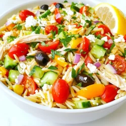 - 1 cup orzo pasta - 2 cups cooked chicken breast, shredded - 1 cup cherry tomatoes, halved - 1 cucumber, diced - 1 bell pepper (any color), diced - 1/2 red onion, finely chopped - 1/2 cup black olives, sliced - 1/2 cup feta cheese, crumbled - 1/4 cup fresh parsley, chopped - 3 tablespoons olive oil - 2 tablespoons lemon juice - 1 teaspoon dried oregano - Salt and pepper to taste This Greek orzo salad packs a punch of flavor and nutrients. Each serving has around 400 calories. You get protein from chicken and feta cheese. The veggies add vitamins and minerals. Healthy fats come from olive oil and olives. This salad is a well-rounded meal. You can switch the orzo for another pasta. Use quinoa for a gluten-free option. Instead of chicken, try chickpeas or tofu. You can swap feta cheese for goat cheese or omit it. Use any bell pepper you like, even spicy ones. For herbs, substitute parsley with basil or mint. {{ingredient_image_1}} To start, you need to cook the orzo pasta. Fill a large pot with water and add a good amount of salt. Bring the water to a boil. Once boiling, add 1 cup of orzo pasta. Cook it for about 8 to 10 minutes or until it is al dente. Stir the pasta occasionally so it does not stick. When it’s ready, drain the pasta in a colander. Rinse it under cold water to stop the cooking. This helps keep the orzo firm. Set the pasta aside for later. Next, let’s prepare the chicken and vegetables. If you do not have cooked chicken, roast or grill some chicken breasts first. Once cooked, shred 2 cups of chicken into bite-sized pieces. In a large mixing bowl, combine the chicken with the other fresh ingredients. Add 1 cup of halved cherry tomatoes, 1 diced cucumber, 1 diced bell pepper, and 1/2 finely chopped red onion. Don’t forget the 1/2 cup of sliced black olives and 1/2 cup of crumbled feta cheese. This mix brings a colorful and tasty twist to your salad. Now it’s time to bring everything together. First, add the cooled orzo pasta to the bowl with the chicken and vegetables. In a small bowl, whisk together 3 tablespoons of olive oil, 2 tablespoons of lemon juice, 1 teaspoon of dried oregano, and a pinch of salt and pepper. This dressing adds great flavor. Pour the dressing over the pasta and other ingredients. Gently toss everything together until all the ingredients are coated. Finally, sprinkle 1/4 cup of chopped fresh parsley on top, and give it one last gentle toss. Taste your salad and adjust the seasoning if needed. Enjoy the fresh, bright flavors! To cook orzo pasta, start with plenty of water. Use a large pot and add salt. Bring it to a boil. Add the orzo and stir. Cook it until it is al dente, which means firm but not hard. It usually takes about 8 to 10 minutes. After cooking, drain the orzo and rinse it under cold water. This stops the cooking and keeps it from getting mushy. Taste your salad as you mix. If it needs more flavor, add a pinch of salt or extra lemon juice. The dressing is key. You can add more olive oil for richness. If you like it spicy, try a dash of red pepper flakes. Fresh herbs can also brighten the dish. Use more parsley or even basil if you want. For a beautiful salad, use a large bowl. Mix the salad gently so it looks nice. You can garnish with fresh parsley on top. A wedge of lemon on the side adds color and flavor. If serving on plates, try to layer the ingredients for a fancy look. This salad is great for lunch or dinner. It can also work as a side dish at parties. Pro Tips Cook Orzo Perfectly: Always cook orzo in salted boiling water and rinse it after draining to stop the cooking process and prevent it from becoming mushy. Use Fresh Ingredients: Opt for fresh vegetables and herbs to enhance the flavors of your salad; fresh parsley and ripe tomatoes make a significant difference. Make Ahead: This salad can be made a few hours in advance; store it in the fridge and add the dressing right before serving for the best texture. Customize Your Salad: Feel free to add other ingredients like avocado or grilled zucchini to make this salad your own; it's versatile and can adapt to your taste! {{image_2}} You can easily make a vegetarian Greek orzo salad. Just skip the chicken. Add more veggies to boost flavor. I suggest using roasted red peppers and artichokes. These add a nice taste and texture. You can also add chickpeas for protein. They are filling and full of nutrients. For a real Mediterranean flair, try adding capers or sun-dried tomatoes. Both add zing to the dish. Fresh herbs like basil or mint can enhance the flavor too. You can also mix in some grilled zucchini or eggplant. These veggies bring a nice depth to your salad. If you want different protein, consider using shrimp or feta cheese. Cooked shrimp adds a nice touch and cooks quickly. You can also use diced tofu for a plant-based option. It soaks up flavors well. Each choice brings its own unique taste to the salad. To keep your Greek Orzo Salad fresh, store it in an airtight container. Place it in the fridge right after serving. The salad tastes best when chilled. It’s safe to eat for up to three days. If you notice any changes in smell or color, toss it. You can freeze Greek Orzo Salad, but it may change in texture. If you want to freeze it, leave out the lettuce and tomatoes. These ingredients do not freeze well. Allow the salad to cool completely before placing it in a freezer-safe bag. Squeeze out as much air as possible to prevent freezer burn. It will last for up to three months in the freezer. The salad stays fresh in the fridge for about three days. When you’re ready to eat it, take it out and let it sit at room temperature for a few minutes. This helps bring back some flavors. If you want to warm it up, do so gently in the microwave. Add a splash of olive oil or lemon juice to refresh the taste. Yes, you can make Greek Orzo Salad ahead of time. It tastes great when chilled. Prepare it a few hours before your meal. This way, the flavors blend well together. Just store it in the fridge until you're ready to serve. If you can't find orzo, use other small pasta shapes. You can try ditalini, or acini di pepe. Quinoa or rice also works well for a gluten-free option. Each choice gives a different texture but still tastes great. The standard recipe is not gluten-free due to orzo. However, you can easily make it gluten-free. Just substitute orzo with gluten-free pasta or quinoa. Both alternatives keep the salad fresh and light. Greek Orzo Salad lasts about 3 to 5 days in the fridge. Store it in an airtight container to keep it fresh. If you notice any changes in smell or color, it’s best to toss it. Enjoy your salad while it's at its best! In this blog post, we explored how to make a Greek Orzo Salad. We covered the key ingredients, their nutritional value, and substitutions. You learned step-by-step cooking instructions, tips for perfecting flavors, and ideas for presentation. We also shared variations, storage info, and answers to common questions. Making this salad is easy and fun. You can create it to match your taste and needs. Enjoy this dish with friends and family. It will surely impress them!