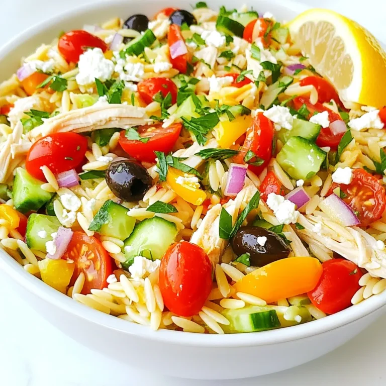 - 1 cup orzo pasta - 2 cups cooked chicken breast, shredded - 1 cup cherry tomatoes, halved - 1 cucumber, diced - 1 bell pepper (any color), diced - 1/2 red onion, finely chopped - 1/2 cup black olives, sliced - 1/2 cup feta cheese, crumbled - 1/4 cup fresh parsley, chopped - 3 tablespoons olive oil - 2 tablespoons lemon juice - 1 teaspoon dried oregano - Salt and pepper to taste This Greek orzo salad packs a punch of flavor and nutrients. Each serving has around 400 calories. You get protein from chicken and feta cheese. The veggies add vitamins and minerals. Healthy fats come from olive oil and olives. This salad is a well-rounded meal. You can switch the orzo for another pasta. Use quinoa for a gluten-free option. Instead of chicken, try chickpeas or tofu. You can swap feta cheese for goat cheese or omit it. Use any bell pepper you like, even spicy ones. For herbs, substitute parsley with basil or mint. {{ingredient_image_1}} To start, you need to cook the orzo pasta. Fill a large pot with water and add a good amount of salt. Bring the water to a boil. Once boiling, add 1 cup of orzo pasta. Cook it for about 8 to 10 minutes or until it is al dente. Stir the pasta occasionally so it does not stick. When it’s ready, drain the pasta in a colander. Rinse it under cold water to stop the cooking. This helps keep the orzo firm. Set the pasta aside for later. Next, let’s prepare the chicken and vegetables. If you do not have cooked chicken, roast or grill some chicken breasts first. Once cooked, shred 2 cups of chicken into bite-sized pieces. In a large mixing bowl, combine the chicken with the other fresh ingredients. Add 1 cup of halved cherry tomatoes, 1 diced cucumber, 1 diced bell pepper, and 1/2 finely chopped red onion. Don’t forget the 1/2 cup of sliced black olives and 1/2 cup of crumbled feta cheese. This mix brings a colorful and tasty twist to your salad. Now it’s time to bring everything together. First, add the cooled orzo pasta to the bowl with the chicken and vegetables. In a small bowl, whisk together 3 tablespoons of olive oil, 2 tablespoons of lemon juice, 1 teaspoon of dried oregano, and a pinch of salt and pepper. This dressing adds great flavor. Pour the dressing over the pasta and other ingredients. Gently toss everything together until all the ingredients are coated. Finally, sprinkle 1/4 cup of chopped fresh parsley on top, and give it one last gentle toss. Taste your salad and adjust the seasoning if needed. Enjoy the fresh, bright flavors! To cook orzo pasta, start with plenty of water. Use a large pot and add salt. Bring it to a boil. Add the orzo and stir. Cook it until it is al dente, which means firm but not hard. It usually takes about 8 to 10 minutes. After cooking, drain the orzo and rinse it under cold water. This stops the cooking and keeps it from getting mushy. Taste your salad as you mix. If it needs more flavor, add a pinch of salt or extra lemon juice. The dressing is key. You can add more olive oil for richness. If you like it spicy, try a dash of red pepper flakes. Fresh herbs can also brighten the dish. Use more parsley or even basil if you want. For a beautiful salad, use a large bowl. Mix the salad gently so it looks nice. You can garnish with fresh parsley on top. A wedge of lemon on the side adds color and flavor. If serving on plates, try to layer the ingredients for a fancy look. This salad is great for lunch or dinner. It can also work as a side dish at parties. Pro Tips Cook Orzo Perfectly: Always cook orzo in salted boiling water and rinse it after draining to stop the cooking process and prevent it from becoming mushy. Use Fresh Ingredients: Opt for fresh vegetables and herbs to enhance the flavors of your salad; fresh parsley and ripe tomatoes make a significant difference. Make Ahead: This salad can be made a few hours in advance; store it in the fridge and add the dressing right before serving for the best texture. Customize Your Salad: Feel free to add other ingredients like avocado or grilled zucchini to make this salad your own; it's versatile and can adapt to your taste! {{image_2}} You can easily make a vegetarian Greek orzo salad. Just skip the chicken. Add more veggies to boost flavor. I suggest using roasted red peppers and artichokes. These add a nice taste and texture. You can also add chickpeas for protein. They are filling and full of nutrients. For a real Mediterranean flair, try adding capers or sun-dried tomatoes. Both add zing to the dish. Fresh herbs like basil or mint can enhance the flavor too. You can also mix in some grilled zucchini or eggplant. These veggies bring a nice depth to your salad. If you want different protein, consider using shrimp or feta cheese. Cooked shrimp adds a nice touch and cooks quickly. You can also use diced tofu for a plant-based option. It soaks up flavors well. Each choice brings its own unique taste to the salad. To keep your Greek Orzo Salad fresh, store it in an airtight container. Place it in the fridge right after serving. The salad tastes best when chilled. It’s safe to eat for up to three days. If you notice any changes in smell or color, toss it. You can freeze Greek Orzo Salad, but it may change in texture. If you want to freeze it, leave out the lettuce and tomatoes. These ingredients do not freeze well. Allow the salad to cool completely before placing it in a freezer-safe bag. Squeeze out as much air as possible to prevent freezer burn. It will last for up to three months in the freezer. The salad stays fresh in the fridge for about three days. When you’re ready to eat it, take it out and let it sit at room temperature for a few minutes. This helps bring back some flavors. If you want to warm it up, do so gently in the microwave. Add a splash of olive oil or lemon juice to refresh the taste. Yes, you can make Greek Orzo Salad ahead of time. It tastes great when chilled. Prepare it a few hours before your meal. This way, the flavors blend well together. Just store it in the fridge until you're ready to serve. If you can't find orzo, use other small pasta shapes. You can try ditalini, or acini di pepe. Quinoa or rice also works well for a gluten-free option. Each choice gives a different texture but still tastes great. The standard recipe is not gluten-free due to orzo. However, you can easily make it gluten-free. Just substitute orzo with gluten-free pasta or quinoa. Both alternatives keep the salad fresh and light. Greek Orzo Salad lasts about 3 to 5 days in the fridge. Store it in an airtight container to keep it fresh. If you notice any changes in smell or color, it’s best to toss it. Enjoy your salad while it's at its best! In this blog post, we explored how to make a Greek Orzo Salad. We covered the key ingredients, their nutritional value, and substitutions. You learned step-by-step cooking instructions, tips for perfecting flavors, and ideas for presentation. We also shared variations, storage info, and answers to common questions. Making this salad is easy and fun. You can create it to match your taste and needs. Enjoy this dish with friends and family. It will surely impress them!