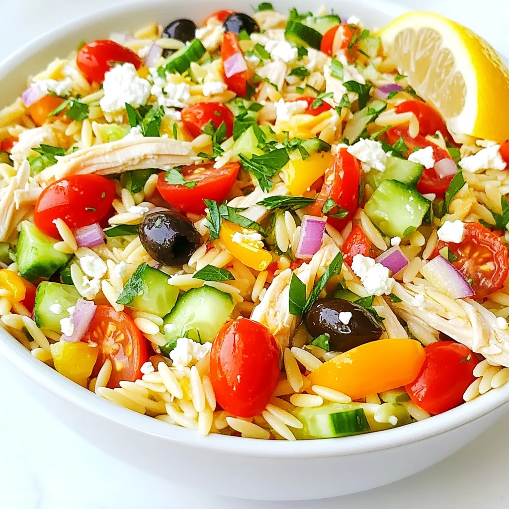 - 1 cup orzo pasta - 2 cups cooked chicken breast, shredded - 1 cup cherry tomatoes, halved - 1 cucumber, diced - 1 bell pepper (any color), diced - 1/2 red onion, finely chopped - 1/2 cup black olives, sliced - 1/2 cup feta cheese, crumbled - 1/4 cup fresh parsley, chopped - 3 tablespoons olive oil - 2 tablespoons lemon juice - 1 teaspoon dried oregano - Salt and pepper to taste This Greek orzo salad packs a punch of flavor and nutrients. Each serving has around 400 calories. You get protein from chicken and feta cheese. The veggies add vitamins and minerals. Healthy fats come from olive oil and olives. This salad is a well-rounded meal. You can switch the orzo for another pasta. Use quinoa for a gluten-free option. Instead of chicken, try chickpeas or tofu. You can swap feta cheese for goat cheese or omit it. Use any bell pepper you like, even spicy ones. For herbs, substitute parsley with basil or mint. {{ingredient_image_1}} To start, you need to cook the orzo pasta. Fill a large pot with water and add a good amount of salt. Bring the water to a boil. Once boiling, add 1 cup of orzo pasta. Cook it for about 8 to 10 minutes or until it is al dente. Stir the pasta occasionally so it does not stick. When it’s ready, drain the pasta in a colander. Rinse it under cold water to stop the cooking. This helps keep the orzo firm. Set the pasta aside for later. Next, let’s prepare the chicken and vegetables. If you do not have cooked chicken, roast or grill some chicken breasts first. Once cooked, shred 2 cups of chicken into bite-sized pieces. In a large mixing bowl, combine the chicken with the other fresh ingredients. Add 1 cup of halved cherry tomatoes, 1 diced cucumber, 1 diced bell pepper, and 1/2 finely chopped red onion. Don’t forget the 1/2 cup of sliced black olives and 1/2 cup of crumbled feta cheese. This mix brings a colorful and tasty twist to your salad. Now it’s time to bring everything together. First, add the cooled orzo pasta to the bowl with the chicken and vegetables. In a small bowl, whisk together 3 tablespoons of olive oil, 2 tablespoons of lemon juice, 1 teaspoon of dried oregano, and a pinch of salt and pepper. This dressing adds great flavor. Pour the dressing over the pasta and other ingredients. Gently toss everything together until all the ingredients are coated. Finally, sprinkle 1/4 cup of chopped fresh parsley on top, and give it one last gentle toss. Taste your salad and adjust the seasoning if needed. Enjoy the fresh, bright flavors! To cook orzo pasta, start with plenty of water. Use a large pot and add salt. Bring it to a boil. Add the orzo and stir. Cook it until it is al dente, which means firm but not hard. It usually takes about 8 to 10 minutes. After cooking, drain the orzo and rinse it under cold water. This stops the cooking and keeps it from getting mushy. Taste your salad as you mix. If it needs more flavor, add a pinch of salt or extra lemon juice. The dressing is key. You can add more olive oil for richness. If you like it spicy, try a dash of red pepper flakes. Fresh herbs can also brighten the dish. Use more parsley or even basil if you want. For a beautiful salad, use a large bowl. Mix the salad gently so it looks nice. You can garnish with fresh parsley on top. A wedge of lemon on the side adds color and flavor. If serving on plates, try to layer the ingredients for a fancy look. This salad is great for lunch or dinner. It can also work as a side dish at parties. Pro Tips Cook Orzo Perfectly: Always cook orzo in salted boiling water and rinse it after draining to stop the cooking process and prevent it from becoming mushy. Use Fresh Ingredients: Opt for fresh vegetables and herbs to enhance the flavors of your salad; fresh parsley and ripe tomatoes make a significant difference. Make Ahead: This salad can be made a few hours in advance; store it in the fridge and add the dressing right before serving for the best texture. Customize Your Salad: Feel free to add other ingredients like avocado or grilled zucchini to make this salad your own; it's versatile and can adapt to your taste! {{image_2}} You can easily make a vegetarian Greek orzo salad. Just skip the chicken. Add more veggies to boost flavor. I suggest using roasted red peppers and artichokes. These add a nice taste and texture. You can also add chickpeas for protein. They are filling and full of nutrients. For a real Mediterranean flair, try adding capers or sun-dried tomatoes. Both add zing to the dish. Fresh herbs like basil or mint can enhance the flavor too. You can also mix in some grilled zucchini or eggplant. These veggies bring a nice depth to your salad. If you want different protein, consider using shrimp or feta cheese. Cooked shrimp adds a nice touch and cooks quickly. You can also use diced tofu for a plant-based option. It soaks up flavors well. Each choice brings its own unique taste to the salad. To keep your Greek Orzo Salad fresh, store it in an airtight container. Place it in the fridge right after serving. The salad tastes best when chilled. It’s safe to eat for up to three days. If you notice any changes in smell or color, toss it. You can freeze Greek Orzo Salad, but it may change in texture. If you want to freeze it, leave out the lettuce and tomatoes. These ingredients do not freeze well. Allow the salad to cool completely before placing it in a freezer-safe bag. Squeeze out as much air as possible to prevent freezer burn. It will last for up to three months in the freezer. The salad stays fresh in the fridge for about three days. When you’re ready to eat it, take it out and let it sit at room temperature for a few minutes. This helps bring back some flavors. If you want to warm it up, do so gently in the microwave. Add a splash of olive oil or lemon juice to refresh the taste. Yes, you can make Greek Orzo Salad ahead of time. It tastes great when chilled. Prepare it a few hours before your meal. This way, the flavors blend well together. Just store it in the fridge until you're ready to serve. If you can't find orzo, use other small pasta shapes. You can try ditalini, or acini di pepe. Quinoa or rice also works well for a gluten-free option. Each choice gives a different texture but still tastes great. The standard recipe is not gluten-free due to orzo. However, you can easily make it gluten-free. Just substitute orzo with gluten-free pasta or quinoa. Both alternatives keep the salad fresh and light. Greek Orzo Salad lasts about 3 to 5 days in the fridge. Store it in an airtight container to keep it fresh. If you notice any changes in smell or color, it’s best to toss it. Enjoy your salad while it's at its best! In this blog post, we explored how to make a Greek Orzo Salad. We covered the key ingredients, their nutritional value, and substitutions. You learned step-by-step cooking instructions, tips for perfecting flavors, and ideas for presentation. We also shared variations, storage info, and answers to common questions. Making this salad is easy and fun. You can create it to match your taste and needs. Enjoy this dish with friends and family. It will surely impress them!