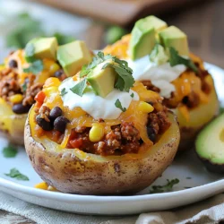 To make Cheesy Taco Potatoes, gather these key ingredients: - 4 large russet potatoes - 1 lb ground beef or turkey - 1 packet taco seasoning - 1 cup shredded cheddar cheese - 1 cup black beans, rinsed and drained - 1 cup corn, frozen or canned - 1 cup salsa - 1/2 cup sour cream or Greek yogurt - 1 avocado, diced - Fresh cilantro, chopped (for garnish) - Salt and pepper to taste - Olive oil for drizzling If you need substitutions for dietary needs, consider these options: - Use ground turkey or chicken for a leaner meat option. - Swap sour cream for Greek yogurt for a healthier twist. - Choose dairy-free cheese for a vegan version. For equipment needed, you will need: - A baking sheet for the potatoes. - A skillet for cooking the meat. - Aluminum foil to wrap the potatoes. - A fork for fluffing the potatoes. These ingredients and tools make the process smooth and fun. Get ready to enjoy a tasty meal! {{ingredient_image_1}} 1. Preheat the oven and prepare potatoes Start by preheating your oven to 425°F (220°C). This step is key for crispy skin. Next, scrub the potatoes well under running water. Use a fork to poke holes in each potato a few times. This prevents them from bursting in the oven. Drizzle olive oil over the potatoes, then sprinkle with salt. Wrap each potato in aluminum foil. Place them directly on the oven rack and bake for 45-60 minutes. You want them tender all the way through. 2. Cooking the ground meat and assembling the filling While the potatoes bake, heat a skillet over medium heat. Add 1 pound of ground beef or turkey to the hot skillet. Cook the meat until it turns brown, breaking it into smaller pieces as it cooks. This helps it cook evenly. After cooking, drain any excess fat from the skillet. Sprinkle the taco seasoning over the meat. Then, mix in 1 cup of black beans, 1 cup of corn, and 1 cup of salsa. Let this cook for 5-7 minutes. This allows all the flavors to meld together. 3. Stuffing the potatoes and melting cheese Once your potatoes are done baking, carefully take them out of the oven. Unwrap the foil and slice each potato lengthwise. Create a pocket for the filling. Use a fork to fluff the insides of the potatoes gently. Now, spoon the taco mixture into each potato. Make sure to fill them generously. Top each stuffed potato with 1 cup of shredded cheddar cheese. Return them to the oven for an additional 5-10 minutes. You want the cheese to melt and get bubbly. When ready, take them out and add a dollop of sour cream, diced avocado, and chopped cilantro on top. Enjoy your Cheesy Taco Potatoes! - How to achieve perfectly baked potatoes Start by preheating your oven to 425°F. Scrub the russet potatoes well under running water. This step removes dirt. Next, poke each potato with a fork several times. This helps steam escape. Drizzle olive oil over the potatoes and sprinkle with salt. Wrap each potato in aluminum foil. Place them directly on the oven rack. Bake for 45 to 60 minutes until tender. A fork should easily pierce them. - Best practices for flavor enhancement To boost flavor, use high-quality taco seasoning. The seasoning blends well with the meat and beans. You can also add garlic powder or onion powder for extra taste. Mixing in black beans and corn adds texture and nutrients. Don’t forget to top with fresh ingredients like avocado and cilantro. These toppings brighten the dish and add freshness. - Tips for preventing soggy potatoes To avoid soggy potatoes, ensure you poke holes in them. This allows moisture to escape. Wrapping them tightly in foil can trap steam, leading to sogginess. If you prefer a crispier skin, skip the foil. Place the potatoes directly on the oven rack. Drizzle olive oil on the skin for added crunch. Lastly, let them cool for a few minutes before serving. This helps maintain their texture. Pro Tips Choose the Right Potatoes: Russet potatoes are ideal for baking due to their fluffy texture, but you can also use Yukon gold for a creamier inside. Customize Your Taco Filling: Feel free to add other ingredients like diced bell peppers, jalapeños, or even different beans for a unique twist on flavor. Perfect Cheese Melting: For a gooey cheese topping, use freshly shredded cheese instead of pre-shredded, which contains anti-caking agents that prevent melting. Serve with Fresh Toppings: Fresh cilantro, diced tomatoes, or sliced jalapeños make great garnishes, adding freshness and a burst of flavor to your dish. {{image_2}} You can easily change this dish to fit your needs. For a vegetarian twist, try using black beans or lentils instead of meat. They add great flavor and texture. If you want a vegan option, swap sour cream for a dairy-free yogurt. You can skip cheese or use a vegan cheese instead. If you prefer a different meat, use ground chicken, turkey, or even pulled pork. Each option brings a unique taste to the dish. Just remember to season it well. You can also customize the toppings. If you like heat, add jalapeños or spicy salsa. If you want it mild, stick with plain salsa and skip the spice. Fresh toppings like diced tomatoes or green onions can also add a nice crunch. Feel free to mix and match. This recipe is all about making it your own! To keep your Cheesy Taco Potatoes fresh, store them in an airtight container. Place them in the fridge. They will stay good for up to three days. If you want to keep them longer, freeze them. Wrap each potato in plastic wrap, then place them in a freezer bag. This way, they can last for up to three months. When you want to eat your leftovers, reheating is key. For the best results, use an oven. Preheat it to 350°F (175°C). Unwrap the potatoes and place them on a baking sheet. Heat for about 15-20 minutes. Check if the insides are warm. If you want, you can also reheat them in the microwave. Just cover them with a damp paper towel and heat for 2-3 minutes. The shelf life of each ingredient varies. Cooked ground beef or turkey lasts about three to four days in the fridge. Black beans and corn can stay fresh for about four to five days. Salsa and sour cream last a week. Always check for signs of spoilage before eating. You can prep the taco filling in advance. Cook the meat, beans, corn, and salsa together. Store this mix in the fridge. To prepare the potatoes, you can bake them early too. Just reheat them before serving. This makes it easy to enjoy Cheesy Taco Potatoes on busy days. Yes, sweet potatoes work well! They add a nice sweetness. Just adjust the baking time since sweet potatoes may cook faster. The flavor is different but still delicious. You can enjoy Cheesy Taco Potatoes with a fun twist. These potatoes shine on their own. But, you can pair them with a fresh salad. A side of guacamole or salsa adds more flavor. You could also serve them with tortilla chips for crunch. These options will make your meal even more enjoyable. Cheesy Taco Potatoes are fun and easy to make. We covered key ingredients, cooking steps, and tips to help you succeed. There are also variations for different diets and meat choices. Remember to store your leftovers well for the best taste later. Now, you can enjoy delicious meals while fitting your needs. Experiment with flavors and make this dish your own. Happy cooking!