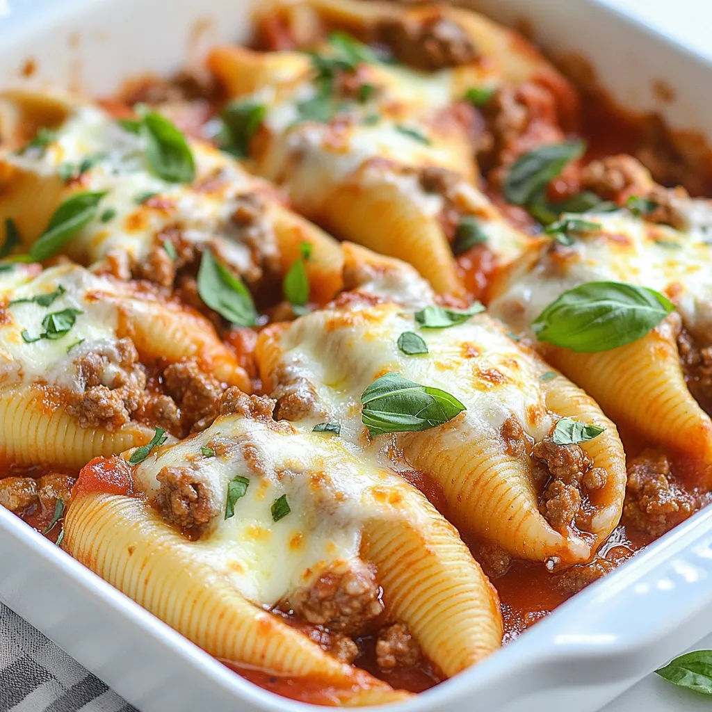 - 20 jumbo pasta shells - 1 cup ricotta cheese - 1 cup shredded mozzarella cheese - 1/2 cup grated Parmesan cheese - 1 pound ground beef - 1 small onion, finely chopped - 2 cloves garlic, minced - 1 can (15 oz) marinara sauce - 1 teaspoon dried oregano - 1 teaspoon dried basil - Salt and pepper to taste - Fresh basil leaves for garnish Gathering the right ingredients is key to making stuffed shells. Start with jumbo pasta shells. They should be large enough to hold all your tasty fillings. Next, you'll need ricotta cheese. This cheese adds a creamy texture and rich flavor. Shredded mozzarella and grated Parmesan bring extra cheesy goodness. For the meat, ground beef works best here. It gives a nice savory punch. You will also need a small onion and some garlic. These add great flavor to the beef mixture. Don't forget the marinara sauce, which ties everything together with its rich taste. To spice up the dish, you will add dried oregano and dried basil. They bring a nice herbal note. Lastly, use salt and pepper to taste, and fresh basil leaves for a pretty garnish. With these ingredients, you are all set to create a delicious meal! {{ingredient_image_1}} - Cooking the Pasta Shells Start by boiling water in a large pot. Add a pinch of salt for flavor. Cook the jumbo pasta shells according to the package instructions. Aim for al dente, which means they should be firm but cooked. This usually takes about 9-12 minutes. Once cooked, drain the shells and set them aside to cool. - Sautéing Onion and Garlic While the shells cool, heat a teaspoon of olive oil in a large skillet over medium heat. Add the finely chopped onion first. Sauté the onion for about 3-4 minutes until it’s soft and translucent. Then, add the minced garlic and cook for one more minute. This mix adds a great base flavor. - Browning the Ground Beef Next, add one pound of ground beef to the skillet. Use a wooden spoon to break it up. Cook the beef until it turns brown. This should take about 5-7 minutes. Make sure to drain any excess fat after browning. - Adding Seasonings Now, season the beef with one teaspoon of dried oregano, one teaspoon of dried basil, salt, and pepper. Stir well to combine. This step adds depth to the flavor of your dish. - Filling the Pasta Shells Remove the skillet from heat. Stir in one cup of ricotta cheese, half of the shredded mozzarella cheese, and half of the grated Parmesan cheese. Mix until it’s smooth. Then, take about 2 tablespoons of this mixture and stuff each pasta shell. - Arranging in Baking Dish Spread a thin layer of marinara sauce on the bottom of a 9x13-inch baking dish. Place the stuffed shells neatly in the dish. Make sure they fit well and don’t touch too much. - Covering with Marinara Sauce Pour the remaining marinara sauce over the stuffed shells. Ensure they are well coated. This keeps the shells moist while baking. - Baking Time and Temperature Preheat your oven to 350°F (175°C). Cover the baking dish with aluminum foil. Bake for 25 minutes. After that, remove the foil and bake for an additional 10-15 minutes. Look for the cheese to be bubbly and golden brown. - Cooking Pasta Shells Al Dente: Cook the jumbo pasta shells until they are firm to the bite. This keeps them from getting mushy when baking. Follow the package instructions closely for the best results. - Cheese Combinations for Flavor: Use a mix of ricotta, mozzarella, and Parmesan. This blend gives a rich taste and creamy texture. The mozzarella melts beautifully, while Parmesan adds a nice sharpness. - Overcooking the Beef: Cook the ground beef just until browned. If you cook it too long, it can become dry. Drain excess fat right away to keep the filling moist. - Skipping the Cooling Time: Let the pasta shells cool before stuffing. If they are too hot, the filling can melt and become messy. Cooling helps the shells hold their shape when filled. - Serving Suggestions: Place each stuffed shell on a plate with a spoonful of marinara. This adds color and moisture. You can also serve with a side salad for a complete meal. - Using Fresh Herbs for Garnish: Fresh basil leaves on top make the dish look inviting. They also add a fresh flavor that enhances the meal. Just sprinkle them on right before serving. Pro Tips Perfectly Cooked Pasta: Ensure your jumbo shells are cooked al dente, as they will continue to cook while baking in the oven. Flavor Boost: Add some crushed red pepper flakes to the ground beef mixture for an extra kick of flavor! Cheese Variations: Feel free to mix in different cheeses like ricotta or fontina for a unique taste. Make Ahead: Assemble the stuffed shells a day in advance and refrigerate them. Just add a few extra minutes to the baking time. {{image_2}} You can get creative with your stuffed shells! A great option is a vegetarian version with spinach. To make this, simply replace the ground beef with fresh or frozen spinach. You can also add ricotta, mozzarella, and some herbs for flavor. This mix offers a nice, healthy twist. Another tasty option is to use chicken or turkey instead of beef. Cook the meat in the same way you would with beef. Shred or chop it, then mix it with the cheeses and spices. This keeps the dish light while still packing in great flavor. While marinara sauce works wonders, you can switch it up! Try using Alfredo sauce instead. This creamy option pairs perfectly with the cheesy filling. Just pour it over the stuffed shells before baking. If you want to make your own sauce, a simple homemade tomato sauce is a must-try. Cook down fresh tomatoes with garlic, onion, and your favorite herbs. This fresh sauce will add a burst of flavor to the dish. Experiment with these variations to find your favorite! To keep your stuffed shells fresh, store them in the fridge. Place any leftover shells in an airtight container. They can last up to three days this way. Make sure to cover them with marinara sauce to keep them moist. For freezing, let the stuffed shells cool completely. Arrange them in a single layer on a baking sheet. Once they freeze solid, transfer them to a freezer-safe bag. They can last up to three months in the freezer. The best way to reheat stuffed shells is in the oven. Preheat your oven to 350°F (175°C). Place the shells in a baking dish. Cover with foil to keep them from drying out. Heat for about 20 minutes. You can also use a microwave for quicker reheating. Place one or two shells on a microwave-safe plate. Cover with a damp paper towel. Heat for 1-2 minutes, checking often to avoid overheating. Yes, you can make stuffed shells ahead of time. Prepare the shells and fill them with the ricotta-beef mixture. Place them in a baking dish and cover with sauce. You can cover the dish and store it in the fridge for up to 24 hours. When ready to bake, just pop it in the oven. If you freeze them, let them thaw in the fridge overnight before baking. If you don’t have ricotta cheese, you can use cottage cheese. Blend it slightly for a smoother texture. Cream cheese also works well if you mix it with a bit of milk. You can even use mascarpone for a richer taste. Each option adds a unique flavor to the dish. Stuffed shells are fully cooked when they are hot and bubbly. After baking for 25 minutes, check the cheese on top. It should be melted and slightly golden. You can also insert a fork into a shell. If it is warm all the way through, it's ready to serve. Absolutely! You can use gluten-free jumbo pasta shells. Many brands offer great options. Just be sure to follow the cooking instructions on the package. Gluten-free pasta may cook faster, so keep an eye on it to avoid overcooking. Stuffed shells with ricotta and beef are simple and delicious. We covered the key ingredients, like jumbo pasta shells and ricotta cheese, and walked through each step, from cooking to baking. Remember to cook the shells al dente and to let the beef cool before using. You can even explore different fillings like spinach or use Alfredo sauce for a twist. Store leftovers properly and reheat them carefully. Enjoy making this fun and tasty dish that the whole family will love!