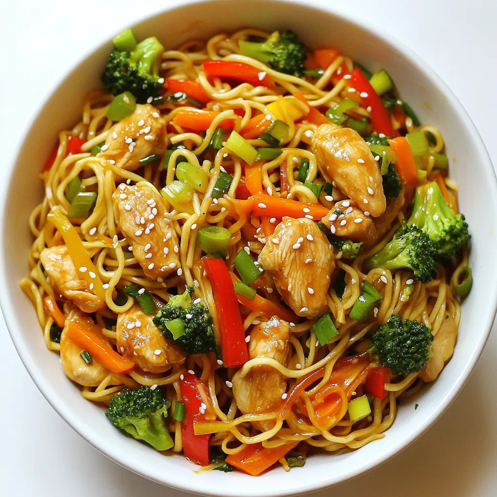 - 200g chicken breast, sliced thinly - 200g egg noodles - 1 tablespoon sesame oil - 1 tablespoon ginger, grated - 2 cloves garlic, minced - 1 red bell pepper, sliced - 1 cup broccoli florets - 1 medium carrot, julienned - 3 spring onions, chopped - 3 tablespoons soy sauce - 1 tablespoon honey - 1 tablespoon rice vinegar - 1 tablespoon sesame seeds - Salt and pepper to taste Using fresh ingredients makes a big difference. Choose bright, colorful vegetables. Look for firm chicken that has no strange odor. High-quality soy sauce adds depth to the flavor. Organic honey and rice vinegar enhance taste without artificial additives. You can swap chicken for tofu or shrimp for a different taste. Instead of egg noodles, try rice noodles or whole wheat noodles. If you have no sesame oil, use olive oil or vegetable oil. For a gluten-free option, use tamari instead of soy sauce. {{ingredient_image_1}} First, cook the egg noodles. Follow the package instructions closely. Boil water in a pot. Once boiling, add the noodles. Cook them until they are soft, usually about 4-5 minutes. Drain the noodles and set them aside. This step is key because it builds the foundation of your dish. Now, let’s prepare the chicken and aromatics. Thinly slice the chicken breast. This helps it cook evenly. Next, grate the ginger and mince the garlic. These add great flavor to your stir-fry. You can use a microplane for the ginger. It makes it easier to grate. In a large frying pan or wok, heat sesame oil over medium-high heat. Once hot, add the minced garlic and grated ginger. Stir them for about 30 seconds. This will release their aroma. Add the sliced chicken to the pan. Stir-fry for about 5-6 minutes. Cook it until golden and no longer pink. Next, toss in the red bell pepper, broccoli florets, and julienned carrot. Stir-fry these for about 3-4 minutes. You want the veggies tender but still crisp. This adds nice texture to your meal. In a small bowl, whisk together soy sauce, honey, and rice vinegar. Pour this sauce over the chicken and veggies. Toss everything to coat well. Then add the cooked egg noodles to the pan. Mix everything thoroughly. Let it heat through for about 2 minutes. This step ensures the flavors blend nicely. Season the stir-fry with salt and pepper to taste. Sprinkle sesame seeds on top for crunch. This adds a lovely finish. Before serving, garnish with chopped spring onions. Serve the stir-fry in deep bowls. This makes it look vibrant and inviting. Enjoy your meal! For a great stir-fry, always start with a hot pan. Heat your sesame oil until it shimmers. This helps to cook the chicken quickly. When you add the garlic and ginger, stir them fast. You want them to smell good but not burn. Keep everything moving in the pan. This keeps the chicken juicy and the veggies crisp. For best results, cook in batches if your pan is small. The sauce is key to this dish. For extra depth, try adding a splash of chili sauce. A pinch of five-spice powder can also add warmth. If you like sweet flavors, add more honey. Mix the sauce well before pouring it over the stir-fry. This ensures every bite is packed with flavor. Don’t forget to taste as you go. Adjust the soy sauce to suit your salt preference. Presentation matters! Serve your stir-fry in deep bowls. This makes it look more inviting. Top with extra sesame seeds and spring onions. A sprinkle of fresh herbs can brighten the dish, too. Consider using colorful bowls to enhance the meal's look. The vibrant colors of the red pepper and broccoli pop against the noodles. Make it a feast for the eyes as well as the belly! Pro Tips Marinate the Chicken: For enhanced flavor, marinate the sliced chicken in a mixture of soy sauce, honey, and ginger for 30 minutes before cooking. Use Fresh Vegetables: Fresh vegetables not only taste better but also provide more nutrients. Choose vibrant, seasonal produce for the best stir fry. Customize Your Noodles: Feel free to substitute egg noodles with rice noodles or whole wheat noodles depending on your dietary preferences. Control the Heat: Adjust the cooking heat based on your stove's capability; high heat is essential for a good stir-fry, but be careful not to burn the garlic. {{image_2}} You can easily make this dish vegetarian or vegan. Instead of chicken, use tofu or tempeh. Both soak up flavors well and add protein. Choose firm tofu for a better texture. For a vegan sauce, replace honey with maple syrup or agave. This keeps the sweetness while staying plant-based. If you want to switch proteins, try shrimp, beef, or pork. Shrimp cooks fast and adds a nice taste. If using beef, go for thin slices of flank steak. Pork also works great, especially tenderloin. Each protein gives a unique flavor while keeping the dish balanced. You can change the veggies based on your likes. Snap peas, bell peppers, or mushrooms add crunch and flavor. Try zucchini or asparagus for a fresh twist. Use what you have at home. Mixing in colorful veggies makes the dish more appealing and nutritious. Store any leftover stir fry in an airtight container. Place it in the fridge. It stays fresh for 3 to 4 days. Make sure to let it cool before sealing it up. This helps keep the texture nice. To reheat the stir fry, use the stovetop for best results. Heat a pan over medium heat. Add a splash of water or oil to keep it moist. Stir it often until it is hot. You can also use a microwave. Heat it in short bursts. Stir in between to heat evenly. You can freeze the stir fry if you want to save it for later. Use a freezer-safe container. Make sure it is fully cooled before you freeze it. It can last up to 2 months in the freezer. When ready to eat, thaw it in the fridge overnight. Reheat as mentioned above. The best noodles for this dish are egg noodles. They cook quick, and their slight chewiness pairs well with the stir-fry. You can also use rice noodles or soba noodles if you prefer a gluten-free option. Just make sure to follow the cooking times on the package. This will help keep your noodles perfect, not mushy. To add spice, try including sliced jalapeños or a dash of red pepper flakes. You can also use a spicy sauce like sriracha. Mix it into your sauce for a nice kick. Start with a small amount and taste as you go. This way, you can control the heat level to your liking. Yes, you can prep some parts ahead. Cook the chicken and veggies and store them in the fridge. You can also make the sauce ahead of time. When you're ready to eat, just heat everything in a pan and add your cooked noodles. This makes for a quick and easy meal. This dish is great on its own, but you can pair it with some steamed rice or a simple salad. A cucumber salad with sesame dressing works well. You can also serve it with spring rolls or dumplings for a fun meal. Store leftovers in an airtight container. They will keep in the fridge for about three days. When you're ready to eat, reheat in a pan over medium heat. You can add a splash of water or soy sauce to help revive the flavors. Enjoy your tasty leftovers! In this article, we covered key ingredients, cooking steps, and tasty tips for making Sesame Ginger Chicken Noodle Stir Fry. We highlighted ingredient quality, cooking methods, and ways to customize your dish. I shared storage tips to keep your meals fresh. Creating this stir-fry is simple, fun, and rewarding. You can impress family or friends with your skills. Experiment with flavors and enjoy your creations. Cooking can be your best way to share love through food. Enjoy every bite!