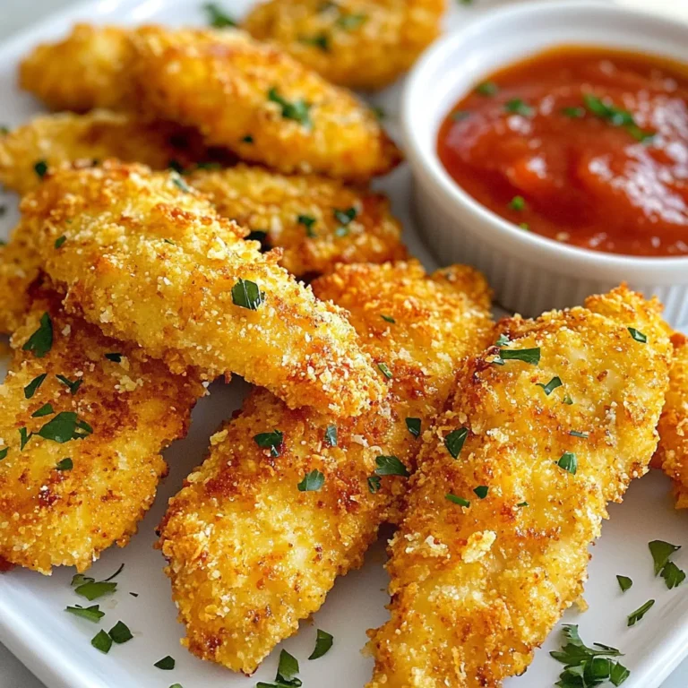 To make Garlic Parmesan Chicken Tenders, you will need: - 1 pound chicken tenders - 1 cup breadcrumbs (panko for extra crunch) - 1/2 cup grated Parmesan cheese - 3 cloves garlic, minced - 2 large eggs - 1 teaspoon Italian seasoning - 1/2 teaspoon paprika - Salt and pepper to taste - 1/4 cup fresh parsley, chopped (for garnish) - Cooking spray or olive oil for baking You can swap some ingredients if needed: - Use chicken breasts cut into strips instead of tenders. - Substitute regular breadcrumbs for panko, but panko gives more crunch. - If you don’t have Parmesan, try using mozzarella or another cheese. - You can use garlic powder instead of fresh garlic for a faster option. - Feel free to change Italian seasoning with your favorite herbs. Each serving of Garlic Parmesan Chicken Tenders has: - Calories: 300 - Protein: 28 grams - Carbohydrates: 20 grams - Fat: 15 grams - Fiber: 1 gram - Sodium: 500 mg This dish is a tasty way to enjoy chicken while keeping it simple and healthy. {{ingredient_image_1}} To make Garlic Parmesan Chicken Tenders, start by gathering your ingredients. You will need: - 1 pound chicken tenders - 1 cup breadcrumbs (panko for extra crunch) - 1/2 cup grated Parmesan cheese - 3 cloves garlic, minced - 2 large eggs - 1 teaspoon Italian seasoning - 1/2 teaspoon paprika - Salt and pepper to taste - 1/4 cup fresh parsley, chopped (for garnish) - Cooking spray or olive oil for baking First, preheat your oven to 400°F (200°C). Line a baking sheet with parchment paper. Lightly spray it with cooking spray or drizzle with olive oil. In a shallow bowl, mix the breadcrumbs, Parmesan cheese, minced garlic, Italian seasoning, paprika, salt, and pepper. Stir it well to combine. In another bowl, whisk the eggs until they are fully combined. Now, take each chicken tender and dip it into the egg mixture. Let any excess egg drip off. Next, coat the tender in the breadcrumb mix. Press gently to make sure the coating sticks. Place the coated tenders on your prepared baking sheet. Once all the chicken tenders are coated, lightly spray the tops with cooking spray or drizzle a little olive oil. This helps them crisp up while baking. Bake in your preheated oven for about 20-25 minutes. Make sure to flip the tenders halfway through cooking for even browning. You want them golden brown and cooked through. To get perfectly crispy chicken tenders, use panko breadcrumbs. They add extra crunch. Make sure to coat each tender well. Press down on the breadcrumbs to help them stick. Also, spraying the tops with cooking spray is key. This will create a crispy layer while baking. If you want more flavor, add extra spices to the breadcrumb mix. Enjoy your crispy, golden Garlic Parmesan Chicken Tenders! To keep chicken tenders moist, choose fresh chicken. Use chicken that is not frozen. For added flavor and moisture, brine the chicken for a few hours. A simple brine mix includes salt and water. This step makes the chicken juicier. Also, don't overcook them. The ideal internal temperature is 165°F (74°C). Use a meat thermometer for best results. For the best coating, use panko breadcrumbs. They create a crunchier texture. Combine them with Parmesan cheese and spices for flavor. Make sure to coat each tender evenly. Dip the chicken in the egg wash first. This helps the breadcrumbs stick. Press the breadcrumbs onto the chicken firmly. This ensures a thick, tasty layer. Serve these chicken tenders on a large platter. Add a bowl of marinara or ranch dressing for dipping. This makes the meal fun and interactive. For a pop of color, sprinkle fresh parsley on top. Pair the tenders with a simple salad or roasted veggies. This adds balance to your meal. Enjoy these tenders as a snack or a light dinner. Pro Tips Use Panko Breadcrumbs: For an extra crunch, opt for panko breadcrumbs instead of regular ones. They create a delightful crispy texture. Season the Chicken: For enhanced flavor, season the chicken tenders with salt and pepper before breading them. Flip for Even Cooking: Remember to flip the chicken tenders halfway through baking to ensure they brown evenly on both sides. Let Them Rest: Allow the chicken tenders to cool slightly after baking before serving. This helps maintain their juiciness. {{image_2}} You can add some heat to your chicken tenders. To make spicy garlic Parmesan chicken tenders, mix cayenne pepper or crushed red pepper flakes into your breadcrumb mix. Use about 1 teaspoon for a mild kick. Adjust to your taste for more heat. This spicy twist adds a fun flavor. The garlic still shines through, and the Parmesan adds a nice touch. If you need a gluten-free option, swap the breadcrumbs. Use gluten-free panko or crushed cornflakes instead. They will give you the same crunch. Make sure to check that the Parmesan cheese is gluten-free. These small changes keep the dish tasty while being kind to your diet. You don’t have to bake the chicken tenders. You can air fry them for a crispier result. Preheat your air fryer to 400°F (200°C). Cook the chicken for about 10-12 minutes, flipping halfway through. If you prefer pan-frying, heat oil in a skillet over medium heat. Fry the tenders for about 5-6 minutes on each side until golden brown. Both methods give you a tasty and crispy treat! To store leftovers, let the chicken tenders cool first. Place them in an airtight container. Keep them in the fridge for up to three days. Make sure to separate layers with parchment paper. This prevents them from sticking together. To reheat, preheat your oven to 350°F (175°C). Place the chicken tenders on a baking sheet. Bake for about 10 to 15 minutes. This helps them stay crispy. You can also use an air fryer for quick reheating. Set it to 350°F (175°C) and cook for about 5 to 7 minutes. If you want to freeze them, do so before baking. Place the coated tenders on a baking sheet. Freeze them for about an hour until firm. Then, transfer them to a freezer bag. Remove as much air as possible. They can last up to three months in the freezer. When ready to cook, bake from frozen, adding a few extra minutes to the cooking time. Yes, you can use chicken breasts. Cut them into strips that are about the same size as tenders. This helps them cook evenly. Remember, chicken breasts may need a bit longer to bake. Check for an internal temperature of 165°F (75°C) to ensure they are safe to eat. To make your chicken tenders extra crispy, use panko breadcrumbs. Panko gives a great crunch. Also, don't skip the cooking spray or olive oil. A light spray on top helps them crisp up nicely. Flip the tenders halfway through baking for even crispiness. Many side dishes pair well with these tenders. Here are some tasty options: - French fries: Classic and always a hit. - Coleslaw: Adds a nice crunch and freshness. - Garlic bread: A delicious way to complement the garlic flavor. - Steamed vegetables: For a healthy balance. - Marinara sauce: Great for dipping and adds a rich flavor. Try different sides to find your favorite mix! This blog post outlined how to make Garlic Parmesan Chicken Tenders. We covered ingredients, steps, tips, and variations. You learned how to keep them moist and crispy. I offered options for gluten-free and spicy versions. Storing and reheating tips will help you enjoy leftovers. Now, you can create a tasty dish that fits your needs. Try these methods and enjoy your meal!