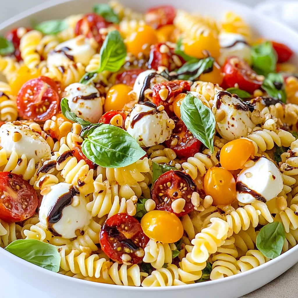 To make a bright and fresh Caprese pasta salad, gather these key ingredients: - 12 ounces fusilli or rotini pasta - 1 cup cherry tomatoes, halved - 1 cup fresh mozzarella balls (bocconcini), halved - 1 cup fresh basil leaves, torn - 1/2 cup sun-dried tomatoes, chopped - 1/4 cup pine nuts, toasted - 1/4 cup balsamic glaze - 3 tablespoons extra virgin olive oil - Salt and pepper to taste - Zest of 1 lemon - 1 tablespoon lemon juice Each ingredient plays a role in creating a tasty dish. The pasta provides a hearty base. Cherry tomatoes add juiciness and color. Fresh mozzarella gives a creamy texture. Basil offers a fragrant touch. Sun-dried tomatoes bring a rich, tangy flavor. Pine nuts add crunch. The dressing balances the whole salad with sweet and tangy notes. You can easily customize this salad with a few optional ingredients: - Arugula or spinach for extra greens - Grilled chicken or shrimp for protein - Avocado for creaminess - Olives for a briny kick - Capers for added flavor Feel free to mix and match these options. They can change the flavor and texture. This makes your Caprese pasta salad unique to your taste. A serving of Caprese pasta salad is not just tasty; it is also good for you. Here’s a quick look at the nutritional benefits: - High in vitamins from tomatoes and basil - Good source of healthy fats from olive oil and pine nuts - Provides carbohydrates from pasta for energy - Contains protein from mozzarella This salad can serve as a light meal or a side dish. Its bright flavors and wholesome ingredients make it a great choice for any meal. {{ingredient_image_1}} To start, you need to cook the pasta. I like to use fusilli or rotini. Boil a large pot of salted water. Once it boils, add the pasta. Cook until it is al dente, which takes about 8-10 minutes. After that, drain the pasta. Rinse it under cold water to stop the cooking. This helps keep the pasta firm and fresh. While the pasta cooks, let’s make the dressing. In a small bowl, whisk together a few ingredients. Combine balsamic glaze, extra virgin olive oil, lemon zest, and lemon juice. Add salt and pepper for flavor. Mix until everything blends well. Set the dressing aside for now. It will add a nice touch to the salad. Now comes the fun part! In a large mixing bowl, add the cooled pasta. Then, toss in cherry tomatoes, halved mozzarella balls, torn basil leaves, chopped sun-dried tomatoes, and toasted pine nuts. These ingredients bring color and flavor. Drizzle your dressing over the salad. Toss gently until all ingredients get coated. Taste and adjust the seasoning with salt and pepper. Let the salad rest for 15-30 minutes. This waiting time helps the flavors mix and deepen. You can serve Caprese pasta salad as a light main dish or a side. It pairs well with grilled chicken or fish. For a picnic, pack it in a jar for easy transport. You can also add extra basil leaves for a fresh touch. Drizzle more balsamic glaze right before serving for added flavor. To get the most flavor, let the salad sit at room temperature for at least 15 minutes. This helps the ingredients blend. Use high-quality balsamic glaze and olive oil for a richer taste. Always taste and adjust salt and pepper to your liking. Mixing in lemon zest brightens up the dish and adds freshness. One mistake is overcooking the pasta. It should be al dente for the best texture. Another mistake is not rinsing the pasta after cooking, which can make it sticky. Don't skip letting the salad sit before serving. This step enhances the flavors. Lastly, ensure you use fresh ingredients for the best taste. Pro Tips Choose the Right Pasta: Fusilli or rotini are ideal for this salad as their shape holds onto the dressing and ingredients well, ensuring every bite is flavorful. Fresh Ingredients Matter: Use fresh basil, ripe cherry tomatoes, and quality mozzarella for the best taste. Fresh ingredients enhance the overall flavor profile of the salad. Toast Your Nuts: Toasting the pine nuts before adding them to the salad brings out their natural oils and enhances their flavor, adding a delightful crunch to the dish. Let It Rest: Allowing the salad to sit for 15-30 minutes before serving helps the flavors meld together, resulting in a more cohesive and delicious dish. {{image_2}} You can boost the protein in your Caprese pasta salad by adding chicken or tofu. Grilled chicken adds a nice flavor and texture. Simply cook it until golden brown and slice it thinly. For a plant-based option, use firm tofu. Press out the water, then cube and grill or sauté until crispy. Mix your chosen protein into the salad when you combine the pasta and veggies. This makes the dish heartier and more filling. To make this dish vegan, swap out the mozzarella for a plant-based cheese. Look for brands that offer vegan mozzarella. You can also add avocado for creaminess. It adds a nice touch and pairs well with the other flavors. Use a vegan balsamic glaze, or make your own with balsamic vinegar and maple syrup. These swaps keep the salad fresh and tasty while meeting your dietary needs. Change up your ingredients based on the season for fresh flavors. In spring, add peas or asparagus to your salad. In summer, try using ripe heirloom tomatoes for sweetness. Fall brings great options like roasted butternut squash, which adds warmth. In winter, mix in roasted Brussels sprouts for a hearty touch. Adjusting the ingredients with the seasons keeps your Caprese pasta salad exciting and delicious. To keep your Caprese Pasta Salad fresh, store it in an airtight container. Place it in the fridge. It will stay tasty for up to three days. When you store it, try to avoid adding the dressing until you serve it. This helps keep the pasta firm and the flavors bright. Freezing Caprese Pasta Salad is not the best choice. The fresh ingredients can lose their texture. However, you can freeze the plain pasta. Cook and cool it, then place it in a freezer bag. It will keep for up to a month. When you're ready to use it, thaw it in the fridge overnight. If you have leftover pasta, gently reheat it on the stove. Use low heat and add a splash of olive oil to prevent sticking. Stir often to warm it evenly. Avoid microwaving, as it can make the pasta mushy. Add fresh basil and a drizzle of balsamic glaze before serving for a fresh taste. Fusilli and rotini work great for this salad. Their shapes hold the dressing well. You can also use penne or farfalle if you like. Choose your favorite! Yes, you can make it ahead. Prepare the salad a few hours before serving. Just keep it in the fridge. Let it sit at room temperature for a bit before serving. This will help the flavors shine. If you can't find fresh mozzarella, use regular mozzarella. Feta cheese is another tasty option. You can also try goat cheese for a creamy twist. Each choice adds a unique taste to your salad. Caprese Pasta Salad combines fresh ingredients and vibrant flavors. We explored essential and optional ingredients, plus nutritional benefits. I shared easy cooking steps, tips, and tasty variations. Remember to customize your salad for your taste. For great results, avoid common mistakes. Store leftovers properly to enjoy later. With these insights, you can create a fresh dish anytime. Enjoy your Caprese Pasta Salad adventure!