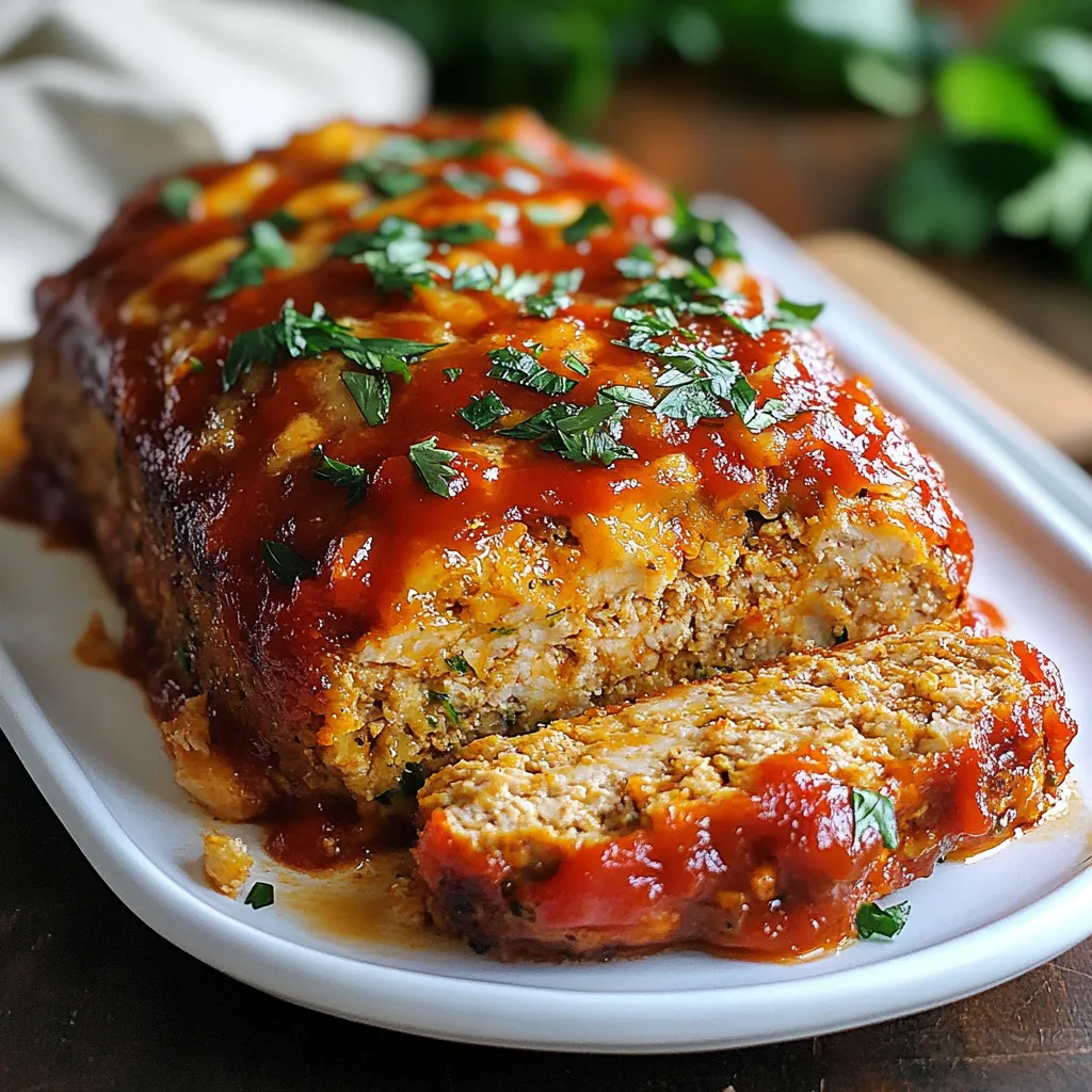 To make this tasty garlic parmesan chicken meatloaf, you will need: - 1 lb ground chicken - 1 cup breadcrumbs (preferably whole wheat) - 1/2 cup grated Parmesan cheese - 1/4 cup fresh parsley, chopped - 2 large eggs - 3 cloves garlic, minced - 1 small onion, finely chopped - 1 teaspoon dried Italian herbs (oregano, thyme, basil) - 1 teaspoon salt - 1/2 teaspoon black pepper - 1/4 cup milk - 1/4 cup marinara sauce (for topping) If you want to switch things up, here are some great swaps: - Ground chicken can be replaced with ground turkey for a leaner option. - Use panko breadcrumbs if you like a crunchier texture. - You can replace Parmesan cheese with cheddar or mozzarella for a different flavor. - If you don’t have fresh parsley, dried parsley works just fine. - For a dairy-free version, try almond milk in place of regular milk. Here are some tips to get the best results: - Always preheat your oven. This helps cook the meatloaf evenly. - Mix the ingredients gently. Overmixing makes the meatloaf tough. - Shape the meatloaf into a rounded top. This helps it cook evenly. - Don’t skip the marinara sauce on top. It keeps the meatloaf moist and adds flavor. - Let the meatloaf rest before slicing. This helps it hold its shape when you cut it. These simple tips will help you create a delicious and flavorful chicken meatloaf. Enjoy making this dish! {{ingredient_image_1}} Start by preheating your oven to 350°F (175°C). This temperature helps the meatloaf cook evenly. Next, lightly grease a loaf pan with oil or cooking spray. This step prevents the meatloaf from sticking. You want it to slide out easily after cooking. In a large mixing bowl, combine the ground chicken, breadcrumbs, and grated Parmesan cheese. Next, add the chopped parsley, minced garlic, and chopped onion. Mix in the eggs, dried Italian herbs, salt, black pepper, and milk. Use your hands or a spoon to mix the ingredients well. Make sure everything is combined but don’t overmix. Overmixing makes the meatloaf tough. Transfer the mixture into your greased loaf pan. Shape it into a loaf form with your hands. This shape helps it cook evenly. Take the marinara sauce and spread it over the top of the meatloaf. The sauce keeps it moist as it bakes. Place the loaf pan in the oven and bake for 45-55 minutes. Use a meat thermometer to check the internal temperature. It should reach 165°F (75°C). Once it’s done, let the meatloaf rest for about 10 minutes. This step makes it easier to slice. To keep your meatloaf moist, start with fresh ingredients. Ground chicken can dry out easily. Use a mixture of breadcrumbs and milk to help. These ingredients add moisture and flavor. Avoid overmixing the meatloaf. Mix just until combined. This helps keep it tender. Lastly, spread marinara sauce on top before baking. This adds extra moisture as it cooks. For a great texture, use whole wheat breadcrumbs. They help bind the meatloaf well. Adding eggs is also key. They hold the mixture together and add richness. Chopping onion and garlic finely helps them blend into the meatloaf. This way, you get even flavor in every bite. If the mixture feels too dry, add a little extra milk. This simple step can make a big difference. Pair your meatloaf with sides that complement its flavors. Roasted vegetables work nicely, adding color and crunch. A simple green salad brings freshness. Consider mashed potatoes for a classic touch. You could also serve it with garlic bread. Each side enhances the meal, making it more enjoyable. Feel free to get creative with your choices! Pro Tips Use Fresh Ingredients: Fresh garlic and herbs will elevate the flavor of your meatloaf, making it more aromatic and delicious. Don’t Overmix: Mix the ingredients just until combined to keep the meatloaf tender and prevent it from becoming dense. Rest Before Slicing: Allow the meatloaf to rest for at least 10 minutes after baking. This helps the juices redistribute, resulting in a moister slice. Try Different Toppings: Experiment with different sauces on top, such as BBQ sauce or a cheese layer, for a twist on the classic flavor. {{image_2}} You can boost the taste of your meatloaf by adding vegetables. Chopped bell peppers bring sweetness. Grated carrots add moisture and a hint of earthiness. Spinach, when finely chopped, gives a nice green color and packs in nutrients. Just remember to chop them small. This helps them mix well and cook evenly in your meatloaf. While Parmesan shines in this recipe, you can try other cheeses. Mozzarella melts beautifully, making the meatloaf gooey and rich. Cheddar offers a sharp flavor that many love. If you want a tangy touch, goat cheese works great too. Mixing different cheeses can create unique tastes and textures, so feel free to experiment! If you enjoy heat, add red pepper flakes or diced jalapeños. This brings a spicy kick to your dish. For a fresh taste, try adding herbs like cilantro or dill. Each herb can change the meatloaf's flavor profile, giving it a fun twist. Play around with these ideas to suit your taste buds! Storing leftovers is easy and keeps the meatloaf fresh. First, let the meatloaf cool to room temperature. Then, wrap it tightly in plastic wrap or aluminum foil. You can also place it in an airtight container. Store it in the fridge for up to three days. This keeps the flavor intact and ready for your next meal. When it's time to enjoy your leftovers, reheat the meatloaf properly. Preheat your oven to 350°F (175°C). Place the meatloaf in a baking dish. Add a splash of water or broth to keep it moist. Cover it with foil to avoid drying out. Heat for about 20-25 minutes until warmed through. You can also use the microwave if you're short on time. Just heat in short bursts, checking often to avoid overcooking. Freezing meatloaf is a smart way to save time. If you have extra meatloaf, let it cool completely. Slice it into individual portions for easy meals. Wrap each slice in plastic wrap, then place in a freezer bag. Label with the date and freeze for up to three months. To thaw, place it in the fridge overnight. Reheat as mentioned above for a quick, tasty dinner. Yes, you can use ground turkey. It has a similar texture and taste. Turkey might be a bit drier, so add more milk or a little oil to keep it moist. This swap works well for a lighter meal. Check the internal temperature with a meat thermometer. It should reach 165°F (75°C). If you don’t have a thermometer, cut into the meatloaf. The center should not be pink. The juices should run clear. You can use crushed crackers or rolled oats. Both options will bind the meatloaf. If you want a gluten-free choice, use almond flour or gluten-free breadcrumbs. Each option gives a nice texture and flavor. In this blog post, we explored the basics of making a great meatloaf. We discussed essential ingredients, clever substitutions, and how to prep like a pro. I shared step-by-step instructions to shape and bake your meatloaf perfectly. You learned tips to keep it moist and delicious, plus fun variations to try. With this knowledge, you can create many tasty meatloaf meals. I hope you feel ready to impress with your cooking skills! Enjoy your meatloaf journey!