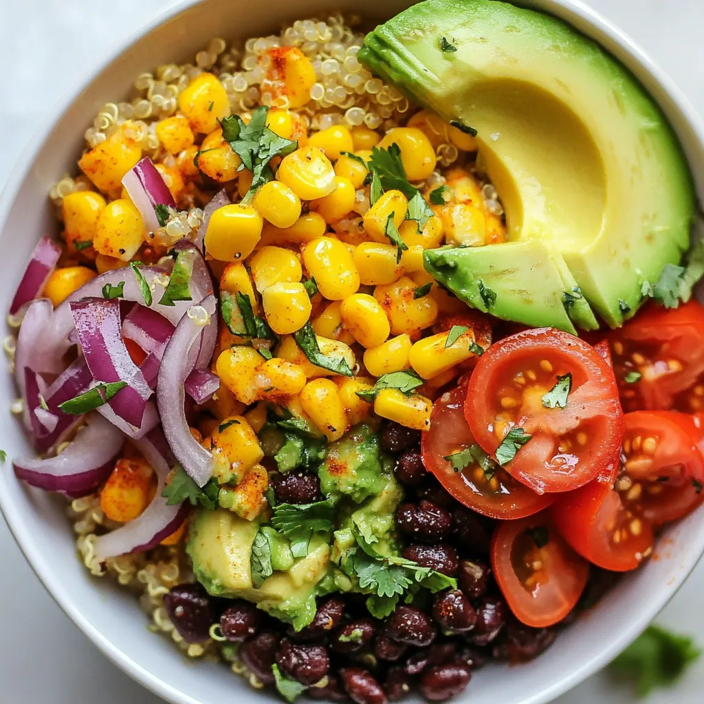 - 1 cup quinoa, rinsed - 2 cups vegetable broth - 1 can (15 oz) black beans, rinsed and drained - 1 cup corn, fresh or frozen - 1 red bell pepper, diced - 1 yellow bell pepper, diced - 1 small red onion, diced - 1 ripe avocado, sliced - 1 cup cherry tomatoes, halved Quinoa is a great base for this bowl. It cooks fluffy and adds protein. Next, we have our colorful veggies. The diced bell peppers and onion bring a nice crunch. Cherry tomatoes and avocado add freshness and creaminess. Beans and corn provide fiber and heartiness. - 1 teaspoon cumin - 1 teaspoon chili powder - Fresh cilantro, for garnish Cumin and chili powder give the dish a warm, earthy flavor. They enhance the taste of the veggies and beans. Fresh cilantro adds a bright touch. It makes the dish feel fresh and vibrant. - 1 tablespoon olive oil - 2 cups vegetable broth - Salt and pepper to taste Olive oil is key for sautéing the veggies. It adds richness without overpowering the flavors. Using vegetable broth instead of water for quinoa boosts its taste. Salt and pepper round out the flavors, making each bite delicious. {{ingredient_image_1}} First, rinse the quinoa under cold water. This step helps remove a bitter coating. Next, add the rinsed quinoa to a medium pot. Pour in 2 cups of vegetable broth. Bring the pot to a boil. Once boiling, lower the heat, cover the pot, and let it simmer. Cook for about 15 minutes. The quinoa is done when it is fluffy and the liquid is absorbed. Remove from heat and let it sit. Now, heat 1 tablespoon of olive oil in a large skillet over medium heat. Once the oil is hot, add the diced red and yellow bell peppers along with the diced red onion. Sauté the vegetables for about 5 to 7 minutes. They should become tender and fragrant. Stir occasionally to avoid burning. After the veggies are cooked, stir in 1 can of rinsed and drained black beans and 1 cup of corn. Add 1 teaspoon of cumin, 1 teaspoon of chili powder, salt, and pepper to taste. Mix everything well and cook for an additional 5 minutes. This allows the flavors to blend. Now, it’s time to layer your burrito bowl. In a large serving bowl, start with the cooked quinoa as the base. Then, add the sautéed veggie mixture on top. Finish by topping your bowl with sliced avocado and halved cherry tomatoes. Drizzle some fresh lime juice over the top and garnish with chopped cilantro. Enjoy your colorful and tasty dish! To make your quinoa fluffy, rinse it well before cooking. Rinsing removes bitter saponins. Use a fine sieve for best results. After rinsing, cook quinoa in vegetable broth. This adds rich flavor. Bring it to a boil, then lower the heat. Cover and let it simmer. In about 15 minutes, it should absorb all the liquid. Fluff it with a fork for a light texture. If you don’t have bell peppers, try zucchini or mushrooms. These veggies add great taste. Seasonal veggies like squash or asparagus also work well. They bring fresh flavors and colors. Feel free to mix and match your favorites. This flexibility makes it fun. Want more flavor? Add spices like smoked paprika or garlic powder. These can elevate the dish. Consider topping your bowl with Greek yogurt or a dollop of salsa. Fresh lime juice adds brightness. You can also sprinkle cheese for extra creaminess. Experiment with toppings to find your perfect bite. Pro Tips Perfectly Fluffy Quinoa: Ensure you rinse the quinoa thoroughly before cooking to remove the bitter saponins, and let it sit covered for a few minutes after cooking for perfect fluffiness. Customize Your Veggies: Feel free to swap in any seasonal vegetables you have on hand, such as zucchini or broccoli, to enhance the flavor and nutrition of your bowl. Build Flavor with Spices: Adjust the spices to your taste; add a pinch of cayenne for heat or smoked paprika for a smoky flavor that complements the veggies beautifully. Garnish for Freshness: Don’t skip the fresh cilantro and lime juice! They add a zesty brightness that elevates the entire dish. {{image_2}} You can boost your burrito bowl with different proteins. Adding grilled chicken gives a hearty taste. Just season the chicken with salt and pepper, then grill until cooked. For a vegetarian option, use tofu. Press the tofu to remove water, then cube and cook it in a skillet. You can also try different beans like pinto or kidney beans. Each type adds its unique flavor and texture. Quinoa is great, but you can switch it up. Brown rice is a tasty substitute. It has a nutty flavor and is filling. For a low-carb choice, use cauli-rice. It's made by grating cauliflower and cooking it lightly. Both options work well as a base for your burrito bowl. If you like heat, add jalapeños. You can slice them fresh or cook them in the skillet. They add a nice kick! For more spice, try different chili powders. Smoked chili powder gives a rich taste, while cayenne adds heat. Adjust the amount to match your spice level. To keep your Loaded Veggie Burrito Bowls fresh, use airtight containers. Glass or BPA-free plastic containers work great. Make sure the bowls cool down first before sealing. Store them in the fridge for up to three days. If you want to enjoy them later, consider smaller portions. This way, you can grab a quick meal anytime. When it's time to eat, there are a few ways to reheat your bowl. The microwave is the fastest. Heat it for one to two minutes. Stir halfway through to warm everything evenly. You can also use a stovetop. Place the bowl in a skillet over low heat. Stir gently until heated through. This method helps keep the flavors and texture intact. Add a splash of water if it feels dry. If you want to store your burrito bowl for longer, freezing is a great option. Portion the leftovers into freezer-safe containers. Make sure to leave some space at the top, as food expands when frozen. You can freeze them for up to three months. When you're ready to eat, let it thaw overnight in the fridge. For a quick thaw, place the container in cold water for a few hours. Reheat as mentioned before, and enjoy! Yes, you can make Loaded Veggie Burrito Bowls in advance. This dish is great for meal prep. Here are some tips to help you: - Cook the quinoa. You can prepare the quinoa a few days ahead and store it in the fridge. - Prep the veggies. Chop the bell peppers and onions, and store them in airtight containers. - Mix the beans and corn. You can combine these ingredients and keep them ready to heat. - Assemble when ready. When you are ready to eat, just layer the ingredients in a bowl. This keeps the flavors fresh. Yes, Loaded Veggie Burrito Bowls are vegan. To ensure they meet vegan standards, check these ingredients: - Quinoa is plant-based and a great protein source. - Black beans provide fiber and protein. - Fresh veggies like bell peppers, onions, and tomatoes are all vegan. - Avocado adds creaminess and healthy fats. - Olive oil, cumin, and chili powder are all vegan-friendly seasonings. If you love spice, here are some ways to heat up your Loaded Veggie Burrito Bowls: - Add jalapeños. Fresh or pickled jalapeños give a nice kick. - Use spicy chili powder. Swap regular chili powder for a hotter variety. - Incorporate hot sauce. Drizzle your favorite hot sauce over the top. - Sprinkle red pepper flakes. These add heat without changing the dish's texture. You now have a clear guide to making Loaded Veggie Burrito Bowls. We covered the main ingredients like quinoa, veggies, beans, and spices. I shared step-by-step tips for cooking and suggested ways to tweak the flavors and ingredients. Remember, you can make this dish your own by changing proteins or grains. Enjoy the process as you create a healthy, tasty meal. With some simple prep and smart storage tips, you’ll have delicious burrito bowls ready whenever you want them. Happy cooking!