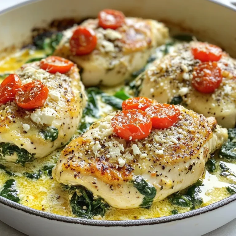 - 4 boneless, skinless chicken breasts - 1 cup fresh spinach, chopped - 1 cup crumbled feta cheese - 1/2 cup cream cheese, softened - 2 cloves garlic, minced - 1 teaspoon dried oregano - 1 teaspoon red pepper flakes (optional) - Salt and pepper to taste - 1 tablespoon olive oil - 1/2 cup cherry tomatoes, halved - 1/4 cup grated Parmesan cheese (for topping) Gather these ingredients for a tasty Feta Spinach Chicken Bake. The chicken is the star, but the feta and spinach really shine. The cream cheese adds a nice creaminess. Garlic and oregano give it a lovely flavor. Red pepper flakes can add a kick if you like heat. Salt and pepper are key for taste. Olive oil helps with cooking and adds flavor. Cherry tomatoes bring freshness and color. Finally, Parmesan cheese makes everything even better. These ingredients will create a dish that is filling and satisfying. You’ll enjoy every bite! {{ingredient_image_1}} First, preheat your oven to 375°F (190°C). This ensures even cooking for your chicken. Next, gather all your ingredients. In a medium bowl, mix together the chopped spinach, crumbled feta, softened cream cheese, minced garlic, dried oregano, and red pepper flakes. Stir until everything is well combined. Now, season the chicken breasts with salt and pepper on both sides. Heat 1 tablespoon of olive oil in a large oven-safe skillet over medium heat. Add the seasoned chicken breasts and sear them for about 3-4 minutes on each side. You want them to be golden brown. After searing, carefully cut a pocket into each chicken breast. Slice it almost all the way through, being careful not to cut through completely. Next, stuff each chicken breast pocket with the spinach and feta mixture. Make sure to spread it evenly but avoid overfilling. Then, place the halved cherry tomatoes around the chicken in the skillet. Sprinkle the grated Parmesan cheese on top of the stuffed chicken breasts. Cover the skillet with foil and bake in the preheated oven for 25 minutes. After that, remove the foil and bake for an additional 10-15 minutes. Check that the chicken is cooked through. The internal temperature should reach 165°F (75°C) and the cheese will be bubbly and golden. Let the dish rest for about 5 minutes before serving. Enjoy your flavorful Feta Spinach Chicken Bake! If you want to switch things up, here are some ideas. For spinach, you can use kale or Swiss chard. They both add a nice touch. If you lack feta, try goat cheese or ricotta instead. Both will give a creamy texture. For cream cheese, you can use Greek yogurt or cottage cheese. These options will keep the dish creamy but also add a bit of tang. To sear chicken well, heat the olive oil over medium heat. Make sure the oil is hot before you add the chicken. This step helps form a nice crust. Sear each side for 3-4 minutes. To ensure even cooking, use a meat thermometer. The chicken should reach 165°F (75°C) when fully cooked. This tip helps avoid dry chicken. Also, try to cut even pockets for stuffing. This keeps the filling inside. When serving, you can keep it simple or make it fancy. You can serve the dish straight from the skillet. This adds a rustic feel. If you want to impress, transfer the chicken to a serving dish. Garnish with fresh basil or parsley. This adds color and freshness. For sides, quinoa pairs well. A simple green salad also works nicely. Both options make the meal complete. Pro Tips Use Fresh Spinach: Fresh spinach has a brighter flavor and better texture than frozen spinach. If using frozen, be sure to thoroughly thaw and drain it to avoid excess moisture. Perfectly Stuffed Chicken: When cutting pockets in the chicken, be careful not to cut all the way through to ensure the filling stays inside while cooking. Customize Your Cheese: Experiment with different cheese combinations, such as goat cheese or mozzarella, for a unique flavor twist in the filling. Rest Before Serving: Allow the chicken to rest for a few minutes after baking. This helps retain the juices, making the chicken more tender and flavorful. {{image_2}} You can add extra flavor to your feta spinach chicken bake. Try mixing in sun-dried tomatoes or olives for a tasty twist. Sun-dried tomatoes add sweetness and depth. Olives bring a nice salty touch. You can also play with herbs and spices. Fresh basil or thyme can brighten the dish. For a kick, add more red pepper flakes. These twists make the dish more fun and exciting. Want to adapt the recipe to fit your needs? It’s easy! To make it gluten-free, just check your cream cheese. Most brands are safe. For a dairy-free option, swap the feta and cream cheese for vegan cheese. Low-carb or keto fans can replace the cream cheese with a low-carb spread. You can also serve it on a bed of veggies instead of grains. These adjustments keep the dish delicious and friendly for everyone. You can cook this dish in different ways. If you have an Instant Pot, you can make it there too. Just follow the same steps but set it to pressure cook for 10 minutes. For a slow cooker, cook on low for 4-6 hours. If you prefer grilling, butterfly the chicken. Grill it for a smoky flavor. Baking gives you a nice golden finish, while grilling adds a fun char. Choose the method that fits your style! Store any leftovers in an airtight container. This keeps the chicken moist and fresh. The dish stays good for about 3 to 4 days in the fridge. Always let it cool before sealing the container. This helps prevent condensation and sogginess. To freeze the chicken bake, let it cool completely. Wrap each piece tightly in plastic wrap. Place the wrapped pieces in a freezer bag or container. This way, you can keep it for up to 3 months. To reheat, thaw it in the fridge overnight. Then, bake it at 350°F (175°C) until heated through. This method helps retain its flavor and texture. You can prepare the filling in advance. Mix the spinach, feta, and cream cheese a day before. Store it in the fridge until you are ready to use it. You can also season and sear the chicken ahead of time. This makes cooking quick on busy weeknights. Batch cooking gives you meals ready to go. Just bake when you want a warm, tasty dish! To check if your chicken is cooked, look for two signs. First, use a meat thermometer. The safe internal temperature is 165°F (75°C). Insert it into the thickest part of the chicken. It should read that temperature or higher. Second, look for visual cues. The chicken should be white, not pink, inside. The juices should run clear, not red or pink. If you see any pink, cook it a bit longer. Yes, you can prepare this dish in advance. For best results, follow these tips. Mix your filling and stuff the chicken. Then, cover the dish tightly and store it in the fridge. It will stay fresh for up to 24 hours. For reheating, bake it in the oven at 350°F (175°C). Cover with foil to keep it moist. Bake until it reaches 165°F (75°C) again. This keeps the flavors intact. I suggest pairing this dish with fresh sides. A simple green salad works well. Try a mix of greens, cherry tomatoes, and a light dressing. You can also serve grains. Quinoa or brown rice are great choices. They add texture and help soak up the flavors. Enjoy your meal with these tasty options! This blog post shared a delicious recipe for Feta Spinach Chicken Bake. You learned about the key ingredients, step-by-step instructions, and useful cooking tips. We explored variations for different diets and cooking methods. You now know how to store leftovers and heat them up later. Enjoy making this dish for your meals. It’s tasty, easy to prepare, and perfect for any night! You can impress your family or friends with your cooking.