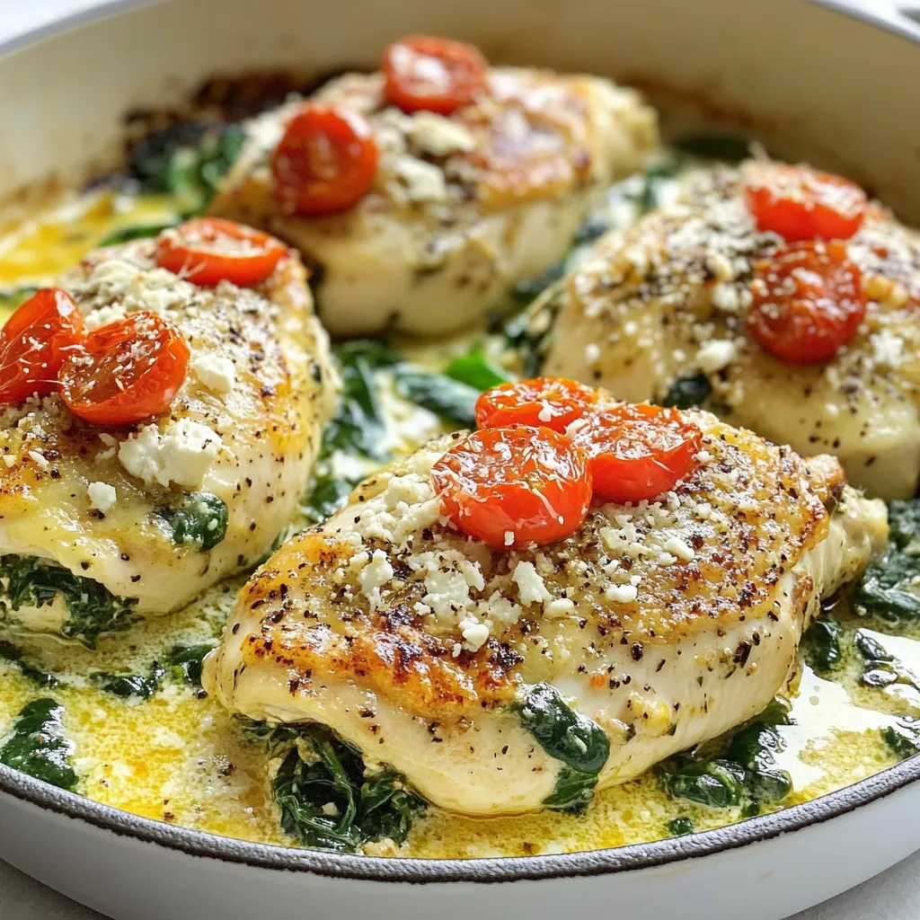 - 4 boneless, skinless chicken breasts - 1 cup fresh spinach, chopped - 1 cup crumbled feta cheese - 1/2 cup cream cheese, softened - 2 cloves garlic, minced - 1 teaspoon dried oregano - 1 teaspoon red pepper flakes (optional) - Salt and pepper to taste - 1 tablespoon olive oil - 1/2 cup cherry tomatoes, halved - 1/4 cup grated Parmesan cheese (for topping) Gather these ingredients for a tasty Feta Spinach Chicken Bake. The chicken is the star, but the feta and spinach really shine. The cream cheese adds a nice creaminess. Garlic and oregano give it a lovely flavor. Red pepper flakes can add a kick if you like heat. Salt and pepper are key for taste. Olive oil helps with cooking and adds flavor. Cherry tomatoes bring freshness and color. Finally, Parmesan cheese makes everything even better. These ingredients will create a dish that is filling and satisfying. You’ll enjoy every bite! {{ingredient_image_1}} First, preheat your oven to 375°F (190°C). This ensures even cooking for your chicken. Next, gather all your ingredients. In a medium bowl, mix together the chopped spinach, crumbled feta, softened cream cheese, minced garlic, dried oregano, and red pepper flakes. Stir until everything is well combined. Now, season the chicken breasts with salt and pepper on both sides. Heat 1 tablespoon of olive oil in a large oven-safe skillet over medium heat. Add the seasoned chicken breasts and sear them for about 3-4 minutes on each side. You want them to be golden brown. After searing, carefully cut a pocket into each chicken breast. Slice it almost all the way through, being careful not to cut through completely. Next, stuff each chicken breast pocket with the spinach and feta mixture. Make sure to spread it evenly but avoid overfilling. Then, place the halved cherry tomatoes around the chicken in the skillet. Sprinkle the grated Parmesan cheese on top of the stuffed chicken breasts. Cover the skillet with foil and bake in the preheated oven for 25 minutes. After that, remove the foil and bake for an additional 10-15 minutes. Check that the chicken is cooked through. The internal temperature should reach 165°F (75°C) and the cheese will be bubbly and golden. Let the dish rest for about 5 minutes before serving. Enjoy your flavorful Feta Spinach Chicken Bake! If you want to switch things up, here are some ideas. For spinach, you can use kale or Swiss chard. They both add a nice touch. If you lack feta, try goat cheese or ricotta instead. Both will give a creamy texture. For cream cheese, you can use Greek yogurt or cottage cheese. These options will keep the dish creamy but also add a bit of tang. To sear chicken well, heat the olive oil over medium heat. Make sure the oil is hot before you add the chicken. This step helps form a nice crust. Sear each side for 3-4 minutes. To ensure even cooking, use a meat thermometer. The chicken should reach 165°F (75°C) when fully cooked. This tip helps avoid dry chicken. Also, try to cut even pockets for stuffing. This keeps the filling inside. When serving, you can keep it simple or make it fancy. You can serve the dish straight from the skillet. This adds a rustic feel. If you want to impress, transfer the chicken to a serving dish. Garnish with fresh basil or parsley. This adds color and freshness. For sides, quinoa pairs well. A simple green salad also works nicely. Both options make the meal complete. Pro Tips Use Fresh Spinach: Fresh spinach has a brighter flavor and better texture than frozen spinach. If using frozen, be sure to thoroughly thaw and drain it to avoid excess moisture. Perfectly Stuffed Chicken: When cutting pockets in the chicken, be careful not to cut all the way through to ensure the filling stays inside while cooking. Customize Your Cheese: Experiment with different cheese combinations, such as goat cheese or mozzarella, for a unique flavor twist in the filling. Rest Before Serving: Allow the chicken to rest for a few minutes after baking. This helps retain the juices, making the chicken more tender and flavorful. {{image_2}} You can add extra flavor to your feta spinach chicken bake. Try mixing in sun-dried tomatoes or olives for a tasty twist. Sun-dried tomatoes add sweetness and depth. Olives bring a nice salty touch. You can also play with herbs and spices. Fresh basil or thyme can brighten the dish. For a kick, add more red pepper flakes. These twists make the dish more fun and exciting. Want to adapt the recipe to fit your needs? It’s easy! To make it gluten-free, just check your cream cheese. Most brands are safe. For a dairy-free option, swap the feta and cream cheese for vegan cheese. Low-carb or keto fans can replace the cream cheese with a low-carb spread. You can also serve it on a bed of veggies instead of grains. These adjustments keep the dish delicious and friendly for everyone. You can cook this dish in different ways. If you have an Instant Pot, you can make it there too. Just follow the same steps but set it to pressure cook for 10 minutes. For a slow cooker, cook on low for 4-6 hours. If you prefer grilling, butterfly the chicken. Grill it for a smoky flavor. Baking gives you a nice golden finish, while grilling adds a fun char. Choose the method that fits your style! Store any leftovers in an airtight container. This keeps the chicken moist and fresh. The dish stays good for about 3 to 4 days in the fridge. Always let it cool before sealing the container. This helps prevent condensation and sogginess. To freeze the chicken bake, let it cool completely. Wrap each piece tightly in plastic wrap. Place the wrapped pieces in a freezer bag or container. This way, you can keep it for up to 3 months. To reheat, thaw it in the fridge overnight. Then, bake it at 350°F (175°C) until heated through. This method helps retain its flavor and texture. You can prepare the filling in advance. Mix the spinach, feta, and cream cheese a day before. Store it in the fridge until you are ready to use it. You can also season and sear the chicken ahead of time. This makes cooking quick on busy weeknights. Batch cooking gives you meals ready to go. Just bake when you want a warm, tasty dish! To check if your chicken is cooked, look for two signs. First, use a meat thermometer. The safe internal temperature is 165°F (75°C). Insert it into the thickest part of the chicken. It should read that temperature or higher. Second, look for visual cues. The chicken should be white, not pink, inside. The juices should run clear, not red or pink. If you see any pink, cook it a bit longer. Yes, you can prepare this dish in advance. For best results, follow these tips. Mix your filling and stuff the chicken. Then, cover the dish tightly and store it in the fridge. It will stay fresh for up to 24 hours. For reheating, bake it in the oven at 350°F (175°C). Cover with foil to keep it moist. Bake until it reaches 165°F (75°C) again. This keeps the flavors intact. I suggest pairing this dish with fresh sides. A simple green salad works well. Try a mix of greens, cherry tomatoes, and a light dressing. You can also serve grains. Quinoa or brown rice are great choices. They add texture and help soak up the flavors. Enjoy your meal with these tasty options! This blog post shared a delicious recipe for Feta Spinach Chicken Bake. You learned about the key ingredients, step-by-step instructions, and useful cooking tips. We explored variations for different diets and cooking methods. You now know how to store leftovers and heat them up later. Enjoy making this dish for your meals. It’s tasty, easy to prepare, and perfect for any night! You can impress your family or friends with your cooking.