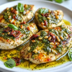 To make Sun-Dried Tomato Pesto Chicken, you need these key ingredients: - 4 boneless, skinless chicken breasts - 1/2 cup sun-dried tomatoes, packed in oil, drained and chopped - 1 cup fresh basil leaves - 1/4 cup grated Parmesan cheese - 2 cloves garlic, minced - 1/4 cup pine nuts, lightly toasted - 1/2 cup extra virgin olive oil - Salt and pepper to taste - 1 tablespoon balsamic vinegar (optional for added depth) These ingredients create a rich and tasty meal. The sun-dried tomatoes and fresh basil add a burst of flavor. The Parmesan cheese gives a nice salty touch, while the pine nuts add crunch. You can swap some ingredients if you don’t have them. Here are some ideas: - Chicken Breasts: You can use chicken thighs for more flavor. - Sun-Dried Tomatoes: If you can’t find these, use fresh tomatoes. Just roast them first to deepen the flavor. - Parmesan Cheese: Grated pecorino cheese works well too. - Pine Nuts: Try walnuts or almonds if you prefer. These substitutions can change the dish but still keep it tasty. Experimenting can lead to new favorites. For those who want to jazz up their dish, consider these extras: - Olives: Chopped black or green olives can add a briny taste. - Red Pepper Flakes: Add a little heat if you like spicy. - Lemon Zest: A hint of lemon adds a fresh note. - Fresh Spinach: Mix this into the pesto for added greens. These optional ingredients can enhance the dish. They add layers of flavor and make the meal even more special. {{ingredient_image_1}} To start, you need to make the sun-dried tomato pesto. Grab your food processor and add these ingredients: - 1/2 cup sun-dried tomatoes, drained and chopped - 1 cup fresh basil leaves - 1/4 cup grated Parmesan cheese - 2 cloves garlic, minced - 1/4 cup pine nuts, lightly toasted - 1 tablespoon balsamic vinegar (optional) Pulse these items until they chop well. Next, while the processor runs, slowly drizzle in 1/2 cup extra virgin olive oil. This helps create a smooth paste. Don’t forget to season with salt and pepper to taste. Now, let’s move on to the chicken. Season 4 boneless, skinless chicken breasts with salt and pepper on both sides. Heat a tablespoon of olive oil in an oven-safe skillet over medium-high heat. Once hot, add the chicken breasts. Sear them for about 3-4 minutes on each side. Look for a golden brown color. This step locks in flavor. Once the chicken is seared, take the skillet off the heat. Spread a generous layer of your sun-dried tomato pesto on each chicken breast. Preheat your oven to 375°F (190°C) while you do this. When ready, transfer the skillet to the oven. Bake for 20-25 minutes. Make sure the chicken reaches an internal temperature of 165°F (75°C). After baking, let the chicken rest for a few minutes. This step helps keep the juices in. Enjoy your meal! To get juicy chicken, use a meat thermometer. Cook the chicken to 165°F (75°C). This ensures it’s safe to eat. Searing the chicken first gives it a nice crust. Aim for 3-4 minutes on each side. The oven will finish cooking it. Let the chicken rest for a few minutes after cooking. This helps keep the juices inside. To boost your pesto, use fresh ingredients. Fresh basil and sun-dried tomatoes make a big difference. Don’t skip the garlic; it adds a wonderful taste. If you want more depth, add balsamic vinegar. It brings out the flavors nicely. For a nutty twist, use lightly toasted pine nuts. They add crunch and richness. Serve your chicken with roasted vegetables for color. A fresh green salad also works well. Drizzle extra pesto on top for a gourmet touch. You can sprinkle crushed pine nuts for added crunch. This meal is great with pasta or rice too. Pair it with a light white wine for a complete dining experience. Pro Tips Perfectly Sear the Chicken: Make sure your skillet is hot enough before adding the chicken. A good sear locks in the juices and adds flavor. Enhance the Pesto Flavor: For an extra burst of flavor, consider adding a squeeze of fresh lemon juice to the pesto before blending. Resting Time is Key: Let the chicken rest for at least 5 minutes after baking. This helps the juices redistribute, keeping the chicken moist. Customize Your Pesto: Feel free to add other herbs like parsley or cilantro to the pesto for a unique twist on the classic flavor. {{image_2}} You can easily add vegetables to this dish. Try bell peppers, zucchini, or spinach. Sauté them first to bring out their flavors. You can also use other proteins. Pork chops or tofu can work well with sun-dried tomato pesto. Just adjust cooking times to make sure everything cooks through. You can serve the chicken in many ways. Slice it and place it on a bed of pasta. This adds a nice touch and makes it a full meal. You could also serve it on a sandwich or wrap. Add some fresh greens for crunch. Another option is to serve it with rice or quinoa for a wholesome touch. While sun-dried tomato pesto shines here, you can mix it up. Try classic basil pesto for a fresh taste. You could also use arugula pesto for a peppery kick. If you like, make a spinach and walnut pesto for a different flavor. Each type adds its own twist and keeps the dish exciting. Store leftovers in an airtight container. This keeps the chicken fresh. Let it cool first. Place it in the fridge. Use leftovers within three days for best taste. To reheat, use the oven or microwave. If using the oven, preheat to 350°F (175°C). Place the chicken on a baking sheet. Heat for about 10-15 minutes. Check that it reaches 165°F (75°C) inside. If using the microwave, heat in 30-second intervals. Make sure to cover it to keep moisture in. You can freeze Sun-Dried Tomato Pesto Chicken. Wrap each piece in plastic wrap. Then place them in a freezer bag. Squeeze out any air before sealing. This helps prevent freezer burn. It will stay good for up to three months. When ready to eat, thaw it overnight in the fridge. Then reheat as mentioned above. Yes, you can use dried basil. Use one teaspoon of dried basil for every tablespoon of fresh basil. Dried herbs are stronger, so you need less. However, fresh basil gives a brighter taste. I recommend using fresh when possible. Many sides go well with this chicken. Here are some ideas: - Roasted vegetables like zucchini, bell peppers, or asparagus - A fresh green salad with mixed greens and balsamic vinaigrette - Pasta tossed with olive oil and garlic - Quinoa or rice for a hearty option These sides add color and nutrition. Yes, you can prepare this dish ahead of time. Make the pesto and season the chicken. Store them separately in the fridge for up to two days. When ready to cook, sear the chicken and bake it. This saves time and adds flavor. Cooked chicken lasts about three to four days in the fridge. Store it in an airtight container to keep it fresh. Always check for signs of spoilage before eating. If in doubt, throw it out! This blog post covers how to make a tasty Sun-Dried Tomato Pesto Chicken dish. We explored key ingredients and substitutions for the best flavor. I shared step-by-step instructions and tips for perfect chicken. We also looked at fun variations and storing tips for leftovers. In summary, you can create a fun and flavorful meal easily. Enjoy experimenting with this recipe to suit your taste. Happy cooking!