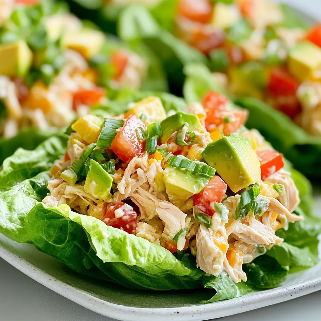 To make Crack Chicken Salad Lettuce Wraps, you need fresh and tasty ingredients. Here’s what you will need: - 2 cups cooked chicken, shredded - 1/2 cup plain Greek yogurt - 1/4 cup mayonnaise - 1 tablespoon Dijon mustard - 1 teaspoon garlic powder - 1 teaspoon onion powder - 1 teaspoon paprika - 1/2 teaspoon black pepper - 1/4 cup green onions, chopped - 1/4 cup dill pickles, finely chopped - 1/4 cup shredded cheddar cheese - 8-10 large lettuce leaves (such as romaine or butter lettuce) - Optional: diced tomatoes and avocado for topping These ingredients combine to create a fun, flavorful dish. The chicken is the star, and you can use leftover rotisserie chicken for ease. Greek yogurt and mayonnaise give it a creamy base, while spices add a nice kick. The green onions and pickles bring in crunch and tang, and cheese adds richness. Choosing the right lettuce adds texture. Romaine or butter lettuce works well as they are sturdy and can hold the filling. Feel free to add tomatoes and avocados for extra flavor. This list is simple yet packed with fresh tastes. Get these items ready, and you can whip up a meal that is both easy and healthy! {{ingredient_image_1}} To make the chicken salad, start with two cups of cooked chicken, shredded. Place this in a large mixing bowl. Next, add half a cup of plain Greek yogurt and a quarter cup of mayonnaise. These ingredients make the salad creamy. Then, scoop in one tablespoon of Dijon mustard for a little kick. Now for the spices! Add one teaspoon of garlic powder, one teaspoon of onion powder, one teaspoon of paprika, and half a teaspoon of black pepper. Mix these well to blend the flavors. Finally, fold in a quarter cup of chopped green onions, a quarter cup of finely chopped dill pickles, and a quarter cup of shredded cheddar cheese. This adds crunch and taste. Taste the mixture and adjust the seasoning if needed. Once your chicken salad is ready, it’s time to assemble the wraps. Take about eight to ten large lettuce leaves, like romaine or butter lettuce. Rinse them under cold water. Pat them dry with a paper towel. Now, grab a lettuce leaf and spoon a generous portion of the chicken salad mixture into the center. If you like, top it with diced tomatoes and avocado for extra flavor. Carefully wrap the lettuce around the filling. Serve your crack chicken salad lettuce wraps right away for the best taste. Place them on a platter for a colorful display. These wraps work great for lunch or a light dinner. You can also pair them with a side of fresh fruit or a light soup. Enjoy! To make the best Crack Chicken Salad, start with cooked chicken. I like to use rotisserie chicken because it saves time. Shred the chicken while it's warm. This helps the meat break apart easily. Use two forks to pull the chicken apart. If you have leftover chicken, that's great too! Just make sure it's moist for the best taste. For a great wrap, you need the right lettuce. I recommend using romaine or butter lettuce. These types are strong and crunchy. They hold the filling well. Choose fresh leaves that are crisp. Look for bright green colors without brown spots. Wash the leaves gently and dry them carefully. This keeps them fresh and ready for your salad. To boost the taste of your chicken salad, use fresh herbs. Chopped parsley or dill adds a nice touch. You can also add a squeeze of lemon juice for brightness. If you like heat, consider a dash of hot sauce. Taste your mixture before serving. Adjust seasonings like garlic powder or black pepper to fit your taste. Don't be afraid to get creative! Pro Tips Use Rotisserie Chicken: For a quicker preparation, you can substitute the cooked chicken with rotisserie chicken from your local grocery store. This will save you time without sacrificing flavor. Customize Your Cheese: Feel free to experiment with different types of cheese! Feta or pepper jack can add a unique twist to your chicken salad wraps. Chill Before Serving: For the best flavor, let the chicken salad chill in the refrigerator for about 30 minutes before serving. This allows the flavors to meld together beautifully. Make It Ahead: You can prepare the chicken salad mixture a day in advance and store it in the fridge. Just assemble the wraps right before serving for a fresh and crunchy experience! {{image_2}} If you want a low-carb meal, skip the mayo. Use only Greek yogurt. This change cuts the carbs but keeps the taste. You can also use avocado in place of cheese. It gives a creamy texture and healthy fats. You can switch the chicken for other meats. Try turkey or tuna for a fun twist. If you prefer plant-based options, use chickpeas or tofu. Shred them well and mix with yogurt and spices. This keeps your salad tasty and fresh. Get creative with toppings! Diced tomatoes add sweetness. Avocado brings creaminess. You can also try jalapeños for a spicy kick. Add sliced olives or crunchy nuts for extra texture. Each of these options boosts flavor and makes your wraps exciting. To store leftover chicken salad, place it in an airtight container. Make sure the lid seals tightly. This keeps the salad fresh and prevents odors from other foods. You can store it in the fridge for up to three days. If you think you won’t eat it in time, consider freezing it. However, freezing may change the texture. When ready to eat, simply thaw it in the fridge overnight. The chicken salad does not need reheating. It tastes great cold! If you prefer it warm, gently heat it in a pan over low heat. Stir it often to avoid burning. You can also microwave it for about 30 seconds. Be careful not to overheat, as this can make the yogurt and mayo separate. Store lettuce wraps separately from the chicken salad. The leaves can become soggy if they sit in the mixture. Wrap lettuce leaves in a damp paper towel. Place them in a plastic bag or container. This helps keep them crisp. You can store them in the fridge for up to two days. Assemble the wraps right before serving for the best taste and texture. Yes, you can use canned chicken. It saves time and is easy to use. Just drain the chicken well before mixing it with the other ingredients. Canned chicken has a softer texture, but it works great in salads. This option is perfect if you want a quick meal. You can swap mayonnaise for plain Greek yogurt. It adds creaminess and extra protein. Another option is avocado. Mashed avocado gives a rich taste and healthy fats. You might also try a light vinaigrette for a tangy twist. Each option changes the flavor, so pick what you like best! Yes, these wraps are great for meal prep. You can make the chicken salad mixture ahead of time. Store it in the fridge for up to three days. Keep the lettuce leaves separate. This way, they stay crisp. When you’re ready to eat, just assemble and enjoy! This blog post shared a simple chicken salad recipe perfect for lettuce wraps. We covered ingredients, step-by-step instructions, and storage tips. You learned how to make it tasty, adjust flavors, and try new toppings. These wraps are healthy, fun, and easy to customize. Take your time to experiment with variations and enjoy this meal. Let the flavor shine and make it your own!
