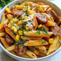 - 12 oz penne pasta - 1 lb smoked sausage - 1 cup corn - 1/2 cup honey BBQ sauce - 1 teaspoon smoked paprika - 1 medium onion - 1 bell pepper - 2 cloves garlic For this one-skillet honey BBQ sausage pasta, you need simple and tasty items. The penne pasta serves as the base. It cooks well and holds sauce nicely. The smoked sausage adds lots of flavor. You can slice it into rounds for easy eating. Corn gives sweet bites and nice color. When it comes to seasoning, the honey BBQ sauce is key. It adds a rich sweetness and tang. Smoked paprika brings a hint of warmth and depth. Together, they create a delightful sauce. The vegetables are just as important. A medium onion adds sweetness when cooked. The bell pepper gives more crunch and freshness. Garlic adds a lovely aroma and flavor that ties it all together. With these ingredients, you create a quick, hearty dish everyone will enjoy. {{ingredient_image_1}} Fill a large pot with salted water. Bring it to a boil. Add the penne pasta and cook until al dente, which takes about 10-12 minutes. Once done, drain the pasta and set it aside. In a large skillet, heat one tablespoon of olive oil over medium heat. Add the sliced smoked sausage. Sauté the sausage for about 5-7 minutes until it is browned and heated through. After browning, remove the sausage from the skillet and set it aside. Using the same skillet, add the diced onion and bell pepper. Sauté these for 3-4 minutes until they are soft. Next, add the minced garlic and corn. Cook for another 1-2 minutes until the garlic is fragrant. Return the browned sausage to the skillet. Pour in one cup of chicken broth to deglaze the skillet. Scrape up any browned bits from the bottom. Stir in half a cup of honey BBQ sauce and one teaspoon of smoked paprika. Mix it all well. Now, add the cooked penne pasta to the skillet. Toss everything together to combine. If needed, let it simmer for another 2-3 minutes to heat through. Season with salt and pepper to taste. Finally, sprinkle half a cup of shredded cheddar cheese on top. Cover the skillet with a lid and let the cheese melt for about 2-3 minutes. - Cook your penne pasta just until it is al dente. This keeps it firm and tasty. - Save a bit of pasta water after draining. It helps adjust the sauce later. - Try different types of sausage. Chicken, turkey, or spicy options all work. - Change the amount of BBQ sauce to match your taste. Add more for a stronger flavor. - A fresh side salad pairs nicely with this dish. It adds crunch and balance. - Serve with garlic bread for a comforting touch. The bread soaks up the sauce well. Pro Tips Cook Pasta Al Dente: Be sure to cook the penne pasta just until al dente for the best texture. This will prevent it from becoming mushy when combined with the sauce. Use Fresh Ingredients: Opt for fresh vegetables like bell peppers and corn when possible. They add more flavor and nutrition to your dish compared to frozen or canned options. Customize Your Sausage: Feel free to experiment with different types of smoked sausage, such as turkey or chicken sausage, for a lighter option or a variety of flavors. Garnish for Freshness: Adding freshly chopped parsley not only enhances the presentation but also adds a burst of fresh flavor to the dish, balancing the sweetness of the BBQ sauce. {{image_2}} You can boost your dish with fresh veggies. Spinach, zucchini, or mushrooms add great taste. You can also swap in seasonal favorites. For summer, try fresh corn or diced tomatoes. In winter, use hearty greens like kale. Want something different? Chicken or turkey sausage works well too. They add a lighter touch. You can also use ground meat instead of sliced sausage. Ground beef, pork, or turkey will blend nicely. If you need gluten-free, swap penne pasta for a gluten-free type. Rice pasta or quinoa pasta are good choices. You can also try different sauces, like teriyaki, for a unique twist. This keeps the dish fun and flexible. After you enjoy your One-Skillet Honey BBQ Sausage Pasta, store any leftovers in an airtight container. This keeps the dish fresh and tasty. You can keep it in the fridge for up to three days. It’s a great way to enjoy a quick meal later in the week! If you want to save some for later, you can freeze portions. Just put them in freezer-safe containers. One-skillet pasta stays good for up to two months in the freezer. When you're ready to eat, you can reheat it in a skillet or microwave. When reheating, add a splash of chicken broth. This helps keep the pasta moist and flavorful. Heat it until it’s warmed through. Enjoy that delicious taste once again! Yes, any pasta shape works well. I like penne for its fun shape. You can choose rotini, farfalle, or even spaghetti if you prefer. The sauce clings to any pasta nicely. Smoked sausage adds flavor, but you can use other sausages too. Try chicken sausage for a lighter meal. Turkey or veggie sausages work well too. Just pick what you love! Yes, prepare the dish and store it in the fridge or freezer for later use. When you’re ready, just heat it up on the stove. It tastes great even after a day or two! You can make a quick homemade BBQ sauce or use a sweet chili sauce as a substitute. Mix ketchup with honey and a splash of vinegar for a tasty option. Get creative with flavors you enjoy! In this blog post, we covered how to make a tasty smoked sausage pasta dish. We explored the key ingredients, from the penne pasta to the honey BBQ sauce. I shared steps for cooking and tips for perfecting your meal. You can easily customize it with different veggies or proteins. Don't forget to store leftovers right to enjoy later. This dish is simple, fun, and satisfying. You can make it a family favorite in no time. Enjoy cooking and experimenting with flavors!