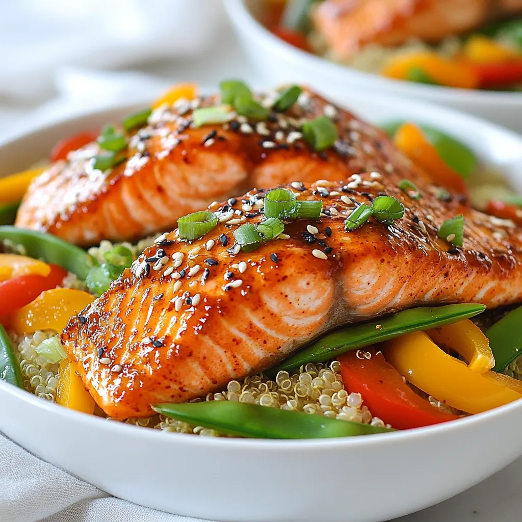 - 2 salmon fillets - 1 cup quinoa - 2 cups vegetable broth - 1 cup mixed bell peppers, thinly sliced (red, yellow, and green) - 1 cup snap peas, trimmed - 2 tablespoons sweet chili sauce - 1 tablespoon soy sauce - 1 tablespoon sesame oil - 1 tablespoon fresh ginger, minced - 1 garlic clove, minced - 2 green onions, sliced - 1 tablespoon sesame seeds - Salt and pepper to taste If you can't find salmon, try using trout or tilapia. Both fish work well. For a grain swap, use brown rice instead of quinoa. It brings a nutty flavor. If you're out of snap peas, sugar snap peas are a great choice. You can also mix in broccoli or zucchini for extra veggies. Don't have sesame oil? Olive oil or canola oil are good alternatives. Lastly, if you prefer a spicy kick, add more sweet chili sauce or a dash of sriracha. When selecting salmon, look for bright, shiny skin. The flesh should be firm and moist. Avoid fish with a dull appearance or brown spots. Fresh salmon should have a mild scent, not a strong fishy smell. If possible, buy from a trusted fishmonger. Ask about the fish's source to ensure quality. If you can, choose wild-caught salmon for better flavor and sustainability. {{ingredient_image_1}} Start by rinsing the quinoa under cold water. This will help remove any bitter taste. In a medium saucepan, mix the rinsed quinoa with 2 cups of vegetable broth. Bring the mixture to a boil over high heat. Once it boils, lower the heat to low. Cover the pot and let it simmer for about 15 minutes. The quinoa will absorb the broth and become fluffy. After 15 minutes, turn off the heat and let it sit covered for a few more minutes. This step will make it perfect and light. While the quinoa cooks, season the salmon fillets with salt and pepper. Heat a skillet over medium heat and add 1 tablespoon of sesame oil. Once the oil is hot, add minced ginger and minced garlic. Cook for about 30 seconds until it smells great. Place the salmon fillets in the skillet skin-side down. Cook for 3 to 4 minutes until the skin gets crispy. Then, flip the salmon. Add 2 tablespoons of sweet chili sauce and 1 tablespoon of soy sauce to the skillet. Cook for another 3 to 4 minutes. The salmon should easily flake with a fork when done. In the same skillet with the salmon, add 1 cup of sliced bell peppers and 1 cup of snap peas. Sauté them for about 3 to 4 minutes. You want the veggies to be tender but still crisp. Season with a pinch of salt and pepper. This will add a nice touch to your bowl. Now it’s time to put everything together! Take a generous scoop of quinoa and put it in a bowl. Place a piece of salmon on top of the quinoa. Add the sautéed vegetables next. For a finishing touch, sprinkle sliced green onions and sesame seeds over the top. Feel free to drizzle any leftover sauce from the skillet over the salmon and veggies. This adds even more flavor. Enjoy your Sweet Chili Salmon Bowl! To cook salmon perfectly, first, choose fresh fillets. Look for bright color and firm texture. Pat the salmon dry with a paper towel. This helps the skin get crispy. Season both sides with salt and pepper. Heat sesame oil in a skillet over medium heat. Add minced ginger and garlic. Stir for about 30 seconds until fragrant. Place the salmon skin-side down in the skillet. Cook for 3-4 minutes until the skin is crispy. Flip the salmon and add sweet chili and soy sauce. Cook for another 3-4 minutes until it flakes easily. This method locks in moisture and flavor. You can boost the flavor of your Sweet Chili Salmon Bowls. Consider adding a splash of lime juice for brightness. Fresh herbs like cilantro or basil add a lovely touch. You might try a pinch of chili flakes for heat. For a smoky flavor, add smoked paprika. Feel free to mix and match spices based on your taste. Remember, balancing flavors makes a dish shine. Meal prep can save time on busy days. Cook the quinoa and salmon in advance. Store them in separate containers in the fridge. You can also chop vegetables ahead of time. Keep them in an airtight container to stay fresh. When you’re ready to eat, reheat the salmon and quinoa. Sauté the veggies quickly for a few minutes. This way, you have a healthy meal ready in no time. Prep work helps you enjoy flavorful meals with ease. Pro Tips Use Fresh Salmon: Always opt for fresh salmon fillets for the best flavor and texture. Frozen salmon can work in a pinch, but fresh will give you a superior taste experience. Perfect Quinoa: Rinse your quinoa thoroughly before cooking to remove any bitterness. This simple step enhances the flavor and makes your dish even better! Customize Vegetables: Feel free to swap out bell peppers and snap peas for your favorite vegetables. Broccoli, zucchini, or carrots can also add a delicious twist to the dish. Adjust Sweetness: If you prefer a less sweet flavor, reduce the amount of sweet chili sauce or add a splash of lime juice for a tangy balance. {{image_2}} You can swap quinoa for brown rice in this dish. Brown rice has a nutty taste and a chewy texture. Rinse the brown rice before cooking. Use two cups of water for each cup of rice. Cook it for about 40-45 minutes. This gives you a hearty base. Top it with the salmon and veggies as before. The sweet chili sauce pairs well with the rice. If you want a meatless option, use tofu instead of salmon. Firm tofu works best. Press the tofu to remove excess water. Cut it into cubes and season with salt and pepper. Cook it in sesame oil until golden brown. Add sweet chili sauce and soy sauce for flavor. Serve the tofu on quinoa or brown rice. This keeps the dish just as tasty and satisfying. Feel free to change the veggies based on what you have. In spring, use asparagus and peas. In summer, add zucchini and corn. Fall veggies like sweet potatoes or Brussels sprouts work well too. Just cut them into bite-sized pieces. Sauté them in sesame oil until tender. This keeps your meal fresh and fun all year round. To keep your Sweet Chili Salmon Bowls fresh, store leftovers in airtight containers. Make sure to separate the salmon, quinoa, and veggies. This helps maintain their flavors and textures. Leftovers can last up to three days in the fridge. Reheat the salmon and veggies gently. Use the microwave or skillet for best results. If using a microwave, heat for 30 seconds at a time until warm. In a skillet, add a few drops of water to steam it lightly. This keeps everything moist and tasty. You can freeze the salmon bowls for later. Just make sure to cool everything completely first. Place the salmon, quinoa, and veggies in freezer-safe bags. They can last up to three months in the freezer. When ready to eat, thaw overnight in the fridge before reheating. This helps keep the flavors intact. Yes, you can use frozen salmon. Just make sure to thaw it first. Thaw the salmon in the fridge overnight for best results. This way, you keep its texture and taste. If you are in a hurry, place it in cold water for about 30 minutes. This method works well, too! If you want a substitute for quinoa, try brown rice or couscous. Both options cook well and taste great. You can also use farro or barley. These grains add a nice chewiness, making your bowls even more filling. Cooking quinoa takes about 15 minutes. Start by rinsing it under cold water. Then, cook it in vegetable broth for extra flavor. Once it’s fluffy, it’s ready! This quick cooking time makes quinoa a great choice for busy nights. Sweet chili sauce is not very spicy. It has a nice balance of sweetness and heat. Most people find it mild enough to enjoy. If you like spicy food, you can add more chili sauce or fresh chili peppers. Adjust it to your taste! Yes, you can make this recipe ahead of time! Cook the quinoa and salmon, then store them in separate containers. Keep the sautéed vegetables in another container. This way, you can reheat everything quickly for a tasty meal. Enjoy it fresh throughout the week! This blog post covers how to make a tasty salmon bowl with fresh ingredients. We discussed the complete list of ingredients, helpful substitutions, and tips for picking the best salmon. I shared step-by-step instructions and useful tricks for cooking salmon perfectly. You can also try different variations or make this dish vegetarian. Finally, I provided storage tips to keep your meals fresh. Now, it’s time to enjoy your delicious bowl and share it with others!