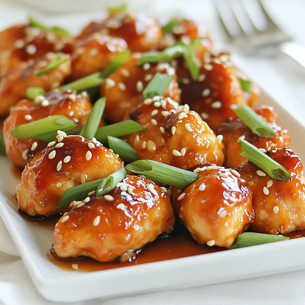 To make sticky orange chicken bites, you need simple items. Gather these main ingredients: - 1 lb (450g) boneless, skinless chicken breast, cut into bite-sized pieces - 1 cup orange juice (freshly squeezed if possible) - 1/4 cup soy sauce (low sodium) - 1/4 cup honey - 2 tablespoons cornstarch - 2 tablespoons water The marinade gives the chicken its flavor. Here are the key marinade components: - 2 cloves garlic, minced - 1 tablespoon ginger, grated - 2 tablespoons sesame oil - 1/2 teaspoon red pepper flakes (optional, for heat) Garnishes add a nice touch to your dish. Consider these optional garnishes: - 1/4 cup green onions, chopped - Sesame seeds {{ingredient_image_1}} Start by making the marinade. In a mixing bowl, combine the orange juice, soy sauce, and honey. Add minced garlic and grated ginger to the mix. If you like heat, toss in red pepper flakes. Whisk this all together until it's well blended. This mix brings a sweet and tangy flavor that makes the chicken shine. Next, add the chicken pieces to the marinade. Make sure each piece is coated well. Cover the bowl and place it in the fridge for at least 30 minutes. For stronger flavor, marinate it for up to 2 hours. This step is key for tender and tasty chicken bites. Now, it’s time to cook! In a large skillet or wok, heat sesame oil over medium-high heat. Once it’s hot, take the chicken out of the marinade but keep the marinade for later. Add the chicken to the skillet and cook for 5-7 minutes. You want them golden brown and cooked through. After that, pour the reserved marinade over the chicken. Let it simmer for about 3-4 minutes. Finally, mix cornstarch with water to make a slurry and stir it in. Cook for another 2-3 minutes until the sauce thickens to a sticky texture. Now, your sticky orange chicken bites are ready to serve! To boost flavor, use fresh orange juice. Fresh juice gives a bright taste. You can add zest from the orange too. It adds a fragrant note. For a nice kick, try adding more ginger or garlic. If you like heat, use more red pepper flakes. Letting the chicken marinate longer helps the flavors soak in. Use a large skillet or wok for even cooking. Heat the pan before adding the chicken. This helps get a nice sear. Cook the chicken until it turns golden brown. This gives a great texture. When you add the marinade, let it simmer. This helps the flavors meld together. The cornstarch slurry is key for thickening the sauce. Serve these sticky orange chicken bites with rice. White or brown rice works well. You can also use quinoa for a healthy twist. Adding steamed broccoli or snap peas makes it colorful. Don’t forget to sprinkle sesame seeds and green onions on top. This adds crunch and a fresh taste. Enjoy these bites as a fun appetizer or a main dish! Pro Tips Marinate for Maximum Flavor: Allow the chicken to marinate for at least 2 hours, or overnight if possible, to enhance the flavors of the orange and spices. Use Fresh Ingredients: Opt for freshly squeezed orange juice and fresh garlic and ginger for a more vibrant flavor that elevates the dish. Adjusting the Heat: If you prefer a milder dish, reduce or omit the red pepper flakes. For extra heat, consider adding a splash of sriracha or chili oil. Perfecting the Sauce: Keep stirring the sauce after adding the cornstarch slurry to prevent clumping and ensure a smooth, sticky consistency. {{image_2}} To make spicy orange chicken bites, add more red pepper flakes. You can also use hot sauce. Just mix it into the marinade. This will give the dish a nice kick. Adjust the heat based on your taste. If you want it extra spicy, try adding chopped fresh chili peppers. Adding vegetables makes this dish even better. You can use bell peppers, broccoli, or snap peas. Just stir-fry them in the skillet before adding the chicken. This adds color and crunch. Cook the veggies for a few minutes until they are tender. Then, add the chicken and sauce as usual. You can swap some ingredients for healthier options. Use less honey or maple syrup for sweetness. You can also use low-sodium soy sauce to cut down on salt. If you want to reduce calories, try using chicken breast instead of thighs. For a gluten-free option, use tamari instead of soy sauce. Experimenting with these variations can help you find your favorite way to enjoy sticky orange chicken bites! To store your sticky orange chicken bites, let them cool first. Place them in an airtight container. This keeps them fresh. You can store them in the fridge for up to three days. Make sure to label your container with the date. This helps you know when to eat them. When you’re ready to enjoy leftovers, reheat them gently. You can use a microwave or a skillet. If using a microwave, cover the dish with a lid. Heat it in short bursts to keep the chicken juicy. If using a skillet, add a dash of water. This keeps the moisture in. Heat over low to medium heat, stirring often until warm. If you want to freeze your chicken bites, it’s easy! Place cooled chicken in a freezer-safe bag. Squeeze out any air to prevent freezer burn. You can freeze them for up to three months. When you're ready to eat, thaw in the fridge overnight. Reheat as explained above for the best taste. Yes, you can use chicken thighs. Chicken thighs add more flavor and stay tender. They have more fat than breasts, which makes them juicy. Just cut them into bite-sized pieces like the breasts. The cooking time will be about the same. If you need a honey substitute, use maple syrup or agave nectar. These sweeteners work well in this recipe. You can also use brown sugar mixed with a bit of water. This mix gives a similar sweetness and texture. Yes, you can make this recipe gluten-free. Use gluten-free soy sauce or tamari instead of regular soy sauce. Check the other ingredients for hidden gluten too. This way, everyone can enjoy your sticky orange chicken bites! This article detailed the essential steps to make a tasty orange chicken dish. We explored key ingredients, marinade ideas, and cooking methods. Remember to try different variations and add your own twist. Use the tips for better flavor and cooking techniques. Proper storage and reheating can keep your leftovers fresh. With these insights, you can enjoy orange chicken anytime. Dive into the kitchen and start experimenting!