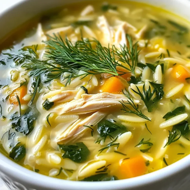 To make Greek Lemon Chicken Orzo Soup, you need a few key items: - 1 lb boneless, skinless chicken breast - 1 cup orzo pasta - 6 cups chicken broth These ingredients form the base of your soup. The chicken gives it protein, while the orzo adds a nice texture. Chicken broth brings all the flavors together. Adding vegetables and seasonings makes your soup tasty and healthy. Here’s what you need: - 1 large onion, chopped - 3 cloves garlic, minced - 2 carrots, diced - 2 celery stalks, diced - 1 cup fresh spinach, roughly chopped - 1 lemon, juiced and zested - 2 tablespoons olive oil - 1 teaspoon dried oregano - Salt and pepper to taste The onion and garlic provide a strong base flavor. Carrots and celery add sweetness and crunch. Spinach gives color and nutrients. Lemon juice and zest brighten the soup, making it fresh and zesty. For a beautiful finish, consider these garnishes: - Fresh dill or parsley for garnish Adding fresh herbs on top not only looks nice but also adds extra flavor. They enhance the soup and make it more inviting. {{ingredient_image_1}} First, you need to heat the olive oil in a large pot. Set the heat to medium. Then, add the chopped onion, diced carrots, and diced celery. Sauté these vegetables for about 5 to 7 minutes. You want them soft, not brown. Next, stir in the minced garlic. Cook it for one more minute. This adds a lovely aroma to your soup. Now, add the boneless, skinless chicken breasts to the pot. Pour in 6 cups of chicken broth. Squeeze in the lemon juice and add the lemon zest. Sprinkle in the dried oregano, salt, and pepper. Bring the mixture to a boil. Once it boils, reduce the heat and let it simmer. Cover the pot and cook for 15 to 20 minutes. The chicken should be fully cooked and tender. After the chicken is cooked, remove it from the pot. Use two forks to shred the chicken into small pieces. Return the shredded chicken back to the pot. Then, add 1 cup of orzo pasta. Cook it for 8 to 10 minutes. The orzo should be al dente, which means it’s cooked but still firm. Finally, stir in the roughly chopped spinach. Let it wilt for a couple of minutes. Taste your soup and adjust the seasoning with more salt, pepper, or lemon juice if you like. To achieve a balanced flavor in your Greek Lemon Chicken Orzo Soup, focus on the broth first. Use good-quality chicken broth. This base gives the soup a rich taste. Add lemon juice and zest to brighten the dish. A touch of salt balances the flavors well. If you want a richer taste, simmer the broth with extra herbs. Shredding chicken can be simple. After cooking, let the chicken cool for a few minutes. Use two forks to pull the meat apart easily. This method works well and keeps the chicken tender. For cooking orzo, add it to the pot after the chicken is done. Cook it until it is al dente, not mushy. Stir occasionally to prevent sticking and ensure even cooking. You can mix up the herbs and spices for more flavor. If you don’t have dried oregano, try thyme or rosemary. They add a nice twist to the soup. When using fresh herbs, add them at the end to keep their bright taste. Fresh ingredients usually provide more flavor than dried ones. However, dried herbs are great for convenience and still work well in this recipe. Pro Tips Use Fresh Ingredients: Fresh herbs and vegetables will elevate the flavor of your soup, making it taste vibrant and delicious. Adjust the Lemon: The acidity of the lemon can be adjusted to your taste. Start with less juice and zest, then add more if you prefer a zestier soup. Cook the Orzo Separately: If you plan to store leftovers, consider cooking the orzo separately to prevent it from absorbing too much broth. Garnish Generously: A sprinkle of fresh dill or parsley not only enhances the presentation but also adds a burst of flavor to each bowl. {{image_2}} You can get creative with proteins in this soup. Instead of chicken, try shrimp or turkey. Both options add a unique taste. If you seek a gluten-free dish, swap the orzo for gluten-free pasta. You can find it in most grocery stores. This keeps the soup delicious while meeting dietary needs. Want to boost the flavor? Add more veggies! Bell peppers or zucchini work well. They add color and nutrition. For a spicy kick, add red pepper flakes. Just a pinch can change the soup's profile. This is a great way to make your bowl stand out. When it comes to serving, pair this soup with traditional bread. A warm baguette or pita complements it nicely. You can also add a fresh salad on the side. For special occasions, serve the soup in elegant bowls. A sprinkle of fresh herbs on top makes it look fancy. These simple touches elevate your dining experience. Store any leftover Greek Lemon Chicken Orzo Soup in an airtight container. Let the soup cool to room temperature before sealing. This helps keep it fresh. The soup will stay good for about 3 to 4 days in the fridge. When you're ready to eat, just take it out and heat it up. If you want to keep the soup longer, freezing works well. Pour the cooled soup into freezer-safe bags or containers. Leave some space at the top for expansion. It’s best to freeze the soup without the orzo. This way, the pasta won’t get mushy. When you want to enjoy it, thaw it in the fridge overnight. Reheat it on the stove or in the microwave. In the fridge, the soup lasts about 3 to 4 days. If frozen, it can last for up to 3 months. To reheat, use low heat on the stove. Stir often to keep it from sticking. If you used the microwave, heat in short bursts. Add a splash of broth or water if it seems thick. This will help keep the flavors bright and fresh. Enjoy! Can I use frozen chicken? Yes, you can use frozen chicken. Just add a few extra minutes to the cooking time. Make sure the chicken reaches 165°F to be safe to eat. Frozen chicken can still be tender and flavorful. How can I make this soup vegetarian? To make this soup vegetarian, swap the chicken for chickpeas or white beans. Use vegetable broth instead of chicken broth. This will keep the soup hearty and delicious. Can I double or halve the recipe? Yes, you can easily double or halve the recipe. Just keep the same cooking times. You may need a larger pot if you double the recipe. What if I don’t have orzo pasta? If you don’t have orzo, use another small pasta like ditalini or even rice. Adjust the cooking time based on the pasta you choose. Each option will bring its own charm to the soup. How many calories per serving? This soup has about 300 calories per serving. This can change based on how much chicken or pasta you use. It remains a filling choice without being overly heavy. What are the health benefits of the ingredients? This soup is packed with nutrients. Chicken provides protein, while orzo gives you carbs for energy. Carrots and spinach add vitamins and minerals. Lemon juice boosts your immune system and adds freshness. This blog post shared how to make Greek Lemon Chicken Orzo Soup. We covered key ingredients like chicken, orzo, and veggies. I showed you step-by-step instructions to prepare and combine the ingredients. We also explored tips for perfecting flavors and variations for this soup. In closing, you now have the tools to make a tasty, healthy soup. Try different ingredients and enjoy it your way!