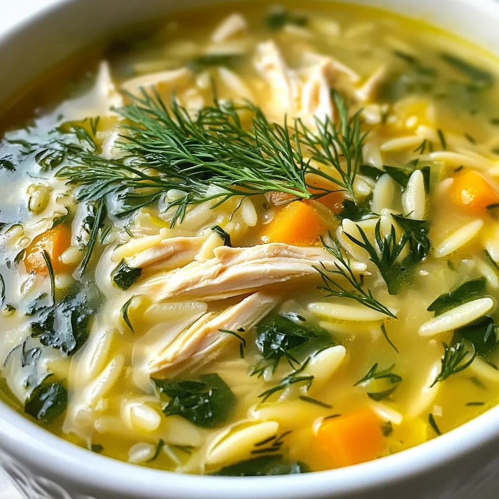 To make Greek Lemon Chicken Orzo Soup, you need a few key items: - 1 lb boneless, skinless chicken breast - 1 cup orzo pasta - 6 cups chicken broth These ingredients form the base of your soup. The chicken gives it protein, while the orzo adds a nice texture. Chicken broth brings all the flavors together. Adding vegetables and seasonings makes your soup tasty and healthy. Here’s what you need: - 1 large onion, chopped - 3 cloves garlic, minced - 2 carrots, diced - 2 celery stalks, diced - 1 cup fresh spinach, roughly chopped - 1 lemon, juiced and zested - 2 tablespoons olive oil - 1 teaspoon dried oregano - Salt and pepper to taste The onion and garlic provide a strong base flavor. Carrots and celery add sweetness and crunch. Spinach gives color and nutrients. Lemon juice and zest brighten the soup, making it fresh and zesty. For a beautiful finish, consider these garnishes: - Fresh dill or parsley for garnish Adding fresh herbs on top not only looks nice but also adds extra flavor. They enhance the soup and make it more inviting. {{ingredient_image_1}} First, you need to heat the olive oil in a large pot. Set the heat to medium. Then, add the chopped onion, diced carrots, and diced celery. Sauté these vegetables for about 5 to 7 minutes. You want them soft, not brown. Next, stir in the minced garlic. Cook it for one more minute. This adds a lovely aroma to your soup. Now, add the boneless, skinless chicken breasts to the pot. Pour in 6 cups of chicken broth. Squeeze in the lemon juice and add the lemon zest. Sprinkle in the dried oregano, salt, and pepper. Bring the mixture to a boil. Once it boils, reduce the heat and let it simmer. Cover the pot and cook for 15 to 20 minutes. The chicken should be fully cooked and tender. After the chicken is cooked, remove it from the pot. Use two forks to shred the chicken into small pieces. Return the shredded chicken back to the pot. Then, add 1 cup of orzo pasta. Cook it for 8 to 10 minutes. The orzo should be al dente, which means it’s cooked but still firm. Finally, stir in the roughly chopped spinach. Let it wilt for a couple of minutes. Taste your soup and adjust the seasoning with more salt, pepper, or lemon juice if you like. To achieve a balanced flavor in your Greek Lemon Chicken Orzo Soup, focus on the broth first. Use good-quality chicken broth. This base gives the soup a rich taste. Add lemon juice and zest to brighten the dish. A touch of salt balances the flavors well. If you want a richer taste, simmer the broth with extra herbs. Shredding chicken can be simple. After cooking, let the chicken cool for a few minutes. Use two forks to pull the meat apart easily. This method works well and keeps the chicken tender. For cooking orzo, add it to the pot after the chicken is done. Cook it until it is al dente, not mushy. Stir occasionally to prevent sticking and ensure even cooking. You can mix up the herbs and spices for more flavor. If you don’t have dried oregano, try thyme or rosemary. They add a nice twist to the soup. When using fresh herbs, add them at the end to keep their bright taste. Fresh ingredients usually provide more flavor than dried ones. However, dried herbs are great for convenience and still work well in this recipe. Pro Tips Use Fresh Ingredients: Fresh herbs and vegetables will elevate the flavor of your soup, making it taste vibrant and delicious. Adjust the Lemon: The acidity of the lemon can be adjusted to your taste. Start with less juice and zest, then add more if you prefer a zestier soup. Cook the Orzo Separately: If you plan to store leftovers, consider cooking the orzo separately to prevent it from absorbing too much broth. Garnish Generously: A sprinkle of fresh dill or parsley not only enhances the presentation but also adds a burst of flavor to each bowl. {{image_2}} You can get creative with proteins in this soup. Instead of chicken, try shrimp or turkey. Both options add a unique taste. If you seek a gluten-free dish, swap the orzo for gluten-free pasta. You can find it in most grocery stores. This keeps the soup delicious while meeting dietary needs. Want to boost the flavor? Add more veggies! Bell peppers or zucchini work well. They add color and nutrition. For a spicy kick, add red pepper flakes. Just a pinch can change the soup's profile. This is a great way to make your bowl stand out. When it comes to serving, pair this soup with traditional bread. A warm baguette or pita complements it nicely. You can also add a fresh salad on the side. For special occasions, serve the soup in elegant bowls. A sprinkle of fresh herbs on top makes it look fancy. These simple touches elevate your dining experience. Store any leftover Greek Lemon Chicken Orzo Soup in an airtight container. Let the soup cool to room temperature before sealing. This helps keep it fresh. The soup will stay good for about 3 to 4 days in the fridge. When you're ready to eat, just take it out and heat it up. If you want to keep the soup longer, freezing works well. Pour the cooled soup into freezer-safe bags or containers. Leave some space at the top for expansion. It’s best to freeze the soup without the orzo. This way, the pasta won’t get mushy. When you want to enjoy it, thaw it in the fridge overnight. Reheat it on the stove or in the microwave. In the fridge, the soup lasts about 3 to 4 days. If frozen, it can last for up to 3 months. To reheat, use low heat on the stove. Stir often to keep it from sticking. If you used the microwave, heat in short bursts. Add a splash of broth or water if it seems thick. This will help keep the flavors bright and fresh. Enjoy! Can I use frozen chicken? Yes, you can use frozen chicken. Just add a few extra minutes to the cooking time. Make sure the chicken reaches 165°F to be safe to eat. Frozen chicken can still be tender and flavorful. How can I make this soup vegetarian? To make this soup vegetarian, swap the chicken for chickpeas or white beans. Use vegetable broth instead of chicken broth. This will keep the soup hearty and delicious. Can I double or halve the recipe? Yes, you can easily double or halve the recipe. Just keep the same cooking times. You may need a larger pot if you double the recipe. What if I don’t have orzo pasta? If you don’t have orzo, use another small pasta like ditalini or even rice. Adjust the cooking time based on the pasta you choose. Each option will bring its own charm to the soup. How many calories per serving? This soup has about 300 calories per serving. This can change based on how much chicken or pasta you use. It remains a filling choice without being overly heavy. What are the health benefits of the ingredients? This soup is packed with nutrients. Chicken provides protein, while orzo gives you carbs for energy. Carrots and spinach add vitamins and minerals. Lemon juice boosts your immune system and adds freshness. This blog post shared how to make Greek Lemon Chicken Orzo Soup. We covered key ingredients like chicken, orzo, and veggies. I showed you step-by-step instructions to prepare and combine the ingredients. We also explored tips for perfecting flavors and variations for this soup. In closing, you now have the tools to make a tasty, healthy soup. Try different ingredients and enjoy it your way!