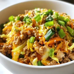 - 1 pound ground chicken or turkey - 4 cups coleslaw mix (shredded cabbage and carrots) - 1 tablespoon sesame oil - 2 tablespoons soy sauce or tamari - 1 tablespoon rice vinegar - 1 teaspoon grated ginger - 2 cloves garlic, minced I love starting with ground chicken or turkey. It cooks fast and tastes great! The coleslaw mix adds crunch and freshness. Sesame oil gives a nice, nutty flavor. Soy sauce or tamari adds salt and depth. Rice vinegar brings a bit of tang. Ginger and garlic add warmth and spice. - 2 green onions, sliced - 1 tablespoon sesame seeds (optional, for garnish) - Salt and pepper to taste Green onions give your dish a burst of color and flavor. Sesame seeds are a lovely garnish. They add texture and a bit of crunch. Don’t forget salt and pepper to make it taste just right! - Alternative proteins like ground beef, pork, or tofu work well. - For low-carb options, swap the coleslaw mix with zucchini noodles or cauliflower rice. If you want a change, try different proteins. Ground beef or pork will work nicely. Tofu is great for a vegetarian option. For a low-carb meal, use zucchini noodles. They add a fresh twist and keep it light. {{ingredient_image_1}} - Heating the Skillet Start by heating a large skillet over medium-high heat. Add 1 tablespoon of sesame oil. Wait until the oil is hot. This will help cook the meat evenly. - Cooking the Ground Meat Once the oil is hot, add 1 pound of ground chicken or turkey. Use a spatula to break it apart. Cook it for about 4 to 6 minutes. You want to make sure it is no longer pink and cooked through. - Adding Aromatics After the meat is cooked, stir in 2 cloves of minced garlic and 1 teaspoon of grated ginger. Let this cook for one more minute. This will bring out the flavors and make your dish smell great. - Combining with Coleslaw Mix Now, add 4 cups of coleslaw mix to the skillet. Stir it well to mix with the meat. Cook for another 3 to 5 minutes. This will slightly wilt the cabbage and blend the flavors. - Incorporating Sauces Pour in 2 tablespoons of soy sauce and 1 tablespoon of rice vinegar. Stir everything together until well coated. Season with salt and pepper to taste. This adds a nice zing to the dish. - Garnishing and Serving Remove the skillet from heat. Stir in 2 sliced green onions for a fresh crunch. Serve the dish warm. If you like, sprinkle with 1 tablespoon of sesame seeds for a fun garnish. To get the best texture, use fresh ingredients. The cabbage should be crisp, and the meat should be tender. Cook the chicken or turkey until it's brown, but do not overcook. This way, the meat stays juicy. Balancing flavors is key. Use enough soy sauce for saltiness, but not too much. The rice vinegar adds a nice tang, so taste as you go. Mix in ginger and garlic for depth. Meal prep can save you time. Chop your veggies and slice the green onions in advance. You can even cook the meat ahead of time. Just store everything in the fridge. Cooking in batches works well if you have a big family or guests. Double the recipe and freeze half. This makes for an easy meal later. For side dishes, serve with rice or noodles. A light salad pairs well, too. If you want extra crunch, try crispy wontons on the side. For toppings, sesame seeds add a nice touch. Green onions give a fresh flavor, while hot sauce can add some heat. Enjoy your dish warm and fresh! Pro Tips Use Fresh Ingredients: Fresh garlic and ginger will elevate the flavor of your dish significantly. Avoid using pre-minced options for the best taste. Customize Your Protein: Feel free to substitute the ground chicken or turkey with ground pork or beef for a different flavor profile. Make It Spicy: Add some red pepper flakes or a dash of sriracha for an extra kick if you enjoy spicy food. Serve with Rice: For a more filling meal, serve this dish over steamed rice or cauliflower rice for a low-carb option. {{image_2}} You can switch up the protein in your Egg Roll in a Bowl. Ground pork or beef works great. Both add rich flavors. They bring a nice twist to the dish. If you prefer a meatless meal, try a vegetarian version. Use tofu or tempeh as the main protein. This gives you a healthy and tasty choice. Get creative with flavor! Want some heat? Add red pepper flakes or sriracha. This will kick the spice up a notch. For a sweet twist, drizzle some honey or add a dash of hoisin sauce. These small changes can make a big difference in taste. If you need gluten-free options, use tamari instead of soy sauce. This keeps your meal safe and delicious. For those following a paleo diet, skip the soy sauce altogether. Use coconut aminos instead for a tasty substitute. These adjustments help you enjoy this dish no matter your diet. - Refrigeration Tips: Let your egg roll in a bowl cool down. Place it in an airtight container. Store it in the fridge. It stays fresh for about 3 to 4 days. - Freezing Guidelines: If you want to freeze it, use a freezer-safe container. Keep it in the freezer for up to 2 months. When ready to eat, thaw it overnight in the fridge. - Best Practices for Reheating: To reheat, use a skillet or microwave. If using a skillet, add a splash of water to keep it moist. Heat on medium until warm. If using a microwave, cover it to prevent drying out. - Avoiding Soggy Vegetables: To avoid sogginess, do not overcook when reheating. Heat just until warmed through. - How Long It Lasts in the Fridge: Your dish lasts about 3 to 4 days in the fridge. Make sure to check for freshness before eating. - Signs of Spoilage: Look for off smells or changes in color. If it looks or smells bad, throw it out. Always trust your senses when it comes to food safety. Egg Roll in a Bowl is a fun, deconstructed version of a classic egg roll. It has all the great flavors without the need for the wrapper. The main parts are ground chicken or turkey, coleslaw mix, and a mix of tasty sauces. The dish is quick to make and packed with veggies. You can enjoy this dish warm, topped with sesame seeds for a little crunch. Yes, you can make Egg Roll in a Bowl ahead of time. It stores well in the fridge for up to four days. To store, let it cool completely first. Then place it in an airtight container. When you're ready to eat, just reheat it in a skillet or the microwave. Meal prepping this dish makes busy nights easy. To add some heat to your Egg Roll in a Bowl, try these tips: - Add red pepper flakes while cooking the meat. - Mix in sriracha or chili sauce before serving. - Top with sliced jalapeños for fresh heat. These options let you control the spice level to match your taste! Egg Roll in a Bowl combines tasty ground meat and fresh veggies. We explored key ingredients, cooking steps, and tips for a perfect dish. Remember, you can swap proteins and adjust flavors to fit your taste. This dish is simple, quick, and healthy. It's perfect for meal prep or a cozy dinner. Try experimenting with different versions and enjoy the delicious results!