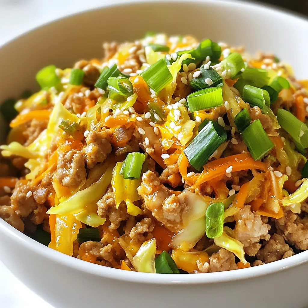 - 1 pound ground chicken or turkey - 4 cups coleslaw mix (shredded cabbage and carrots) - 1 tablespoon sesame oil - 2 tablespoons soy sauce or tamari - 1 tablespoon rice vinegar - 1 teaspoon grated ginger - 2 cloves garlic, minced I love starting with ground chicken or turkey. It cooks fast and tastes great! The coleslaw mix adds crunch and freshness. Sesame oil gives a nice, nutty flavor. Soy sauce or tamari adds salt and depth. Rice vinegar brings a bit of tang. Ginger and garlic add warmth and spice. - 2 green onions, sliced - 1 tablespoon sesame seeds (optional, for garnish) - Salt and pepper to taste Green onions give your dish a burst of color and flavor. Sesame seeds are a lovely garnish. They add texture and a bit of crunch. Don’t forget salt and pepper to make it taste just right! - Alternative proteins like ground beef, pork, or tofu work well. - For low-carb options, swap the coleslaw mix with zucchini noodles or cauliflower rice. If you want a change, try different proteins. Ground beef or pork will work nicely. Tofu is great for a vegetarian option. For a low-carb meal, use zucchini noodles. They add a fresh twist and keep it light. {{ingredient_image_1}} - Heating the Skillet Start by heating a large skillet over medium-high heat. Add 1 tablespoon of sesame oil. Wait until the oil is hot. This will help cook the meat evenly. - Cooking the Ground Meat Once the oil is hot, add 1 pound of ground chicken or turkey. Use a spatula to break it apart. Cook it for about 4 to 6 minutes. You want to make sure it is no longer pink and cooked through. - Adding Aromatics After the meat is cooked, stir in 2 cloves of minced garlic and 1 teaspoon of grated ginger. Let this cook for one more minute. This will bring out the flavors and make your dish smell great. - Combining with Coleslaw Mix Now, add 4 cups of coleslaw mix to the skillet. Stir it well to mix with the meat. Cook for another 3 to 5 minutes. This will slightly wilt the cabbage and blend the flavors. - Incorporating Sauces Pour in 2 tablespoons of soy sauce and 1 tablespoon of rice vinegar. Stir everything together until well coated. Season with salt and pepper to taste. This adds a nice zing to the dish. - Garnishing and Serving Remove the skillet from heat. Stir in 2 sliced green onions for a fresh crunch. Serve the dish warm. If you like, sprinkle with 1 tablespoon of sesame seeds for a fun garnish. To get the best texture, use fresh ingredients. The cabbage should be crisp, and the meat should be tender. Cook the chicken or turkey until it's brown, but do not overcook. This way, the meat stays juicy. Balancing flavors is key. Use enough soy sauce for saltiness, but not too much. The rice vinegar adds a nice tang, so taste as you go. Mix in ginger and garlic for depth. Meal prep can save you time. Chop your veggies and slice the green onions in advance. You can even cook the meat ahead of time. Just store everything in the fridge. Cooking in batches works well if you have a big family or guests. Double the recipe and freeze half. This makes for an easy meal later. For side dishes, serve with rice or noodles. A light salad pairs well, too. If you want extra crunch, try crispy wontons on the side. For toppings, sesame seeds add a nice touch. Green onions give a fresh flavor, while hot sauce can add some heat. Enjoy your dish warm and fresh! Pro Tips Use Fresh Ingredients: Fresh garlic and ginger will elevate the flavor of your dish significantly. Avoid using pre-minced options for the best taste. Customize Your Protein: Feel free to substitute the ground chicken or turkey with ground pork or beef for a different flavor profile. Make It Spicy: Add some red pepper flakes or a dash of sriracha for an extra kick if you enjoy spicy food. Serve with Rice: For a more filling meal, serve this dish over steamed rice or cauliflower rice for a low-carb option. {{image_2}} You can switch up the protein in your Egg Roll in a Bowl. Ground pork or beef works great. Both add rich flavors. They bring a nice twist to the dish. If you prefer a meatless meal, try a vegetarian version. Use tofu or tempeh as the main protein. This gives you a healthy and tasty choice. Get creative with flavor! Want some heat? Add red pepper flakes or sriracha. This will kick the spice up a notch. For a sweet twist, drizzle some honey or add a dash of hoisin sauce. These small changes can make a big difference in taste. If you need gluten-free options, use tamari instead of soy sauce. This keeps your meal safe and delicious. For those following a paleo diet, skip the soy sauce altogether. Use coconut aminos instead for a tasty substitute. These adjustments help you enjoy this dish no matter your diet. - Refrigeration Tips: Let your egg roll in a bowl cool down. Place it in an airtight container. Store it in the fridge. It stays fresh for about 3 to 4 days. - Freezing Guidelines: If you want to freeze it, use a freezer-safe container. Keep it in the freezer for up to 2 months. When ready to eat, thaw it overnight in the fridge. - Best Practices for Reheating: To reheat, use a skillet or microwave. If using a skillet, add a splash of water to keep it moist. Heat on medium until warm. If using a microwave, cover it to prevent drying out. - Avoiding Soggy Vegetables: To avoid sogginess, do not overcook when reheating. Heat just until warmed through. - How Long It Lasts in the Fridge: Your dish lasts about 3 to 4 days in the fridge. Make sure to check for freshness before eating. - Signs of Spoilage: Look for off smells or changes in color. If it looks or smells bad, throw it out. Always trust your senses when it comes to food safety. Egg Roll in a Bowl is a fun, deconstructed version of a classic egg roll. It has all the great flavors without the need for the wrapper. The main parts are ground chicken or turkey, coleslaw mix, and a mix of tasty sauces. The dish is quick to make and packed with veggies. You can enjoy this dish warm, topped with sesame seeds for a little crunch. Yes, you can make Egg Roll in a Bowl ahead of time. It stores well in the fridge for up to four days. To store, let it cool completely first. Then place it in an airtight container. When you're ready to eat, just reheat it in a skillet or the microwave. Meal prepping this dish makes busy nights easy. To add some heat to your Egg Roll in a Bowl, try these tips: - Add red pepper flakes while cooking the meat. - Mix in sriracha or chili sauce before serving. - Top with sliced jalapeños for fresh heat. These options let you control the spice level to match your taste! Egg Roll in a Bowl combines tasty ground meat and fresh veggies. We explored key ingredients, cooking steps, and tips for a perfect dish. Remember, you can swap proteins and adjust flavors to fit your taste. This dish is simple, quick, and healthy. It's perfect for meal prep or a cozy dinner. Try experimenting with different versions and enjoy the delicious results!