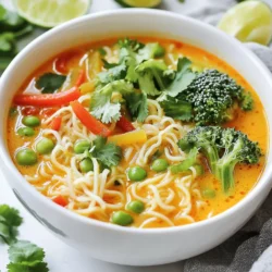 To make a tasty Thai red curry noodle soup, you need the right ingredients. Here’s what you will use: - 200g rice noodles - 1 tablespoon coconut oil - 1 small onion, thinly sliced - 3 cloves garlic, minced - 1 tablespoon fresh ginger, grated - 2 tablespoons red curry paste (adjust to taste) - 400ml coconut milk - 500ml vegetable broth - 1 cup broccoli florets - 1 red bell pepper, julienned - 1 cup snap peas - 2 tablespoons soy sauce - 1 tablespoon lime juice - Fresh cilantro, for garnish - Lime wedges, for serving These ingredients come together to create a warm and comforting soup. Adding a few extra touches can elevate your soup. Consider these options: - Sliced green onions for garnish - Extra lime wedges for serving - Chopped peanuts for a crunchy texture These options can add more flavor and texture to your dish. You can easily adjust the recipe to fit your needs. Here are some ideas: - For gluten-free, use gluten-free soy sauce or tamari. - To make it vegan, ensure your red curry paste is vegan-friendly. - Swap coconut milk with almond or oat milk if you prefer a lighter option. These substitutions keep the dish delicious while catering to your dietary choices. {{ingredient_image_1}} Start by cooking the rice noodles. Follow the package instructions carefully. Usually, you will boil them for about 4 to 6 minutes. Once they are soft, drain the noodles and set them aside. You want them ready for the soup. In a large pot, heat the coconut oil over medium heat. Add the sliced onion and cook until it softens, about 3 to 4 minutes. Next, add the minced garlic and grated ginger. Cook for just 1 minute until you smell their aroma. This step builds the soup's flavor base. Now, add 2 tablespoons of red curry paste to the pot. Stir it in well for about 1 minute. This helps release the paste's rich flavors. After that, pour in 400ml of coconut milk and 500ml of vegetable broth. Stir until the curry paste mixes well into the liquid. Bring the soup to a gentle simmer. Now, add your broccoli florets, julienned red bell pepper, and snap peas. Cook these veggies for 5 to 7 minutes. You want them tender but still bright and crunchy. Next, season the soup with 2 tablespoons of soy sauce and 1 tablespoon of fresh lime juice. Taste it and adjust the seasoning if needed. In serving bowls, add the cooked rice noodles. Ladle the hot curry broth and veggies over the noodles. Finally, garnish each bowl with fresh cilantro and, if you like, some sliced green onions. Serve with lime wedges on the side for a zesty kick. Enjoy your simple yet flavorful Thai Red Curry Noodle Soup! To make your soup shine, focus on fresh ingredients. Use ripe veggies and herbs. Start with a good base. Sauté the onion, garlic, and ginger first. This step boosts the flavor. Then, mix in the red curry paste. Let it cook for a minute. This helps release its rich taste. Lastly, balance the flavors with lime juice and soy sauce. Taste as you go. Adjust until it feels just right. Spice can make or break your dish. I love a kick, but you might not. Start with two tablespoons of red curry paste. This gives a nice warmth. If you want it milder, reduce the amount. You can also add more later. Taste before serving to find your perfect heat. If it’s too spicy, a spoonful of sugar can help cool it down. Cooking veggies right gives your soup crunch and color. Add broccoli, bell pepper, and snap peas at the right time. They need just 5-7 minutes in the broth. This way, they stay bright and crisp. Cut them into small pieces for even cooking. Always wash your vegetables well to keep them fresh. Use seasonal produce for the best taste. Pro Tips Tip on Noodle Cooking: Make sure to cook the rice noodles just until al dente, as they will continue to soften once added to the hot soup. Tip for Flavor Depth: For an extra depth of flavor, consider adding a splash of fish sauce or tamari in place of soy sauce for a gluten-free option. Tip for Veggie Crispiness: To maintain vibrant colors and crunch in the vegetables, add them to the soup at the last minute of cooking. Tip on Spice Control: Adjust the amount of red curry paste based on your spice tolerance; start with less and add more for a stronger kick. {{image_2}} You can add proteins to your Thai red curry noodle soup to make it heartier. Some great options include: - Chicken: Use thinly sliced chicken breast. Cook it in the pot after the onion. - Shrimp: Add peeled shrimp when you add the vegetables. They cook fast and add a nice flavor. - Tofu: Use firm tofu, cut into cubes. Sauté it with the onion for extra taste. This soup is easy to adapt for vegans and vegetarians. You can replace the protein and broth. Here are some ideas: - Use vegetable broth: Make sure your broth is vegan-friendly. - Mushrooms: Add sliced shiitake or portobello for a meaty texture. - Chickpeas: Canned chickpeas add protein and fiber. Stir them in with the vegetables. If you need a gluten-free version, it’s simple to modify. Here’s how: - Rice noodles: They are naturally gluten-free. Just check the package to be sure. - Soy sauce: Use tamari instead of regular soy sauce. Tamari is gluten-free and tastes great. - Broth: Always check labels to ensure your vegetable broth is gluten-free. With these variations, you can customize your soup to fit your taste and dietary needs. Enjoy experimenting! To keep your Thai Red Curry Noodle Soup fresh, let it cool first. Once cool, pour it into an airtight container. This soup can last in the fridge for up to three days. Be sure to store the rice noodles separately. This helps prevent them from getting mushy. When you're ready to enjoy your leftovers, reheat the soup on medium heat in a pot. Stir it often to heat evenly. If the soup looks thick, add a splash of vegetable broth or water. Heat until it’s warm throughout. The noodles should be tender, not overcooked. You can freeze this soup for up to three months. However, it’s best to freeze the broth and veggies separately from the noodles. To freeze, pour the cooled soup into freezer-safe bags or containers. Remove as much air as possible. When ready to eat, thaw it in the fridge overnight and reheat as needed. Thai Red Curry Noodle Soup comes from Thailand. Thai food mixes sweet, sour, salty, and spicy flavors. This soup uses red curry paste, which is a key part of Thai cooking. The dish reflects the rich culture and culinary history of Thailand. Many families enjoy it at home. You can find it in Thai restaurants worldwide. Yes, you can make this soup ahead of time. Prepare the soup base and store it in the fridge for up to three days. When you're ready to eat, just heat it up. Cook the rice noodles fresh before serving. This keeps them from getting mushy. You can also freeze the soup for up to a month. Just remember to leave out the noodles until you reheat it. To make your Thai Red Curry Noodle Soup spicier, add more red curry paste. Start with a little and taste as you go. You can also add sliced fresh chilies or chili flakes. For a different heat, try a splash of hot sauce. Serve with fresh lime for a zesty kick. Adjust the spice level to match your taste buds! In this article, we explored how to make Thai Red Curry Noodle Soup. We discussed key ingredients, including optional add-ins and swaps for diets. I shared step-by-step instructions for preparing rice noodles and the soup base. You learned tips to enhance flavor and adjust spice levels. We also covered variations for proteins and dietary needs. In closing, this soup is versatile and easy to make. Enjoy experimenting with flavors and ingredients. Your perfect bowl awaits!