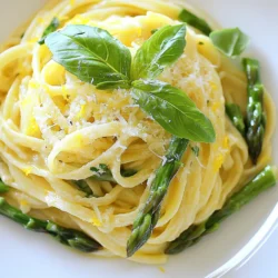 - 300g fettuccine pasta - 1 bunch of asparagus, trimmed and cut into thirds - 2 tablespoons olive oil - 3 cloves garlic, minced - 1 cup heavy cream - 1/2 cup grated Parmesan cheese - Zest of 1 lemon - Juice of 1 lemon - Salt and pepper to taste - Fresh basil leaves for garnish The key to this dish is in the ingredients. Fettuccine pasta gives a nice base. Asparagus adds a fresh crunch. Olive oil brings richness, while garlic adds depth. The sauce? It’s all about the heavy cream and Parmesan cheese. These two make the dish creamy and rich. Lemon zest and juice brighten everything up with their tangy flavor. Don't forget salt and pepper for seasoning. Fresh basil leaves add color and a hint of sweetness. Together, these ingredients create a simple yet delicious meal. {{ingredient_image_1}} To cook fettuccine properly, start by boiling a large pot of salted water. Use about one tablespoon of salt for every four quarts of water. Once the water boils, add 300g of fettuccine. Stir it well to keep it from sticking. Cook it according to the package instructions, usually around 8 to 10 minutes. When the pasta is almost done, it’s time to add the asparagus. Cut one bunch of asparagus into thirds and drop it into the pot during the last 3 minutes of cooking. This keeps the asparagus tender but still crisp. Once done, drain both the pasta and asparagus in a colander. Be sure to reserve 1/2 cup of that pasta water. You’ll need it later to adjust your sauce. Next, let’s prepare the creamy sauce. In a large skillet, heat 2 tablespoons of olive oil over medium heat. Add 3 minced garlic cloves and sauté for about 1 to 2 minutes. Keep an eye on it; you don’t want it to burn. When the garlic smells amazing, pour in 1 cup of heavy cream. Bring it to a gentle simmer. Now, it’s time to add flavor. Stir in 1/2 cup of grated Parmesan cheese, the zest of one lemon, and the juice of that lemon. Mix everything until the cheese melts and the sauce becomes creamy. If the sauce seems too thick, adjust it with the reserved pasta water. Add a little at a time until you reach the right consistency. Now we combine the pasta and sauce. Add the cooked fettuccine and asparagus directly to the skillet. Toss everything together until the pasta and asparagus are well coated in that creamy lemon sauce. This step is key for flavor. Don't forget to season with salt and pepper to taste. After mixing, remove the skillet from heat. Let it sit for a minute. This allows the flavors to meld perfectly. Serve your creamy lemon asparagus pasta hot, garnished with fresh basil leaves for that lovely touch. Enjoy your meal! How to avoid overcooking asparagus To keep asparagus crisp, cook it for just a few minutes. Add it to the pasta pot during the last three minutes of cooking. This way, it stays bright green and crunchy. Ways to enhance flavor Add a pinch of red pepper flakes for heat. You can also mix in some lemon zest early for a stronger lemon taste. Fresh herbs, like basil, can add a lovely aroma and taste. Best ways to serve creamy lemon asparagus pasta Serve this pasta in shallow bowls to show off its creamy texture. Twirl the fettuccine into nests for a fun look. Pair it with a simple side salad for color. Garnishing ideas for visual appeal Sprinkle more grated Parmesan on top for a cheesy touch. Fresh basil leaves add a pop of green and freshness. You can also add lemon slices for a bright, sunny look. What to do if the sauce is too thick If your sauce is thick, slowly add the reserved pasta water. Stir until you reach your desired consistency. This keeps the sauce creamy without changing the flavor. Adjusting flavors with seasoning Taste your dish before serving. If it needs more flavor, add a pinch of salt or pepper. A little extra lemon juice can brighten up the dish if it tastes flat. Pro Tips Perfect Pasta Texture: Make sure to cook the fettuccine until al dente for the best texture, as it will continue to cook slightly when mixed with the sauce. Freshness is Key: Use fresh lemon juice and zest for a brighter, more vibrant flavor in your creamy sauce. Customize Your Greens: Feel free to substitute asparagus with other seasonal vegetables, such as peas or spinach, for a different flavor profile. Leftover Sauce Tips: If you have leftover sauce, store it separately in the fridge and reheat gently on the stove, adding a splash of cream or pasta water to restore its creaminess. {{image_2}} You can make this dish heartier with protein. Adding grilled chicken or shrimp gives a nice boost. Simply cook the protein separately and toss it in before serving. If you want a meat-free option, try adding chickpeas. They add protein and texture, making the dish filling and satisfying. Feel free to switch up the pasta. Whole wheat pasta adds fiber and a nutty flavor. If you need gluten-free, there are many options available. Brown rice or chickpea pasta works well here. You can also try different shapes like penne or rotini. They hold the sauce well and make every bite fun. If you're looking for dairy-free options, use coconut cream instead of heavy cream. Nutritional yeast can replace Parmesan cheese. It gives a cheesy flavor without dairy. You can also mix in other vegetables. Spinach, peas, or cherry tomatoes work nicely. This adds color and nutrients to your meal. To keep creamy lemon asparagus pasta fresh, place it in an airtight container. This helps prevent it from drying out. Store it in the fridge. It stays good for about three to four days. Make sure to cool it down first. This helps keep the pasta from getting mushy. Yes, you can freeze creamy lemon asparagus pasta. However, the creamy sauce may change a bit in texture when thawed. To freeze, let the pasta cool completely. Then, place it in a freezer-safe container. Leave some space at the top to allow for expansion. It can last up to three months in the freezer. To reheat without drying out, use low heat. You can use the stove or microwave. If using the stove, add a splash of water or cream. This helps keep the pasta moist. Stir it often until heated through. In the microwave, cover the bowl with a lid or damp paper towel. Heat in short bursts, stirring in between. This ensures even heating and keeps it creamy. How can I make this dish vegan? To make creamy lemon asparagus pasta vegan, swap the heavy cream for coconut cream or a plant-based cream. Use nutritional yeast instead of Parmesan cheese for a cheesy flavor. What can I serve with creamy lemon asparagus pasta? You can serve this dish with a simple green salad or garlic bread. Grilled chicken or shrimp also pairs nicely for added protein. Can I use frozen asparagus instead of fresh? Yes, you can use frozen asparagus. Just thaw it before cooking. Add it to the pasta a minute or two before draining to warm it through. What other cheeses can I use in the sauce? You can try using mozzarella or goat cheese for different flavors. Both melt well and add creaminess to the sauce. How can I make the dish spicier? To add spice, mix in some red pepper flakes or a dash of cayenne pepper. You can also add sautéed jalapeños for a fresh kick. Is creamy lemon asparagus pasta a healthy option? This dish can be a healthy choice if you use whole grain pasta. It has good nutrients from asparagus and can be lighter with fewer cream and cheese. What are the calorie counts per serving? Each serving has about 450 calories. This can vary based on the type of pasta and cheese you use. Adjusting ingredients can change the count as well. You now have a clear path to make creamy lemon asparagus pasta. This dish combines tasty ingredients, a rich sauce, and simple steps. By following the tips and variations, you can customize it to your taste. Remember, cooking is all about experimenting and having fun. Don’t shy away from making it your own. Enjoy cooking and savoring this delightful meal with friends or family. Happy cooking!