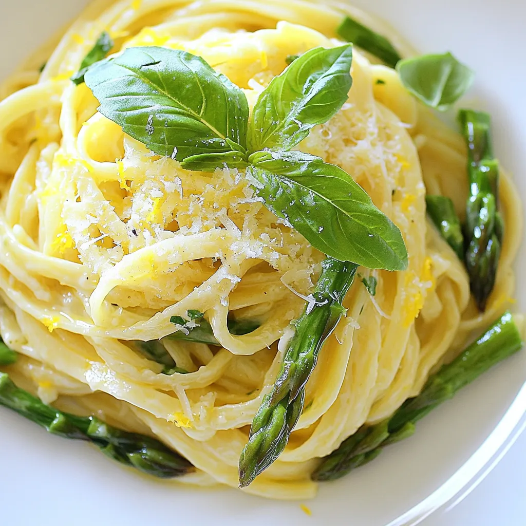 - 300g fettuccine pasta - 1 bunch of asparagus, trimmed and cut into thirds - 2 tablespoons olive oil - 3 cloves garlic, minced - 1 cup heavy cream - 1/2 cup grated Parmesan cheese - Zest of 1 lemon - Juice of 1 lemon - Salt and pepper to taste - Fresh basil leaves for garnish The key to this dish is in the ingredients. Fettuccine pasta gives a nice base. Asparagus adds a fresh crunch. Olive oil brings richness, while garlic adds depth. The sauce? It’s all about the heavy cream and Parmesan cheese. These two make the dish creamy and rich. Lemon zest and juice brighten everything up with their tangy flavor. Don't forget salt and pepper for seasoning. Fresh basil leaves add color and a hint of sweetness. Together, these ingredients create a simple yet delicious meal. {{ingredient_image_1}} To cook fettuccine properly, start by boiling a large pot of salted water. Use about one tablespoon of salt for every four quarts of water. Once the water boils, add 300g of fettuccine. Stir it well to keep it from sticking. Cook it according to the package instructions, usually around 8 to 10 minutes. When the pasta is almost done, it’s time to add the asparagus. Cut one bunch of asparagus into thirds and drop it into the pot during the last 3 minutes of cooking. This keeps the asparagus tender but still crisp. Once done, drain both the pasta and asparagus in a colander. Be sure to reserve 1/2 cup of that pasta water. You’ll need it later to adjust your sauce. Next, let’s prepare the creamy sauce. In a large skillet, heat 2 tablespoons of olive oil over medium heat. Add 3 minced garlic cloves and sauté for about 1 to 2 minutes. Keep an eye on it; you don’t want it to burn. When the garlic smells amazing, pour in 1 cup of heavy cream. Bring it to a gentle simmer. Now, it’s time to add flavor. Stir in 1/2 cup of grated Parmesan cheese, the zest of one lemon, and the juice of that lemon. Mix everything until the cheese melts and the sauce becomes creamy. If the sauce seems too thick, adjust it with the reserved pasta water. Add a little at a time until you reach the right consistency. Now we combine the pasta and sauce. Add the cooked fettuccine and asparagus directly to the skillet. Toss everything together until the pasta and asparagus are well coated in that creamy lemon sauce. This step is key for flavor. Don't forget to season with salt and pepper to taste. After mixing, remove the skillet from heat. Let it sit for a minute. This allows the flavors to meld perfectly. Serve your creamy lemon asparagus pasta hot, garnished with fresh basil leaves for that lovely touch. Enjoy your meal! How to avoid overcooking asparagus To keep asparagus crisp, cook it for just a few minutes. Add it to the pasta pot during the last three minutes of cooking. This way, it stays bright green and crunchy. Ways to enhance flavor Add a pinch of red pepper flakes for heat. You can also mix in some lemon zest early for a stronger lemon taste. Fresh herbs, like basil, can add a lovely aroma and taste. Best ways to serve creamy lemon asparagus pasta Serve this pasta in shallow bowls to show off its creamy texture. Twirl the fettuccine into nests for a fun look. Pair it with a simple side salad for color. Garnishing ideas for visual appeal Sprinkle more grated Parmesan on top for a cheesy touch. Fresh basil leaves add a pop of green and freshness. You can also add lemon slices for a bright, sunny look. What to do if the sauce is too thick If your sauce is thick, slowly add the reserved pasta water. Stir until you reach your desired consistency. This keeps the sauce creamy without changing the flavor. Adjusting flavors with seasoning Taste your dish before serving. If it needs more flavor, add a pinch of salt or pepper. A little extra lemon juice can brighten up the dish if it tastes flat. Pro Tips Perfect Pasta Texture: Make sure to cook the fettuccine until al dente for the best texture, as it will continue to cook slightly when mixed with the sauce. Freshness is Key: Use fresh lemon juice and zest for a brighter, more vibrant flavor in your creamy sauce. Customize Your Greens: Feel free to substitute asparagus with other seasonal vegetables, such as peas or spinach, for a different flavor profile. Leftover Sauce Tips: If you have leftover sauce, store it separately in the fridge and reheat gently on the stove, adding a splash of cream or pasta water to restore its creaminess. {{image_2}} You can make this dish heartier with protein. Adding grilled chicken or shrimp gives a nice boost. Simply cook the protein separately and toss it in before serving. If you want a meat-free option, try adding chickpeas. They add protein and texture, making the dish filling and satisfying. Feel free to switch up the pasta. Whole wheat pasta adds fiber and a nutty flavor. If you need gluten-free, there are many options available. Brown rice or chickpea pasta works well here. You can also try different shapes like penne or rotini. They hold the sauce well and make every bite fun. If you're looking for dairy-free options, use coconut cream instead of heavy cream. Nutritional yeast can replace Parmesan cheese. It gives a cheesy flavor without dairy. You can also mix in other vegetables. Spinach, peas, or cherry tomatoes work nicely. This adds color and nutrients to your meal. To keep creamy lemon asparagus pasta fresh, place it in an airtight container. This helps prevent it from drying out. Store it in the fridge. It stays good for about three to four days. Make sure to cool it down first. This helps keep the pasta from getting mushy. Yes, you can freeze creamy lemon asparagus pasta. However, the creamy sauce may change a bit in texture when thawed. To freeze, let the pasta cool completely. Then, place it in a freezer-safe container. Leave some space at the top to allow for expansion. It can last up to three months in the freezer. To reheat without drying out, use low heat. You can use the stove or microwave. If using the stove, add a splash of water or cream. This helps keep the pasta moist. Stir it often until heated through. In the microwave, cover the bowl with a lid or damp paper towel. Heat in short bursts, stirring in between. This ensures even heating and keeps it creamy. How can I make this dish vegan? To make creamy lemon asparagus pasta vegan, swap the heavy cream for coconut cream or a plant-based cream. Use nutritional yeast instead of Parmesan cheese for a cheesy flavor. What can I serve with creamy lemon asparagus pasta? You can serve this dish with a simple green salad or garlic bread. Grilled chicken or shrimp also pairs nicely for added protein. Can I use frozen asparagus instead of fresh? Yes, you can use frozen asparagus. Just thaw it before cooking. Add it to the pasta a minute or two before draining to warm it through. What other cheeses can I use in the sauce? You can try using mozzarella or goat cheese for different flavors. Both melt well and add creaminess to the sauce. How can I make the dish spicier? To add spice, mix in some red pepper flakes or a dash of cayenne pepper. You can also add sautéed jalapeños for a fresh kick. Is creamy lemon asparagus pasta a healthy option? This dish can be a healthy choice if you use whole grain pasta. It has good nutrients from asparagus and can be lighter with fewer cream and cheese. What are the calorie counts per serving? Each serving has about 450 calories. This can vary based on the type of pasta and cheese you use. Adjusting ingredients can change the count as well. You now have a clear path to make creamy lemon asparagus pasta. This dish combines tasty ingredients, a rich sauce, and simple steps. By following the tips and variations, you can customize it to your taste. Remember, cooking is all about experimenting and having fun. Don’t shy away from making it your own. Enjoy cooking and savoring this delightful meal with friends or family. Happy cooking!
