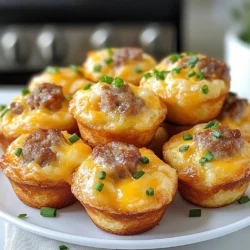 To make tasty sausage muffin bites, you need a few key ingredients. Here’s what you’ll need: - 1 cup all-purpose flour - 1 teaspoon baking powder - ½ teaspoon baking soda - ½ teaspoon salt - 1 teaspoon black pepper - 1 cup buttermilk - 1 large egg - ½ cup shredded cheddar cheese - 1 cup cooked sausage, crumbled (Italian or breakfast sausage) These ingredients work together to create a fluffy, savory muffin. The flour gives the base, while the buttermilk adds moisture and tang. The sausage provides a hearty flavor, making each bite satisfying. You can add some fun flavors with optional ingredients. Consider using: - 2 tablespoons chopped fresh chives Adding chives gives a fresh, mild onion taste. You can also try other herbs or spices like garlic powder or paprika for extra zest. Feel free to get creative with your additions! Each serving of these sausage muffin bites is packed with good nutrition. Here’s a rough breakdown: - Calories: 90 - Protein: 5g - Carbohydrates: 9g - Fat: 4g - Fiber: 0g These bites are a great snack or appetizer. They provide energy without being too heavy. Enjoy them warm or at room temperature! {{ingredient_image_1}} To start, you need to preheat your oven to 350°F (175°C). Grease a mini muffin tin with cooking spray or line it with mini muffin liners. This step helps the muffin bites release easily after baking. In a medium bowl, whisk together the following dry ingredients: - 1 cup all-purpose flour - 1 teaspoon baking powder - ½ teaspoon baking soda - ½ teaspoon salt - 1 teaspoon black pepper Whisk until everything is well mixed. This helps the muffins rise and gives them flavor. In another bowl, mix the wet ingredients: - 1 cup buttermilk - 1 large egg Stir until fully blended. Next, pour this wet mix into the dry ingredients. Stir gently until just combined. Make sure not to overmix. Now, fold in the flavorful add-ins: - ½ cup shredded cheddar cheese - 1 cup cooked sausage, crumbled - 2 tablespoons chopped fresh chives (optional) Mix until the cheese and sausage are evenly spread in the batter. Spoon the batter into your prepared mini muffin tin. Fill each cup about ¾ full to allow room for rising. Bake the muffin bites for 15 to 18 minutes. They should turn golden brown. To test for doneness, insert a toothpick into the center. If it comes out clean, they are ready. Once baked, remove the tin from the oven. Let the muffin bites cool in the tin for about 5 minutes. After that, transfer them to a wire rack to cool completely. You can serve these warm or at room temperature. They make a tasty snack or a great appetizer, perfect for sharing! To get the best texture in your Sausage Muffin Bites, avoid overmixing the batter. Mix just until the dry and wet ingredients blend. This keeps the muffins light and fluffy. Use fresh buttermilk for a rich taste. It adds moisture and helps the muffins rise nicely. One common mistake is overfilling the muffin cups. Fill them only ¾ full for even baking. If you add too much batter, they may overflow and lose shape. Another mistake is choosing low-quality sausage. High-quality sausage gives more flavor. Opt for Italian or breakfast sausage for the best taste. These bites pair well with various sauces. Try serving them with spicy mustard or a creamy ranch dip. A simple ketchup also works great. You can even serve them with homemade salsa for a fresh twist. These dips enhance the flavors and add fun to your snack time! Pro Tips Use Fresh Sausage: Opt for high-quality, fresh sausage for the best flavor. If possible, choose Italian sausage for a bit of spice or breakfast sausage for a milder taste. Don’t Overmix: When combining wet and dry ingredients, stir gently and only until just combined. Overmixing can lead to dense muffins. Customize Cheese: Feel free to experiment with different types of cheese, such as pepper jack for added heat or mozzarella for a milder, stretchy texture. Storage Tips: Store leftover muffins in an airtight container in the fridge for up to a week. Reheat in the microwave for a quick snack! {{image_2}} You can make these bites gluten-free with a simple swap. Use gluten-free flour instead of all-purpose flour. This change keeps the texture smooth and tasty. For dairy-free options, try almond milk in place of buttermilk. Use a non-dairy cheese for added flavor. Mixing in seasonal flavors can add fun to your muffin bites. In spring, add fresh herbs like basil or dill for bright taste. Summer is perfect for adding corn or diced peppers for a sweet crunch. In fall, try pumpkin puree or spices like cinnamon and nutmeg for warmth. Winter calls for cozy flavors, so include some cooked bacon or smoked sausage. You can get creative with the shape of your muffin bites. Instead of mini muffins, use a silicone mold for fun shapes like stars or hearts. This makes them great for parties or kids. For a twist, bake the batter in a loaf pan for a larger snack, slicing it into bite-sized pieces. You can also try using a waffle maker for a different texture and fun presentation. To keep your sausage muffin bites fresh, store them in an airtight container. You can place them at room temperature for up to two days. If you want them to last longer, refrigerate them. They will stay good in the fridge for about a week. When you are ready to enjoy your leftovers, you can reheat them easily. Preheat your oven to 350°F (175°C). Place the muffin bites on a baking sheet and heat them for about 8-10 minutes. You can also use the microwave if you are short on time. Just heat them for about 20-30 seconds. For longer storage, you can freeze the muffin bites. First, let them cool completely. Then, wrap each muffin in plastic wrap or foil. Place them in a freezer bag. They will stay fresh for up to three months. To enjoy them later, thaw them in the fridge overnight and reheat as needed. I recommend using either Italian sausage or breakfast sausage. Both add great flavor. Italian sausage brings a nice spice, while breakfast sausage offers a savory, mild taste. Choose the one you like best or mix them for added depth. Yes, you can make these muffin bites ahead of time. Prepare them, then store them in an airtight container. They stay fresh for up to three days in the fridge. You can also freeze them for up to three months. Just let them cool completely before freezing. Check the muffin bites after 15 minutes of baking. Insert a toothpick into the center. If it comes out clean, they are ready. The tops should be golden brown. If not done, bake for a few more minutes. Keep an eye on them so they don’t overbake. Sausage muffin bites are simple and fun to make. We covered key ingredients, steps, and cooking tips. You learned how to prepare, bake, and store them well. These bites are easy to customize with flavors and shapes. Remember to avoid common mistakes for the best results. With the right sauces or dips, these snacks will shine. I hope you try these delicious bites. Get creative and enjoy every bite!