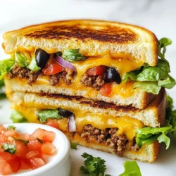 To make a tasty Taco Grilled Cheese, you need these key ingredients: - 4 slices of sourdough bread - 1 cup shredded sharp cheddar cheese - 1 cup shredded Monterey Jack cheese - 1 cup cooked ground beef or turkey (seasoned with taco seasoning) - 1/4 cup diced tomatoes - 1/4 cup sliced black olives - 1/4 cup diced red onion - 1/4 cup shredded lettuce - 2 tablespoons butter These ingredients blend to create a mix of flavors. The cheeses melt beautifully, while the seasoned meat adds a savory kick. You can make your Taco Grilled Cheese even better with extra toppings. Consider adding: - Fresh avocado slices - Chopped cilantro - Jalapeños for some heat - A squeeze of lime juice Serve your grilled cheese with salsa and sour cream for dipping. These add freshness and a creamy texture that pairs well with the crisp bread. If you want a lighter Taco Grilled Cheese, try these swaps: - Use whole grain or gluten-free bread instead of sourdough. - Replace the ground meat with black beans or lentils for a plant-based option. - Choose low-fat cheese or a vegan cheese alternative. - Add more veggies like bell peppers or spinach to boost nutrition. These changes keep the flavor but reduce calories and fat, making it a healthier choice. {{ingredient_image_1}} Start by mixing the taco filling. In a bowl, combine the cooked ground beef or turkey with diced tomatoes, sliced black olives, and diced red onion. Use a spoon to mix everything gently. This mix brings the taco flavor to your grilled cheese. Make sure each ingredient is well combined. You want to taste all the flavors in every bite. Next, we’ll build the sandwich. Take two slices of sourdough bread and lay them on a clean surface. Sprinkle half of the shredded cheddar and Monterey Jack cheese on each slice. Then, spread the taco filling evenly over one slice of cheese. Top this with the rest of the cheese. Finally, place the second slice of bread on top. This forms a tasty taco grilled cheese sandwich. Now, it’s time to grill. First, spread 1 tablespoon of butter on one side of each sandwich. This butter helps create a golden, crispy crust. Preheat your skillet over medium heat. Once it’s hot, place the sandwich butter-side down in the skillet. Cook for about 4-5 minutes, or until the bottom is golden brown. Before flipping, butter the top slice of bread. Then, carefully flip the sandwich. Grill for another 4-5 minutes until the cheese melts and the bread becomes crispy. Remove it from the skillet and slice in half. Serve with shredded lettuce, salsa, and sour cream for dipping. Enjoy your taco grilled cheese! For the best taco grilled cheese, use a mix of cheeses. I love using sharp cheddar and Monterey Jack. Together, they add a rich, creamy taste. You can also try pepper jack for some heat. This cheese melts well and gives a nice kick. Experimenting with different cheeses can lead to great flavors. To get a nice crunch, choose sourdough bread. It browns beautifully. Make sure to use enough butter on the outside. This helps create a golden crust. Grill over medium heat. If the heat is too high, the bread may burn before the cheese melts. Flip the sandwich carefully to keep it intact. One common mistake is not preheating the skillet. Always let it heat up first. This step is key for a good grill. Another mistake is overstuffing your sandwich. Too much filling can make it hard to grill evenly. Keep your filling balanced for the best results. Lastly, don’t rush the grilling time. Let each side cook until golden brown. Pro Tips Choose the Right Bread: Sourdough is great for its texture, but you can also use a sturdy bread like Texas toast or ciabatta for extra crunch. Layering for Melting: For the gooey cheese effect, mix both cheddar and Monterey Jack, and make sure to add cheese both above and below the filling. Don’t Rush the Grill: Cooking on medium heat allows the bread to toast evenly while the cheese melts perfectly, preventing burning. Customize Your Filling: Feel free to add additional taco toppings like jalapeños, corn, or guacamole for a personalized twist. {{image_2}} You can easily switch this dish to make it vegetarian. Use black beans instead of meat. Add more veggies like bell peppers or corn for extra flavor. You might also want to include avocado for creaminess. This keeps the taste rich and satisfying while being meat-free. Want some heat? Add sliced jalapeños to your taco filling. They bring a nice kick that pairs well with cheese. You can also use pickled jalapeños for a tangy twist. Adjust the amount based on your spice level. This will make your Taco Grilled Cheese pop with flavor. While sourdough is great, you can try other breads too. Use whole wheat for a hearty option or brioche for a touch of sweetness. Cornbread can also add a unique flavor. Each type of bread brings its own taste and texture, so feel free to experiment! To store leftover Taco Grilled Cheese, let it cool first. Place it in an airtight container. You can keep it in the fridge for up to three days. Make sure to separate each sandwich with parchment paper. This keeps them from sticking together. For the best taste, reheat your sandwich in a skillet. Heat it over medium-low heat. This warms the filling and keeps the bread crispy. Cook for about 3-4 minutes on each side. If you prefer the microwave, use short bursts on medium power. This will warm it but may make the bread soft. You can freeze Taco Grilled Cheese too. Wrap each sandwich tightly in plastic wrap. Then, place them in a freezer bag. They can last for up to three months in the freezer. When ready to eat, thaw in the fridge overnight. Then, reheat as mentioned above for best results. Yes, you can make Taco Grilled Cheese in an air fryer. Preheat the air fryer to 370°F. Assemble your sandwich as normal. Place it in the basket and cook for 8-10 minutes. Flip it halfway through. This method gives you a nice crunch without using too much oil. The best taco seasonings include cumin, paprika, garlic powder, and onion powder. You can also use pre-made taco seasoning for ease. Adjust the spice level based on your taste. A little chili powder adds heat, while oregano gives depth. Mix these spices into your meat for a bold taste. To customize Taco Grilled Cheese for kids, use milder cheese like Monterey Jack. You can skip the black olives and red onion if they prefer simpler flavors. Add more diced tomatoes or even corn for sweetness. Serve it with a side of salsa or sour cream for dipping fun. Taco grilled cheese is a fun and tasty meal that you can easily make. We covered the best ingredients, steps, and tips for perfect results. You learned how to mix flavors, choose the right cheese, and avoid mistakes. You can also try healthier options and variations to suit your taste. Store leftovers well to enjoy them later. This dish is quick and full of flavor, making it perfect for any day. Enjoy your cooking adventure with taco grilled cheese!