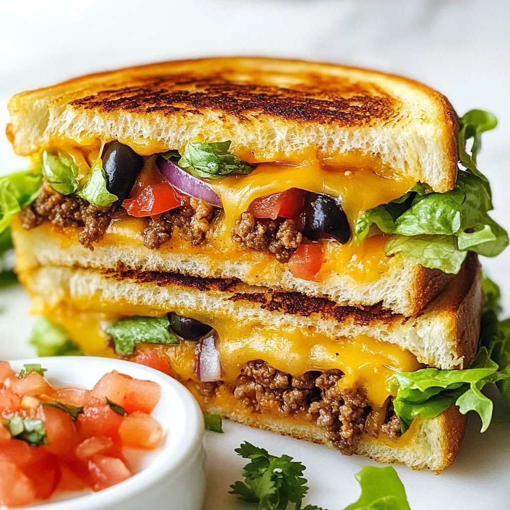 To make a tasty Taco Grilled Cheese, you need these key ingredients: - 4 slices of sourdough bread - 1 cup shredded sharp cheddar cheese - 1 cup shredded Monterey Jack cheese - 1 cup cooked ground beef or turkey (seasoned with taco seasoning) - 1/4 cup diced tomatoes - 1/4 cup sliced black olives - 1/4 cup diced red onion - 1/4 cup shredded lettuce - 2 tablespoons butter These ingredients blend to create a mix of flavors. The cheeses melt beautifully, while the seasoned meat adds a savory kick. You can make your Taco Grilled Cheese even better with extra toppings. Consider adding: - Fresh avocado slices - Chopped cilantro - Jalapeños for some heat - A squeeze of lime juice Serve your grilled cheese with salsa and sour cream for dipping. These add freshness and a creamy texture that pairs well with the crisp bread. If you want a lighter Taco Grilled Cheese, try these swaps: - Use whole grain or gluten-free bread instead of sourdough. - Replace the ground meat with black beans or lentils for a plant-based option. - Choose low-fat cheese or a vegan cheese alternative. - Add more veggies like bell peppers or spinach to boost nutrition. These changes keep the flavor but reduce calories and fat, making it a healthier choice. {{ingredient_image_1}} Start by mixing the taco filling. In a bowl, combine the cooked ground beef or turkey with diced tomatoes, sliced black olives, and diced red onion. Use a spoon to mix everything gently. This mix brings the taco flavor to your grilled cheese. Make sure each ingredient is well combined. You want to taste all the flavors in every bite. Next, we’ll build the sandwich. Take two slices of sourdough bread and lay them on a clean surface. Sprinkle half of the shredded cheddar and Monterey Jack cheese on each slice. Then, spread the taco filling evenly over one slice of cheese. Top this with the rest of the cheese. Finally, place the second slice of bread on top. This forms a tasty taco grilled cheese sandwich. Now, it’s time to grill. First, spread 1 tablespoon of butter on one side of each sandwich. This butter helps create a golden, crispy crust. Preheat your skillet over medium heat. Once it’s hot, place the sandwich butter-side down in the skillet. Cook for about 4-5 minutes, or until the bottom is golden brown. Before flipping, butter the top slice of bread. Then, carefully flip the sandwich. Grill for another 4-5 minutes until the cheese melts and the bread becomes crispy. Remove it from the skillet and slice in half. Serve with shredded lettuce, salsa, and sour cream for dipping. Enjoy your taco grilled cheese! For the best taco grilled cheese, use a mix of cheeses. I love using sharp cheddar and Monterey Jack. Together, they add a rich, creamy taste. You can also try pepper jack for some heat. This cheese melts well and gives a nice kick. Experimenting with different cheeses can lead to great flavors. To get a nice crunch, choose sourdough bread. It browns beautifully. Make sure to use enough butter on the outside. This helps create a golden crust. Grill over medium heat. If the heat is too high, the bread may burn before the cheese melts. Flip the sandwich carefully to keep it intact. One common mistake is not preheating the skillet. Always let it heat up first. This step is key for a good grill. Another mistake is overstuffing your sandwich. Too much filling can make it hard to grill evenly. Keep your filling balanced for the best results. Lastly, don’t rush the grilling time. Let each side cook until golden brown. Pro Tips Choose the Right Bread: Sourdough is great for its texture, but you can also use a sturdy bread like Texas toast or ciabatta for extra crunch. Layering for Melting: For the gooey cheese effect, mix both cheddar and Monterey Jack, and make sure to add cheese both above and below the filling. Don’t Rush the Grill: Cooking on medium heat allows the bread to toast evenly while the cheese melts perfectly, preventing burning. Customize Your Filling: Feel free to add additional taco toppings like jalapeños, corn, or guacamole for a personalized twist. {{image_2}} You can easily switch this dish to make it vegetarian. Use black beans instead of meat. Add more veggies like bell peppers or corn for extra flavor. You might also want to include avocado for creaminess. This keeps the taste rich and satisfying while being meat-free. Want some heat? Add sliced jalapeños to your taco filling. They bring a nice kick that pairs well with cheese. You can also use pickled jalapeños for a tangy twist. Adjust the amount based on your spice level. This will make your Taco Grilled Cheese pop with flavor. While sourdough is great, you can try other breads too. Use whole wheat for a hearty option or brioche for a touch of sweetness. Cornbread can also add a unique flavor. Each type of bread brings its own taste and texture, so feel free to experiment! To store leftover Taco Grilled Cheese, let it cool first. Place it in an airtight container. You can keep it in the fridge for up to three days. Make sure to separate each sandwich with parchment paper. This keeps them from sticking together. For the best taste, reheat your sandwich in a skillet. Heat it over medium-low heat. This warms the filling and keeps the bread crispy. Cook for about 3-4 minutes on each side. If you prefer the microwave, use short bursts on medium power. This will warm it but may make the bread soft. You can freeze Taco Grilled Cheese too. Wrap each sandwich tightly in plastic wrap. Then, place them in a freezer bag. They can last for up to three months in the freezer. When ready to eat, thaw in the fridge overnight. Then, reheat as mentioned above for best results. Yes, you can make Taco Grilled Cheese in an air fryer. Preheat the air fryer to 370°F. Assemble your sandwich as normal. Place it in the basket and cook for 8-10 minutes. Flip it halfway through. This method gives you a nice crunch without using too much oil. The best taco seasonings include cumin, paprika, garlic powder, and onion powder. You can also use pre-made taco seasoning for ease. Adjust the spice level based on your taste. A little chili powder adds heat, while oregano gives depth. Mix these spices into your meat for a bold taste. To customize Taco Grilled Cheese for kids, use milder cheese like Monterey Jack. You can skip the black olives and red onion if they prefer simpler flavors. Add more diced tomatoes or even corn for sweetness. Serve it with a side of salsa or sour cream for dipping fun. Taco grilled cheese is a fun and tasty meal that you can easily make. We covered the best ingredients, steps, and tips for perfect results. You learned how to mix flavors, choose the right cheese, and avoid mistakes. You can also try healthier options and variations to suit your taste. Store leftovers well to enjoy them later. This dish is quick and full of flavor, making it perfect for any day. Enjoy your cooking adventure with taco grilled cheese!