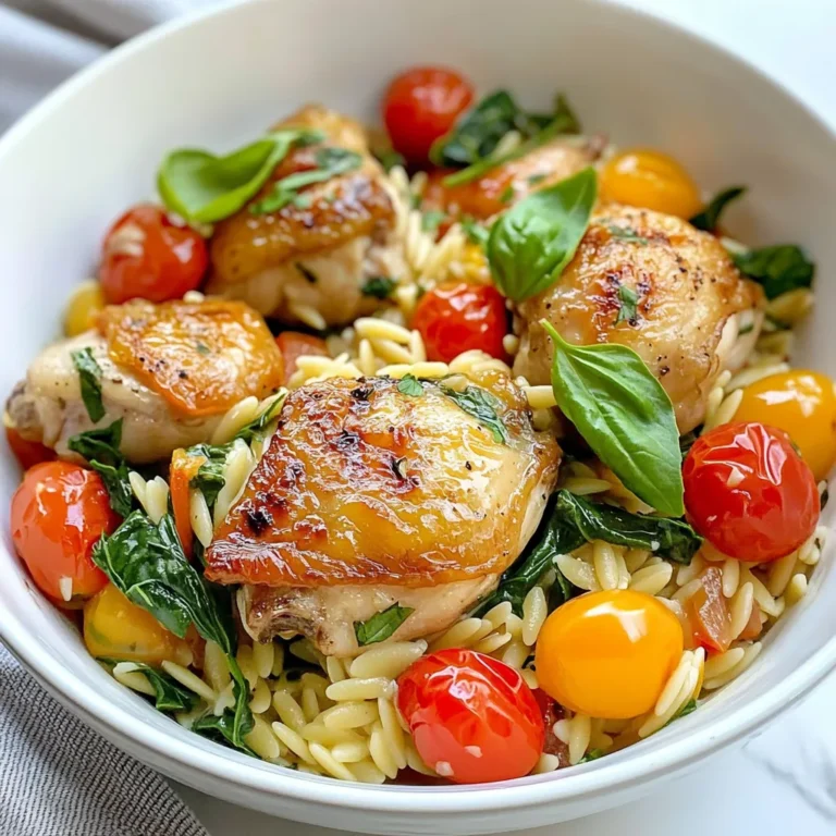 To make One Pot Chicken Orzo, you need these main ingredients: - 1 lb (450g) boneless, skinless chicken thighs, cut into bite-sized pieces - 1 cup orzo pasta - 2 cups chicken broth - 1 medium onion, finely chopped - 3 cloves garlic, minced - 1 cup cherry tomatoes, halved - 1 cup baby spinach - 1 teaspoon Italian seasoning - 1/2 teaspoon red pepper flakes (optional) - 2 tablespoons olive oil - Salt and pepper to taste - Fresh basil leaves for garnish These ingredients create a warm, savory dish that is both filling and tasty. The chicken thighs add rich flavor, while the orzo provides a fun texture. You can add more flavor with these optional ingredients: - 1 cup mushrooms, sliced - 1 bell pepper, diced - 1 tablespoon lemon juice for brightness Mushrooms and bell peppers add depth to the dish. A splash of lemon juice brightens up the flavors. Feel free to mix and match based on what you have. Having these pantry staples on hand makes cooking easier: - Olive oil for sautéing - Italian seasoning for a blend of herbs - Red pepper flakes to spice things up - Chicken broth for a rich base These staples help you whip up meals quickly. Always check your pantry before starting. This ensures you have what you need and can make any dish shine! {{ingredient_image_1}} Start with your chicken. Use 1 lb of boneless, skinless chicken thighs. Cut them into bite-sized pieces. This helps them cook evenly. Next, chop one medium onion finely. Mince three cloves of garlic. These will add great flavor. For veggies, grab 1 cup of cherry tomatoes. Halve them for easy eating. You will also need 1 cup of baby spinach. This will add color and nutrients. Gather all your ingredients before you start. It makes cooking smoother. Heat 2 tablespoons of olive oil in a large pot over medium heat. Once hot, add your chopped onion. Sauté it for about 3 to 4 minutes. You want it to turn translucent. Then, add the minced garlic. Cook it for 1 minute until it smells good. Now, turn up the heat to medium-high. Add the chicken pieces. Season with salt, pepper, Italian seasoning, and red pepper flakes if you like heat. Cook the chicken for 5 to 7 minutes. You want it browned on all sides. Pour in 2 cups of chicken broth. Bring it to a gentle boil. Next, stir in 1 cup of orzo pasta and the halved cherry tomatoes. Mix everything well. Lower the heat to low and cover the pot. Let it simmer for 10 to 12 minutes. Stir occasionally. The orzo should be tender and most of the liquid absorbed. Once the orzo is cooked, gently fold in 1 cup of baby spinach. It will wilt quickly. Taste the dish and adjust the seasoning if needed. Serve it hot in bowls. Top each serving with fresh basil leaves for a burst of flavor. Enjoy your one pot chicken orzo! To make your chicken tender, choose boneless, skinless thighs. They stay juicy when cooked. Cut them into bite-sized pieces for even cooking. Sear the chicken in hot oil until browned, about 5-7 minutes. This locks in flavor and moisture. Avoid overcooking the chicken. Remove it from heat as soon as it reaches 165°F (75°C). Cooking orzo is easy, but it needs attention. Add orzo to the pot when the broth starts to boil. Stir it well to prevent sticking. Simmer on low heat for 10-12 minutes. Check for doneness by tasting a piece. The orzo should be tender but still have a slight bite. If you want creaminess, add a splash of broth just before serving. You only need a large pot for this recipe. A heavy-bottomed pot helps cook evenly. A wooden spoon is great for stirring without scratching the pot. A lid is vital to trap steam while cooking. If you have a meat thermometer, use it to check chicken doneness. This simple tool takes the guesswork out of cooking. Pro Tips Use Fresh Herbs: Fresh basil adds a burst of flavor. Add it just before serving to maintain its vibrant taste. Cook Orzo Al Dente: To prevent overcooking, cook the orzo until it's just tender. It will continue to absorb liquid even after being taken off the heat. Customize the Veggies: Feel free to add other vegetables like bell peppers or zucchini for added nutrition and color. Leftover Storage: Store any leftovers in an airtight container in the fridge for up to 3 days. Reheat gently on the stove with a splash of broth to revive the dish. {{image_2}} You can easily make a vegetarian version of One Pot Orzo. Instead of chicken, use firm vegetables like zucchini or eggplant. Replace chicken broth with vegetable broth. These swaps keep the dish hearty and flavorful. You can also add chickpeas for extra protein. This makes the dish filling without meat. To boost the flavor, try adding spices. Smoked paprika gives a warm, smoky taste. Cumin adds an earthy flavor, while turmeric brightens the dish with color. You can sprinkle in some fresh herbs, too. Adding fresh thyme or parsley at the end can really brighten the meal. Just use what you like and adjust to your taste. Incorporate seasonal vegetables for variety. In spring, add asparagus or peas for a fresh taste. Summer is perfect for bell peppers or corn. In the fall, try pumpkin or butternut squash. Winter calls for hearty greens like kale or Swiss chard. These changes keep the dish exciting all year long! Store any leftover One Pot Chicken Orzo in an airtight container. Keep it in the fridge. It will stay fresh for about 3 to 4 days. Before you store it, let it cool down to room temperature. This helps avoid moisture build-up. If you want to keep it for longer, consider freezing. To freeze your One Pot Chicken Orzo, use freezer-safe containers. Portion it out for easy meals later. Let it cool completely before sealing the containers. This way, you prevent ice crystals from forming. It can last in the freezer for up to 3 months. When ready to eat, thaw it overnight in the fridge. Reheat your One Pot Chicken Orzo on the stove for even heat. Add a splash of broth or water to help it warm up. Stir frequently to avoid sticking. You can also use a microwave. Heat it in short bursts, stirring in between. This keeps the dish moist and tasty. Enjoy your meal! Yes, you can use other pasta types. Small shapes like ditalini or shells work well. Just adjust the cooking time based on the pasta you choose. If you use larger pasta, it may need more time to cook. Yes, you can use frozen chicken. Just cook it a bit longer to ensure it’s done. Start with a lower heat to thaw it, then raise the heat to cook through. Make sure to cut it into smaller pieces for even cooking. You have many options for veggies. Carrots, bell peppers, or zucchini can add flavor and color. You can also use peas or broccoli for a pop of green. Just remember to adjust the cooking time to keep them tender. This article covered how to make a tasty One Pot Chicken Orzo. We looked at key ingredients, step-by-step cooking instructions, and handy tips for great results. I shared variations and storage info to help you adapt the dish. In the end, you can enjoy this meal any time with ease. Trust yourself in the kitchen, and don't be afraid to experiment!
