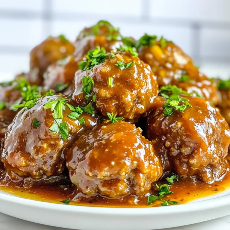 To make Slow Cooker Salisbury Meatballs, gather these items: - 1 pound ground beef - 1/2 cup breadcrumbs - 1/4 cup grated Parmesan cheese - 1 large egg - 1 teaspoon garlic powder - 1 teaspoon onion powder - 1 teaspoon dried thyme - Salt and pepper to taste - 1 cup beef broth - 1/2 cup ketchup - 2 tablespoons Worcestershire sauce - 1 tablespoon soy sauce - 1 tablespoon cornstarch - 2 tablespoons water - Chopped parsley for garnish When selecting ingredients, look for fresh ground beef. Choose beef with some fat for moist meatballs. Fresh breadcrumbs give a better texture than dry ones. Grated Parmesan should be block cheese that you grate at home. Use fresh herbs when possible. For the sauce, pick a rich, low-sodium beef broth. This helps control salt levels. For ketchup, choose a brand without high fructose corn syrup. Fresh parsley adds a nice color to your dish. These small choices make a big difference in taste. {{ingredient_image_1}} To start, grab a large bowl. In this bowl, you will combine several key ingredients. Add 1 pound of ground beef, 1/2 cup of breadcrumbs, and 1/4 cup of grated Parmesan cheese. Then, crack in 1 large egg. Next, sprinkle in 1 teaspoon each of garlic powder, onion powder, and dried thyme. Finally, season with salt and pepper to taste. Mix all the ingredients well until they blend smoothly. This step is crucial for the best texture. Aim for a mixture that feels moist but not sticky. If it feels too wet, add a bit more breadcrumbs. If it's too dry, a dash of beef broth can help. Now, it’s time to shape the meatballs. With clean hands, scoop out a portion of the mixture. Roll it into a ball about 1 inch in size. Place each meatball in the slow cooker as you go. For cooking, you have two options. Set your slow cooker to low for 6 hours or high for 3 hours. Both settings will cook the meatballs until they are tender and fully cooked. Use a meat thermometer to check if they reach 160°F for safety. Next, let’s make the sauce. In a separate bowl, whisk together 1 cup of beef broth, 1/2 cup of ketchup, 2 tablespoons of Worcestershire sauce, and 1 tablespoon of soy sauce. This mix will add a rich flavor to your meatballs. Pour the sauce evenly over the meatballs in the slow cooker. This step is key to ensure every meatball gets coated. After cooking, mix 1 tablespoon of cornstarch with 2 tablespoons of water to make a slurry. Stir this into the sauce to thicken it slightly. Let it cook for an extra 15 minutes on high to achieve the perfect consistency. To make your meatballs taste even better, you can adjust the seasonings. Adding more garlic powder or onion powder can enhance the flavor. You might also try fresh herbs like parsley or thyme for a brighter taste. To keep the meatballs moist, don’t skip the breadcrumbs or egg. These ingredients help bind and add moisture. If you want extra juiciness, you can use a bit of milk in the mixture. You can cook these meatballs in an oven if you prefer. Bake them at 400°F for about 20 minutes. This method gives a nice crust on the outside. If you use a different slow cooker, the cooking time may vary. Some slow cookers run hotter or cooler than others. Always check the meatballs to ensure they are fully cooked. These meatballs go well with many side dishes. Consider serving them with mashed potatoes or rice. Both absorb the sauce well and add a nice touch. For presentation, place meatballs on a platter and drizzle sauce over them. Sprinkle chopped parsley on top for color. This makes the dish look inviting and tasty! Pro Tips Use Fresh Ingredients: Always opt for fresh ground beef and herbs to enhance the flavor of your meatballs. Don't Overmix: When combining the meatball ingredients, mix just until combined to keep them tender. Customize the Sauce: Feel free to add your favorite spices or a splash of hot sauce to the sauce for a personal touch. Serve with Sides: Pair these meatballs with mashed potatoes or rice to soak up the delicious sauce. {{image_2}} You can easily switch the ground beef for ground turkey or chicken. These lean meats offer a lighter option. When using them, adjust the cooking time slightly. Lean meats may cook faster, so check for doneness after about 2.5 hours on high. To keep the meatballs juicy, add a bit more moisture. You can mix in a tablespoon of olive oil or an extra egg. This small change helps keep dry meats tender. Herbs and spices can change the taste of your meatballs. Try adding fresh parsley, basil, or oregano for a fresh twist. A teaspoon of smoked paprika adds a nice depth. You can also get creative with sauces. Instead of the classic ketchup mix, try barbecue sauce for a smoky flavor. A teriyaki sauce brings sweetness and umami. You can even mix sauces to create your own signature blend. Just remember to keep a balance between flavors. To store leftovers of your Salisbury meatballs, let them cool first. Place them in an airtight container. Refrigerate them for up to four days. If you want to keep them longer, freeze them. Wrap each meatball tightly in plastic wrap. Then place them in a freezer bag. They can last for up to three months in the freezer. When it’s time to eat the leftovers, use the oven or the microwave. For the oven, preheat it to 350°F. Place the meatballs in a baking dish with a bit of sauce. Cover with foil and heat for about 20 minutes. If using the microwave, heat for one minute at a time. Check until they are hot all the way through. This way, your meatballs stay tender and tasty. Yes, you can prepare these meatballs ahead of time. This makes meal prep easy. To do so, mix the meatball ingredients and form the meatballs. Place them on a tray and freeze them. Once frozen, transfer them to a freezer bag. This helps save space and keeps them fresh. You can cook them straight from the freezer. Just add some extra time to the cooking. Salisbury meatballs taste great with many sides. Some good options are: - Mashed potatoes - Rice - Noodles - Steamed vegetables - Salad These sides balance the rich flavors of the meatballs. To ensure meatballs are safe to eat, check their internal temperature. The safe temperature for ground beef is 160°F. Use a meat thermometer for accuracy. When the meatballs reach this temperature, they are done. This step ensures you serve safe and tasty food. This blog post covers how to make delicious meatballs. We explored the right ingredients, tips for preparation, and cooking methods. You learned how to enhance flavors and make variations, including different meats and sauces. I shared storage advice to keep leftover meatballs tasty. Remember, great meatballs start with quality ingredients and simple techniques. Enjoy making these dishes for family or friends. You will impress them with your skills!