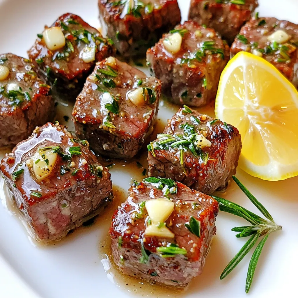For this tasty dish, you need: - 1 pound sirloin steak, cut into 1-inch cubes - 4 tablespoons unsalted butter - 4 cloves garlic, minced - 1 tablespoon fresh rosemary, chopped - 1 tablespoon fresh parsley, chopped - Salt and pepper to taste - 1 tablespoon olive oil - Lemon wedges for serving The sirloin steak gives a rich flavor. Cut it into cubes for easy cooking. The butter adds creaminess, while garlic brings a strong taste. Fresh herbs like rosemary and parsley make it aromatic. Seasoning is key to making the steak bites stand out. Salt and pepper add a basic flavor. Fresh rosemary and parsley elevate the dish. They add color and taste, making every bite fresh. Once cooked, serve your steak bites hot. Add lemon wedges on the side. A squeeze of lemon juice brightens the flavors. You can pair these bites with rice, potatoes, or a fresh salad for a complete meal. Enjoy the easy prep and rich taste! Start by cutting your sirloin steak into 1-inch cubes. This size helps it cook evenly. Next, sprinkle the cubed steak with salt and pepper. Make sure to coat every piece well. This step adds flavor and enhances the dish. Heat a large skillet over medium-high heat. Add olive oil to the pan. Wait until the oil shimmers. This means it's hot enough to sear the steak. Place the steak cubes in the skillet in a single layer. Don't stir them just yet. Let them sear for about 2-3 minutes. This creates a nice crust. After that, flip the steak bites. Cook for another 2 minutes for medium-rare. Adjust the time if you want them more done. Remove the steak from the pan and set it aside. In the same skillet, lower the heat to medium. Add the unsalted butter and minced garlic. Stir for about 30 seconds. You want the garlic to smell great but not brown. This step makes the sauce rich and tasty. Now, return the cooked steak bites to the skillet. Toss them to coat them in the garlic butter sauce. Sprinkle chopped rosemary and parsley over the steak. Mix well for another minute. This adds freshness and color. Serve the steak bites hot with lemon wedges on the side. A squeeze of lemon adds a bright touch. Enjoy your savory garlic butter steak bites! To get that great crust, use a hot skillet. Heat the olive oil until it shimmers. Place the steak bites in a single layer. Do not crowd the pan. Let them cook for 2-3 minutes. This time helps the meat brown nicely. Flip the bites to sear the other side. Adjust your cooking time for more doneness. A perfect sear locks in flavor. For this recipe, olive oil works best. It has a high smoke point. This means it can handle heat well. Other good options are avocado oil and grapeseed oil. Both oils can give a nice flavor. Avoid oils with low smoke points, like butter. You will add butter later for flavor. Want to boost the taste? Try adding different herbs. Thyme or oregano can add depth. You can also use garlic powder if you're short on fresh garlic. Swap sirloin with ribeye for a richer taste. For a kick, add a pinch of red pepper flakes. Fresh lemon juice brightens the dish, too. {{image_2}} You can use many cuts of steak for garlic butter steak bites. Sirloin works great, but you can also try ribeye for more fat and flavor. Filet mignon gives a tender bite, while flank steak is leaner and still tasty. Just remember, each cut cooks a bit different. Adjust your cooking time as needed. Herbs and spices add fun to your dish. Try thyme or oregano instead of rosemary. You can even add a pinch of red pepper flakes for some heat. Fresh basil can also change the flavor for a fresh twist. Mix and match to find what you love best. You can make this meal even better with veggies. Add bell peppers or onions to the skillet while cooking the steak. Zucchini or asparagus can roast alongside it for color and taste. Serve with a fresh salad or mashed potatoes for a full meal. These extras make the dish more colorful and healthy. To keep your garlic butter steak bites fresh, place them in an airtight container. Let the steak cool to room temperature first. Store the container in the fridge for up to three days. Make sure to label it with the date, so you know when to eat it. When you are ready to eat the leftovers, the best way to reheat them is on the stove. Add a splash of water or broth to a skillet over medium heat. Gently heat the steak bites for about five minutes. Stir them often to ensure they warm evenly. This method keeps the steak juicy and the garlic butter flavorful. You can also freeze the steak bites if you want to save them for later. Place the cooled steak in a freezer-safe bag or container. Remove as much air as possible to prevent freezer burn. They will stay good for up to three months. When you are ready to eat them, thaw the steak in the fridge overnight. Then, reheat them using the stovetop method for the best taste. Yes, you can use different cuts of steak. Tender cuts like ribeye or filet mignon work well. These cuts give a rich flavor and stay juicy. You can also try flank steak or skirt steak for a different taste. Just remember, cooking time may vary based on the cut. To add spice, you can include red pepper flakes or cayenne pepper. Mix these spices with salt and pepper before seasoning the steak. You could also use spicy sauces, like sriracha, in the garlic butter. Just start with a little and add more to taste. Garlic butter steak bites pair well with many sides. Try mashed potatoes or creamy polenta for a filling dish. Fresh salads add a nice crunch. Roasted vegetables also make a great complement. Don't forget some crusty bread to soak up that tasty garlic butter! This recipe is best fresh, but you can prep some parts ahead. Season and cut the steak a few hours before cooking. You can also make the garlic butter in advance. Just store it in the fridge until ready to use. Reheat it gently when you're ready to cook the steak. In this post, we explored how to make garlic butter steak bites. We covered the main ingredients, seasonings, and serving tips. I shared step-by-step instructions for preparing and cooking the steak. Tips included achieving the perfect sear and choosing the best oils. We also discussed variations like different cuts of steak and adding veggies. Finally, I offered storage ideas to help keep leftovers fresh. These steak bites are quick and sure to impress. Enjoy experimenting and making this dish your own!