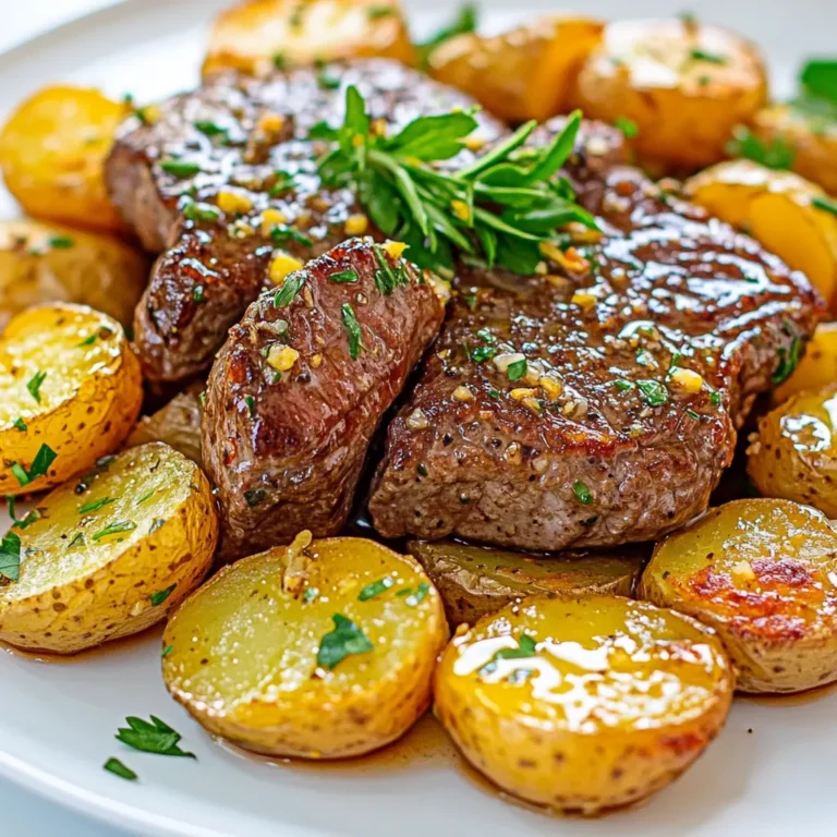 - 1 lb sirloin steak, cut into 1-inch cubes - 1 lb baby potatoes, halved - 4 tablespoons unsalted butter - 4 cloves garlic, minced - 2 teaspoons fresh rosemary, finely chopped (or 1 teaspoon dried) - 1 teaspoon paprika - 2 tablespoons olive oil - Salt and freshly ground black pepper to taste - Fresh parsley, chopped Cooking with these ingredients makes the dish shine. Sirloin steak gives great flavor and texture. Baby potatoes add a nice heartiness. Garlic and butter create a rich sauce that ties everything together. Fresh herbs like rosemary bring a burst of flavor. Paprika adds warmth and depth to the dish. Olive oil helps cook the steak and potatoes evenly. Salt and pepper enhance the overall taste, making each bite a delight. Garnishing with fresh parsley not only looks good but adds a fresh note. It's a simple touch that elevates the dish’s presentation. With these ingredients, you’re ready to create a tasty dinner that everyone will enjoy. {{ingredient_image_1}} - Start by boiling 1 lb of halved baby potatoes in salted water. - Cook them for about 10-12 minutes until they are fork-tender. - Once done, drain the potatoes and set them aside for now. - Heat 2 tablespoons of olive oil in a large skillet over medium-high heat. - When the oil is hot, add 1 lb of cubed sirloin steak. - Season the steak with salt, pepper, and 1 teaspoon of paprika. - Sear the steak for about 4-5 minutes, turning occasionally. - Cook until the steak is browned and reaches your desired doneness. - Remove the steak from the skillet and set it aside. - In the same skillet, add the boiled potatoes. - Sauté them for about 5-7 minutes until they are golden brown and crispy. - Lower the heat to medium, then add 4 tablespoons of unsalted butter, 4 minced garlic cloves, and 2 teaspoons of fresh rosemary. - Let the butter melt and the garlic become fragrant for about 1-2 minutes. - Return the steak to the skillet and toss everything together. - Coat the steak and potatoes in the garlic butter sauce. - Cook for another 2-3 minutes to reheat the steak. - Taste and add more salt and pepper if needed. Choosing the right cut of steak is key. I recommend sirloin for this dish. It has great flavor and cooks well in a skillet. Look for a piece with some fat. This fat adds juiciness. You can also use ribeye or filet mignon if you prefer. To achieve the desired doneness, use a meat thermometer. For medium-rare, aim for 130°F. For medium, aim for 140°F. Cooking times vary based on thickness. Remember to let the steak rest after cooking. This helps keep it tender and juicy. Fresh herbs like rosemary really boost the flavor. I love using fresh herbs in my cooking. They add a bright taste that dried herbs can't match. If you use dried herbs, use less. Dried herbs are stronger. For alternative seasonings, try thyme or oregano. You can also add a dash of cayenne for heat. Experimenting with spices can make your dish unique. Don't be afraid to try new flavors. For even cooking, make sure your skillet is hot. Heat the oil until it shimmers before adding steak. This helps sear the meat quickly. Avoid crowding the skillet. Cook in batches if needed. Managing temperature is vital. Start with medium-high heat for searing. Then, lower the heat when adding garlic and butter. This prevents burning while letting the flavors meld. Always keep an eye on your food. Cooking is all about timing! Pro Tips Choose the Right Cut: For the best flavor and tenderness, opt for sirloin or ribeye steak. These cuts have the right balance of fat and meat. Perfectly Cooked Potatoes: Make sure to boil the potatoes just until fork-tender. Overcooked potatoes may fall apart during sautéing. Searing Technique: Allow the steak to come to room temperature before searing. This helps achieve a better crust and even cooking. Fresh Herbs Matter: Using fresh rosemary can elevate the dish. If using dried herbs, reduce the quantity as dried herbs are more concentrated. {{image_2}} You can use many cuts of steak for this dish. Sirloin is great, but try ribeye or flank steak. They add different flavors and textures. Cooking times vary by cut: - Ribeye: Cook for 5-6 minutes for medium. - Flank steak: Sear for about 4 minutes for medium. Adjust the time based on how thick your steak pieces are. Thicker pieces need more time. Baby potatoes work well, but consider sweet potatoes too. Sweet potatoes add a nice sweetness and color. If you choose them, cut them into similar sizes. Cooking methods matter: - Roasting: Roast at 425°F for 20-25 minutes for crispy outsides. - Boiling: Boil like baby potatoes, about 10-12 minutes until tender. Try different varieties like red or Yukon Gold potatoes for a twist. You can make this dish even better by adding more veggies. Bell peppers, onions, or mushrooms go great. Chop them and sauté with the potatoes. You can also add sauces or marinades. A splash of Worcestershire sauce or soy sauce adds depth. Mix and match to create your favorite flavors! To store leftovers, let the dish cool first. Place the steak and potatoes in an airtight container. This method helps keep the flavors fresh. You can store it in the fridge for up to three days. Use glass or plastic containers that seal well. To reheat steak and potatoes, the stovetop works best. Heat a skillet over medium heat. Add a little olive oil to prevent sticking. Place the steak and potatoes in the skillet. Stir gently until heated through. This method helps keep the steak tender and juicy. You can also use the microwave, but it may not keep the same texture as the skillet. Yes, you can freeze this dish! First, let it cool completely. Then, place it in a freezer-safe container. It can last up to three months in the freezer. When ready to eat, transfer it to the fridge overnight to thaw. For best results, reheat it in a skillet for even cooking. For medium doneness, cook the steak for 4-5 minutes. Here is a guide for different doneness levels: - Rare: 2-3 minutes - Medium Rare: 3-4 minutes - Medium: 4-5 minutes - Medium Well: 5-6 minutes - Well Done: 6-7 minutes Make sure to check the steak's color. A medium steak should be warm pink in the center. Yes, you can use frozen steak or potatoes. However, they will change the cooking time. - Frozen steak: Thaw it first for best results. Cook time increases by 2-3 minutes. - Frozen potatoes: They may need extra time to cook through. Boiling takes about 15-20 minutes. Using fresh ingredients gives the best taste, but frozen can work in a pinch. You can serve many tasty sides with this dish. Here are some great ideas: - Steamed vegetables: Broccoli or green beans add color and nutrients. - Salad: A fresh garden salad brightens the meal. - Bread: Garlic bread or a crusty baguette pairs well with the steak and sauce. - Rice: A side of fluffy rice can soak up the garlic butter. Feel free to mix and match based on what you enjoy! In this blog post, I covered how to make a delicious Garlic Butter Steak and Potatoes dish. We discussed key ingredients like sirloin steak, baby potatoes, and fresh herbs. I shared step-by-step instructions for cooking and seasoning, plus tips for perfecting your steak. You learned to store any leftovers properly. Cooking can be fun and rewarding. Experimenting with different ingredients can lead to great meals. Enjoy making this dish, and don’t be afraid to get creative!