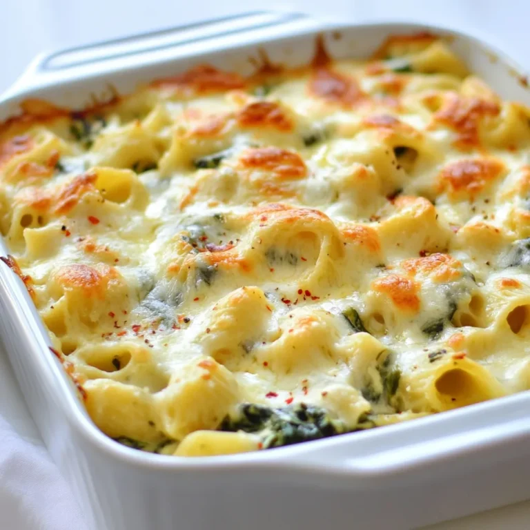 - 8 ounces of pasta (penne or rigatoni) - 1 cup fresh spinach, chopped - 1 cup canned artichoke hearts, drained and chopped - 1 cup ricotta cheese - 1 cup cream cheese, softened - 1 cup grated mozzarella cheese - 1/2 cup grated Parmesan cheese - 2 cloves garlic, minced - 1 teaspoon onion powder - Salt and pepper to taste - 1 tablespoon olive oil - 1/2 teaspoon red pepper flakes (optional for heat) This dish is rich in protein and healthy fats. Each serving offers a good balance of carbs, fiber, and vitamins. Spinach adds iron and calcium, while artichokes provide antioxidants. The cheeses deliver creamy goodness and flavor. - Pasta: Use gluten-free pasta for a gluten-free meal. - Spinach: Swap fresh spinach for frozen spinach, just drain it well. - Artichokes: Fresh artichokes can replace canned for a fresher taste. - Cheese: Substitute ricotta with cottage cheese for a lighter option. - Cream Cheese: Greek yogurt can work as a lower-fat alternative. - Garlic: Use garlic powder if you don't have fresh garlic on hand. - Red Pepper Flakes: Omit if you prefer no heat. Each ingredient plays a role in making this dish creamy and delicious. Feel free to adjust based on what you have or your taste preference. {{ingredient_image_1}} Start by preheating your oven to 350°F (175°C). This step is key to getting that perfect bake. In a large pot, boil salted water. Add 8 ounces of pasta, like penne or rigatoni. Cook until al dente, then drain it. Set the pasta aside for later. Grab a mixing bowl. Combine 1 cup of ricotta cheese, 1 cup of cream cheese, half of the mozzarella, and half of the Parmesan. Mix until the mixture is smooth and creamy. Heat 1 tablespoon of olive oil in a skillet over medium heat. Add 2 cloves of minced garlic and sauté for about 1 minute. Then, toss in 1 cup of chopped spinach and 1 cup of chopped artichoke hearts. Cook for 2-3 minutes until the spinach wilts and softens. In the bowl with the cheese mixture, add the sautéed vegetables. Then, stir in the cooked pasta, 1 teaspoon of onion powder, and season with salt and pepper. For a kick, add 1/2 teaspoon of red pepper flakes. Mix everything until well combined. Pour the pasta mixture into a greased 9x13 inch baking dish. Use a spatula to spread it out evenly. Sprinkle the remaining mozzarella and Parmesan cheese over the top. Place the dish in your preheated oven. Bake for 25-30 minutes until the cheese is bubbly and golden brown. Once done, remove the pasta bake from the oven. Let it cool for a few minutes before you serve it. Enjoy your creamy spinach artichoke pasta bake hot! To boost the flavor of your creamy spinach artichoke pasta bake, consider these tips: - Use fresh spinach for a vibrant taste. - Add garlic early to release its rich aroma. - Mix in a pinch of nutmeg for warmth. - Try adding sun-dried tomatoes for a sweet, tangy twist. - Don't skip the red pepper flakes if you enjoy heat. When serving this dish, keep it simple and cozy. Pair it with: - A fresh green salad for a crunchy contrast. - Crusty bread to soak up the creamy sauce. - A glass of white wine for a delightful touch. - A sprinkle of fresh herbs, like basil or parsley, for added flavor. Make your pasta bake look inviting and beautiful. Here’s how: - Serve it in a colorful dish to catch the eye. - Garnish with fresh herbs for a pop of color. - Add extra grated Parmesan on top right before serving. - Slice it into squares for neat portions. - Present it hot, right from the oven, for the best appeal. Pro Tips Perfect Pasta: To ensure your pasta remains al dente, cook it just until it's slightly underdone, as it will continue to cook while baking. Customize Your Greens: Feel free to substitute the spinach with other leafy greens like kale or Swiss chard for a different flavor profile. Extra Creaminess: Add a splash of heavy cream or milk to the cheese mixture for an even creamier texture. Make Ahead: This dish can be assembled a day ahead. Just cover it tightly and refrigerate until you're ready to bake. {{image_2}} You can easily make this pasta bake vegetarian. Simply keep the original recipe as it is. The artichokes and spinach provide great taste and health benefits. You can also add more veggies like bell peppers or mushrooms. These extra ingredients will make your dish even more colorful and tasty. For a gluten-free version, swap regular pasta with gluten-free penne or rigatoni. Many brands make pasta from rice or chickpeas. These options work well and taste great. Always check the label to ensure it meets your dietary needs. To make this dish dairy-free, you can use vegan cheese in place of ricotta, cream cheese, and mozzarella. Look for brands made from nuts or soy. You can also use nutritional yeast for a cheesy flavor without dairy. This keeps the creamy texture while making it suitable for those avoiding dairy. After enjoying your creamy spinach artichoke pasta bake, let it cool down first. Then, place leftovers in an airtight container. This helps keep the flavors fresh. Store it in the fridge for up to three days. If you want to enjoy it later, freezing is a great option. To reheat the pasta bake, preheat your oven to 350°F (175°C). Place the leftover pasta bake in an oven-safe dish. Cover it with foil to keep it from drying out. Bake for about 15-20 minutes or until it’s hot. You can also microwave individual portions. Use medium heat and cover with a microwave-safe lid. Heat in short bursts, stirring in between, until warm. To freeze, let the pasta bake cool completely. Cut it into portions for easier serving. Wrap each portion tightly in plastic wrap, then place them in a freezer bag. Label the bag with the date. You can freeze it for up to three months. To enjoy later, thaw it overnight in the fridge before reheating. This way, you can savor this dish again without much effort! You can use cottage cheese or cream cheese instead of ricotta. Both options work well. If you want a low-fat choice, try Greek yogurt. It gives a nice tang and creamy texture. Yes, you can prepare this dish a day in advance. Just follow the recipe, then cover it tightly and store it in the fridge. When you're ready, bake it straight from the fridge. You might need to add a few extra minutes to the bake time. The pasta bake is done when the cheese is melted and bubbly. It should have a nice golden color on top. You can also insert a knife in the middle to check if it's hot throughout. Absolutely! You can add bell peppers, mushrooms, or zucchini. Just chop them small and sauté them with the garlic. This adds more flavor and nutrients to your dish. Penne or rigatoni are great choices for this bake. They hold the sauce well and provide a nice bite. You can also use shell pasta or any other short pasta you have on hand. This article covered a delicious pasta bake, perfect for any occasion. You learned about the key ingredients, step-by-step cooking methods, and useful tips to enhance flavor. I also shared variations to fit dietary needs and how to store leftovers properly. By trying this recipe, you can enjoy a tasty and satisfying meal. Remember, cooking is about fun and creativity. Enjoy making this pasta bake your own!