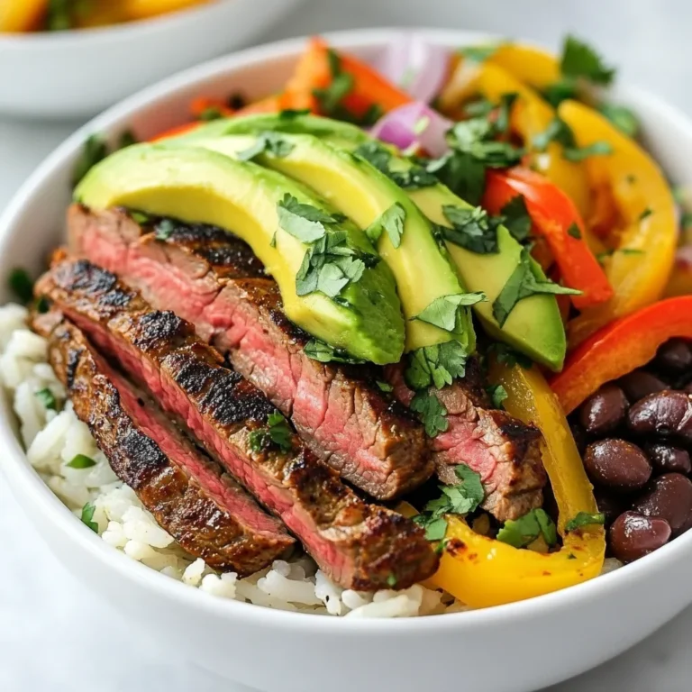 - 1 lb flank steak - 2 tablespoons olive oil - 1 tablespoon chili powder - 1 teaspoon cumin - 1 teaspoon garlic powder - 1 teaspoon onion powder - Zest and juice of 2 limes - Salt and pepper to taste - 1 bell pepper (red, yellow, or green), sliced - 1 small red onion, sliced - 1 cup cooked rice (white or brown) - 1 cup black beans, rinsed and drained - 1 avocado, sliced - Fresh cilantro, for garnish - Sour cream - Greek yogurt If you can’t find flank steak, use sirloin or skirt steak. Both options work well. For a meat-free meal, try portobello mushrooms or grilled tofu instead of steak. You can swap olive oil with avocado oil for a different flavor. If you don’t have black beans, pinto or kidney beans are great alternatives. For rice, quinoa or cauliflower rice can be used to fit your diet. {{ingredient_image_1}} First, we need to make the marinade. In a small bowl, mix together 2 tablespoons of olive oil, 1 tablespoon of chili powder, 1 teaspoon of cumin, 1 teaspoon of garlic powder, 1 teaspoon of onion powder, the zest and juice of 2 limes, and a pinch of salt and pepper. This mix will add great flavor to our flank steak. Place the steak in a shallow dish. Pour the marinade over the steak and coat it well. Cover it and put it in the fridge for at least 30 minutes. If you have time, letting it sit for up to 2 hours makes it even tastier. After marinating, it’s time to cook the steak. Preheat your grill or skillet over medium-high heat. Take the steak out of the marinade and let any extra marinade drip off. Save the marinade for later. Grill the steak for 6 to 8 minutes on each side. You want it to be medium-rare for the best taste. Once it’s done, remove it from the heat. Let it rest for about 5 minutes. Then, slice it thinly against the grain for tenderness. Now, let’s cook the veggies. In the same grill or skillet, add one sliced bell pepper and one sliced small red onion. Sauté these for about 5 to 7 minutes. You want them to be tender and slightly charred. This adds great color and flavor to your dish. It’s time to build our fajita bowls! Start with a scoop of cooked rice at the bottom of each bowl. Then, add a layer of black beans. Next, pile on the sautéed veggies. Finally, top with the sliced steak. For a fresh touch, add sliced avocado and sprinkle with fresh cilantro. If you like, you can also add a dollop of sour cream or Greek yogurt. Drizzle any leftover marinade over the top for extra flavor. Enjoy your fresh and flavorful meal! For chili lime steak fajita bowls, flank steak is the best choice. Flank steak packs tons of flavor. It cooks quickly and stays tender when sliced thin. You can also use sirloin or skirt steak if you prefer. Just remember to choose a cut with good marbling to keep it juicy. Marinating the steak is key for great taste. I recommend marinating for at least 30 minutes. For even more flavor, let it sit for up to 2 hours. The lime juice and spices work together to break down the meat. This makes the steak tender and full of flavor. Cook your steak on a grill or a hot skillet. Preheat your grill to medium-high heat for best results. Grill the steak for about 6-8 minutes per side. Check the temperature with a meat thermometer. Aim for 130°F for medium-rare. After cooking, let the steak rest for 5 minutes before slicing. This helps keep all those juices in. Pro Tips Marinating Time: For the best flavor, marinate the flank steak for up to 2 hours; this allows the spices to penetrate deeply. Resting the Steak: Always let the steak rest for at least 5 minutes after cooking. This helps the juices redistribute for a more tender bite. Veggie Variations: Feel free to mix in other vegetables like zucchini or mushrooms for added flavor and nutrients. Serving Suggestions: Serve with lime wedges on the side for an extra burst of citrus flavor when enjoying your bowl! {{image_2}} You can easily make this dish vegetarian. Instead of steak, use grilled portobello mushrooms or tofu. Both options soak up the marinade well. Just prepare them with the same marinade. For tofu, press it first to remove extra water. This ensures the flavors really stick. Grilling or sautéing gives a nice texture. You can switch up the base for your bowl. While rice is great, try quinoa for more protein. Cauliflower rice is a low-carb choice that works well. You can also use farro or barley for a chewy texture. Each option adds its own fun twist. Top your bowls with extra goodies for more flavor. Try diced tomatoes or corn for sweetness. Pickled jalapeños add a nice kick. Fresh lime wedges can enhance the citrus flavor. You could also sprinkle some cheese or hot sauce for a zestier bite. Each topping changes the bowl into something new. To keep your Chili Lime Steak Fajita Bowls fresh, store leftovers in an airtight container. This will help maintain flavors and textures. Separate the steak, veggies, and rice for best results. You can mix them later when you want to eat. When it's time to enjoy your leftovers, reheat them gently. Use a microwave or a skillet. If using a microwave, cover the bowl with a lid or a paper towel to keep moisture in. Heat in short bursts, stirring in between, until warm. If using a skillet, add a splash of water to steam the veggies without drying them out. You can freeze some components of the meal. The steak and sautéed veggies freeze well. Place them in freezer-safe bags, removing as much air as possible. Rice can also be frozen but may lose some texture. To thaw, move the bags to the fridge overnight, then reheat as mentioned above. Avoid freezing avocado to keep its fresh taste and texture. You can add many tasty sides to your Chili Lime Steak Fajita Bowls. Here are some great options to consider: - Corn tortillas or tortilla chips - Fresh salsa or pico de gallo - Simple green salad with lime dressing - Grilled corn on the cob - A side of guacamole These sides will enhance your meal and add more flavors. You can marinate the steak for at least 30 minutes. For better flavor, aim for 2 hours. If you have time, marinating overnight works well too. This allows the flavors to soak into the meat and make it tender. Yes, you can prepare parts of this recipe ahead of time. Marinate the steak in advance and keep it in the fridge. You can also chop the vegetables a day before. When you are ready to eat, just grill and assemble your bowls. Here are some easy side dishes that pair well with Chili Lime Steak Fajita Bowls: - Cilantro lime rice - Black bean salad - Mexican street corn salad - Roasted vegetables - Simple avocado salad These dishes add variety and complement the main flavors. In this post, we explored making Chili Lime Steak Fajita Bowls. We went through key ingredients, marinating and cooking techniques, and tips for flavor. I shared options for vegetarian alternatives and grain choices. We also discussed how to store leftovers and answered common questions. Cooking doesn’t have to be hard. With simple steps and fresh ingredients, you can create something tasty. Enjoy your cooking journey!