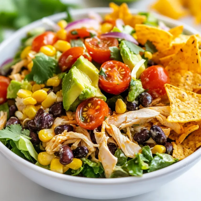 - 2 cups cooked chicken breast, shredded - 1 can (15 oz) black beans, rinsed and drained - 1 cup cherry tomatoes, halved - 1 cup corn (fresh or canned) - 1 avocado, diced - 1 cup romaine lettuce, chopped - 1/2 cup red onion, finely chopped - 1/4 cup fresh cilantro, chopped - Juice of 2 limes - 1 tablespoon olive oil - 1 tablespoon taco seasoning - Salt and pepper to taste - Tortilla chips (for serving) This salad packs a punch in nutrition. The chicken gives you lean protein. This helps build muscles and keeps you full. Black beans add fiber, which is great for digestion. They also bring iron, which helps your blood. Cherry tomatoes are rich in vitamins and antioxidants. Avocado brings healthy fats and keeps your heart happy. Romaine lettuce adds crunch and vitamins A and C. Together, these ingredients support your overall health. You can mix things up with these swaps. Use quinoa instead of black beans for a grainy twist. Replace chicken with tofu for a tasty vegetarian option. If you don’t like cherry tomatoes, try diced bell peppers. You can use spinach instead of romaine for a different green. If lime juice is not your thing, lemon juice works well too. These changes keep the recipe fun and fresh! {{ingredient_image_1}} Start by gathering all your salad ingredients. In a large mixing bowl, add the shredded chicken. Next, toss in the black beans, cherry tomatoes, corn, diced avocado, chopped romaine lettuce, finely chopped red onion, and fresh cilantro. Mix them gently. This salad base is colorful and packed with nutrients. For the dressing, take a small bowl. Whisk together the juice of two limes, olive oil, taco seasoning, salt, and pepper. Make sure it blends well. This dressing adds a zesty kick to your salad. Now, pour the dressing over your salad base. Gently toss everything together to coat the ingredients. Taste the mix and adjust the seasoning if needed. Serve the salad in bowls or on plates. Don’t forget to add tortilla chips on top for extra crunch. Enjoy your fresh, healthy taco chicken salad right away! You can prepare this salad ahead. Just keep some parts separate. Store the chicken, beans, and veggies in one bowl. Place the dressing in a jar. When you are ready to eat, mix them all together. This keeps everything fresh and tasty. You can hold the avocado until the last minute to prevent browning. Balancing flavors is key to a great salad. You want a mix of salty, sweet, and tart. The lime juice adds a nice zing. The avocado brings creaminess. The taco seasoning gives it a warm, spicy kick. If you want more heat, add some chopped jalapeños. Taste as you go to find your perfect mix. For serving, you can do a lot of fun things. Serve the salad in bowls or on plates. Top it with crunchy tortilla chips for texture. You can also add a dollop of Greek yogurt for creaminess. Pair this salad with a light drink, like iced tea. It’s a great dish for lunch or dinner. Enjoy it with friends at a picnic or a barbecue! Pro Tips Use Fresh Ingredients: Fresh veggies and herbs enhance the flavor and nutrition of your salad. Adjust the Spice Level: Modify the taco seasoning to suit your taste; add more for a spicier kick or less for a milder flavor. Make It Ahead: Prepare the salad components in advance and combine them just before serving to keep everything fresh. Add Protein Variations: Swap out chicken for grilled shrimp or tofu for a different protein option while keeping it healthy. {{image_2}} You can easily change this recipe to fit your needs. For a vegetarian option, skip the chicken. Instead, use more beans or add diced tofu for protein. Quinoa also works well and adds a nice texture. For a gluten-free option, ensure your taco seasoning is gluten-free. The rest of the ingredients are already gluten-free, so you’re good to go! While the lime and olive oil dressing adds great flavor, you have other options. Try a yogurt-based dressing for creaminess. Mix plain yogurt with lime juice and taco seasoning for a tangy twist. A salsa dressing can also add a zesty kick. Just mix your favorite salsa with a bit of olive oil. Toppings can make your salad special. You could add shredded cheese for a rich taste. Crushed tortilla chips give a great crunch. Fresh jalapeños add heat, while a dollop of sour cream adds creaminess. Sliced radishes bring a fresh, crisp bite. Don't forget extra cilantro for a burst of flavor! To keep your Healthy Taco Chicken Salad fresh, store leftovers in an airtight container. Make sure the salad is cool before sealing it. This helps stop any extra moisture from forming. Refrigerate it right away, and use it within three days for the best taste and safety. Reheating a salad can change its texture. If you want to warm it up, do so gently. Use the microwave but only for about 30 seconds. You can also eat it cold, which keeps the flavors bright. If you add tortilla chips, do that fresh to keep them crunchy. To maintain freshness, keep the dressing separate if possible. Mix it in only when ready to eat. Store ingredients like avocado and lettuce separately to stop browning. If you need to keep the salad longer, consider freezing the chicken and beans. Just remember to thaw before using! Yes, you can use pre-cooked chicken. It saves time and adds flavor. Just shred it into bite-sized pieces. You can use rotisserie chicken for great taste. Make sure it is plain or lightly seasoned. This keeps the salad fresh and tasty. If you need a substitute for taco seasoning, use cumin and chili powder. Mix one teaspoon of cumin with one teaspoon of chili powder. You can also add garlic powder and onion powder for more flavor. Paprika gives a nice color too. This mix works well for your salad. The salad stays fresh for about three days in the fridge. Store it in an airtight container. Keep the dressing separate if you can. This helps the salad stay crisp and tasty longer. Toss it together just before serving for the best flavor. In this blog post, we explored salad ingredients, how to make a great dressing, and serving tips. You now know how to prep this salad ahead and balance flavors well. I shared ideas for variations, storage, and common questions. Experiment with your favorite ingredients. Enjoy the process of making your salad unique. A homemade salad can be tasty and healthy, giving you many great benefits. Go ahead, have fun, and dig in!