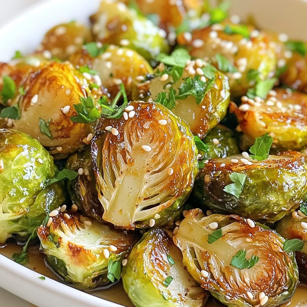 - 1 pound Brussels sprouts, halved - 3 tablespoons olive oil - 3 tablespoons honey - 3 cloves garlic, minced - 1 teaspoon apple cider vinegar - Salt and pepper to taste - 1 teaspoon red pepper flakes (optional for heat) - Sesame seeds for garnish - Fresh parsley, chopped for garnish To make crispy honey garlic Brussels sprouts, start with fresh Brussels sprouts. Halve each one to help them cook evenly. The olive oil adds richness, while honey gives a sweet touch. Garlic brings in great flavor, and apple cider vinegar balances it out. Salt and pepper are basic yet essential. If you like some heat, add red pepper flakes. They elevate the dish without overpowering it. Lastly, sesame seeds and chopped parsley not only make the dish look pretty but add extra flavor too. Gather these ingredients to create a tasty side dish or snack. Trust me, you will want to make this again! {{ingredient_image_1}} - Preheat your oven to 425°F (220°C). - Line a baking sheet with parchment paper for easy cleanup. - Combine halved Brussels sprouts with olive oil, salt, pepper, and red pepper flakes. - Toss until evenly coated. - Spread Brussels sprouts on the baking sheet, cut side down, and bake. - Bake for 20-25 minutes until golden brown and crispy. - In a saucepan, combine honey, minced garlic, and apple cider vinegar. - Simmer until slightly thickened for 3-5 minutes. - Drizzle honey garlic sauce over roasted Brussels sprouts and toss to coat. - Return to the oven for an additional 5 minutes for crispiness. - Allow to cool slightly before serving. - Garnish with sesame seeds and chopped parsley. To get crispy Brussels sprouts, spread them in a single layer on your baking sheet. This allows hot air to circulate around each sprout, ensuring they cook evenly. If you want extra crispiness, consider broiling them for a few minutes at the end. Watch them closely, as they can brown quickly. For a balanced taste, mix sweet honey with savory garlic. The honey adds a nice glaze, while the garlic gives depth. If you like heat, add more red pepper flakes to the honey garlic sauce. This will give your dish a spicy kick that pairs well with the sweetness. If you want a quicker option, you can use an air fryer. Set it to 375°F (190°C) and cook for about 15-20 minutes. Shake the basket halfway through for even cooking. If you don't have an air fryer, pan-searing is another option. Heat some olive oil in a pan, add the sprouts, and cook over medium-high heat until crispy. Just make sure to stir them often for even browning. Pro Tips Choose Fresh Brussels Sprouts: Select firm, bright green Brussels sprouts for the best flavor and texture. Avoid any that are yellowing or have wilted leaves. Adjust Sweetness: Feel free to adjust the amount of honey in the sauce based on your taste preference. For a more savory option, reduce the honey slightly. Double the Sauce: If you love the honey garlic flavor, consider doubling the sauce recipe so you can drizzle extra on top before serving. Experiment with Garnishes: Beyond sesame seeds and parsley, try adding chopped nuts or a squeeze of lemon juice for a different flavor profile. {{image_2}} You can add more veggies to your crispy honey garlic Brussels sprouts. Carrots bring a sweet crunch. Just slice them thinly and toss them in with the Brussels sprouts. Bell peppers add color and a nice flavor. You can use red, yellow, or green peppers. Seasonal veggies also work well. Try adding squash in the fall or asparagus in spring. These additions make your dish even more colorful and tasty. If you want a vegan option, swap honey for maple syrup. It gives a great taste without using honey. For a bolder flavor, add soy sauce. It pairs well with the garlic and honey. Balsamic vinegar is another option for a tangy twist. Mix it into the honey garlic sauce for extra depth. You can even try mixing two sauces for a unique flavor. You can serve these Brussels sprouts in many ways. They pair nicely with proteins like chicken or tofu. You can make them a main dish by adding grains like rice or quinoa. If you want a side dish, they go great with steak or fish. Serve them warm with a sprinkle of sesame seeds for a beautiful touch. This dish works for any meal, whether a family dinner or a special occasion. To keep your crispy honey garlic Brussels sprouts fresh, place them in an airtight container. This helps lock in flavor and prevents them from going soggy. Store them in the fridge for up to three days. If they sit longer, they may lose their lovely crunch. When it's time to enjoy leftovers, the oven is best for reheating. Preheat it to 350°F (175°C). Spread the sprouts out on a baking sheet and heat for about 10 minutes. This keeps them crispy. If you're in a hurry, the microwave works too. Just be careful not to overheat them, or they can get mushy. You can freeze cooked Brussels sprouts! To do this, let them cool completely. Then, place them in a freezer bag, removing as much air as possible. They can stay in the freezer for up to three months. When you're ready to eat them, thaw in the fridge overnight and reheat as mentioned above for the best taste. To make Brussels sprouts crispy, follow these tips: - Use fresh Brussels sprouts, not frozen. - Cut them in half for better surface area. - Toss with olive oil, salt, and pepper. - Spread them out in a single layer on the baking sheet. - Roast them at a high temperature, around 425°F (220°C). - Broil them for a few minutes at the end for extra crisp. Yes, you can use frozen Brussels sprouts. Here are best practices: - Thaw them before cooking. - Pat them dry to remove excess moisture. - Toss with oil, salt, and pepper as you would with fresh ones. - Roasting time may need to be adjusted, so check for doneness. Honey garlic Brussels sprouts pair well with many dishes: - Serve them alongside grilled chicken or fish. - They go great with rice or quinoa. - Add them to a salad for a flavorful crunch. - Consider serving with roasted potatoes for a hearty meal. Yes, this recipe is great for meal prep. Here’s how: - Cook the Brussels sprouts and let them cool. - Store in an airtight container in the fridge for up to 4 days. - Reheat in the oven for best crispiness. - You can also freeze them for longer storage, but expect some texture loss. This blog post showed you how to make tasty honey garlic Brussels sprouts. We covered ingredients, step-by-step instructions, and tips for perfect crispiness. I shared ways to adjust flavors and suggest variations. You also learned how to store leftovers safely and even freeze extras. Enjoy cooking this easy recipe! It makes a great side dish or can shine on its own. Try adding different veggies or sauces for fun twists. Happy cooking!
