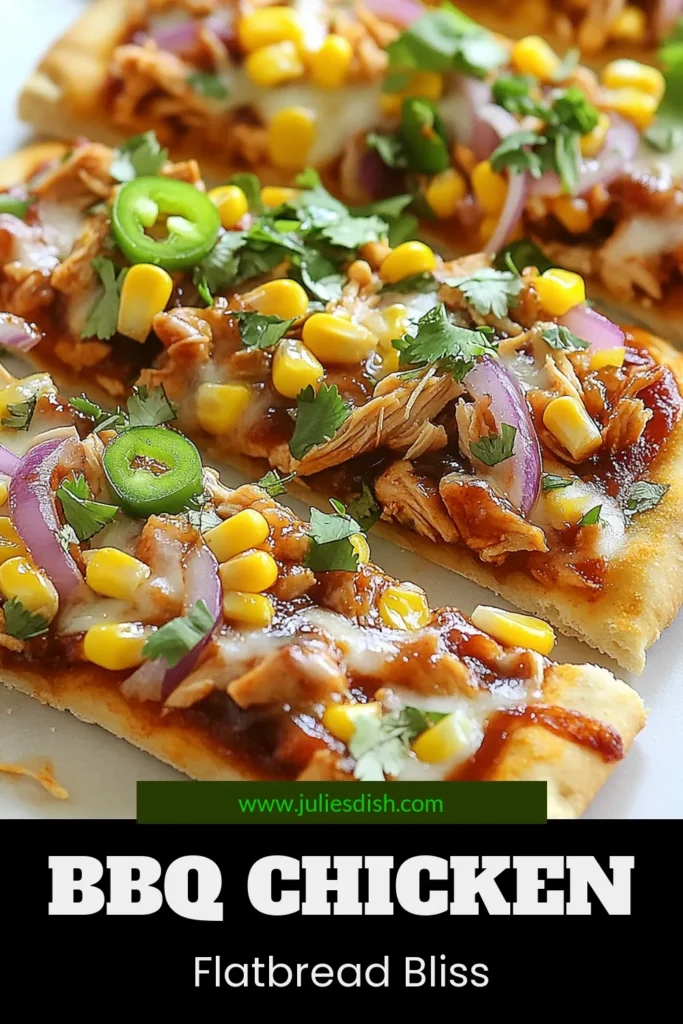 Looking for a delicious BBQ chicken flatbread recipe? This easy flatbread pizza is perfect for a quick meal! With homemade BBQ pizza topped with shredded chicken, mozzarella, red onions, and optional jalapeños, it's bursting with flavor. Ideal for lunch or dinner, and ready in just 25 minutes! Save this chicken flatbread idea for your next pizza night. Try it now! #BBQChicken #FlatbreadPizza #QuickRecipe #HomemadePizza