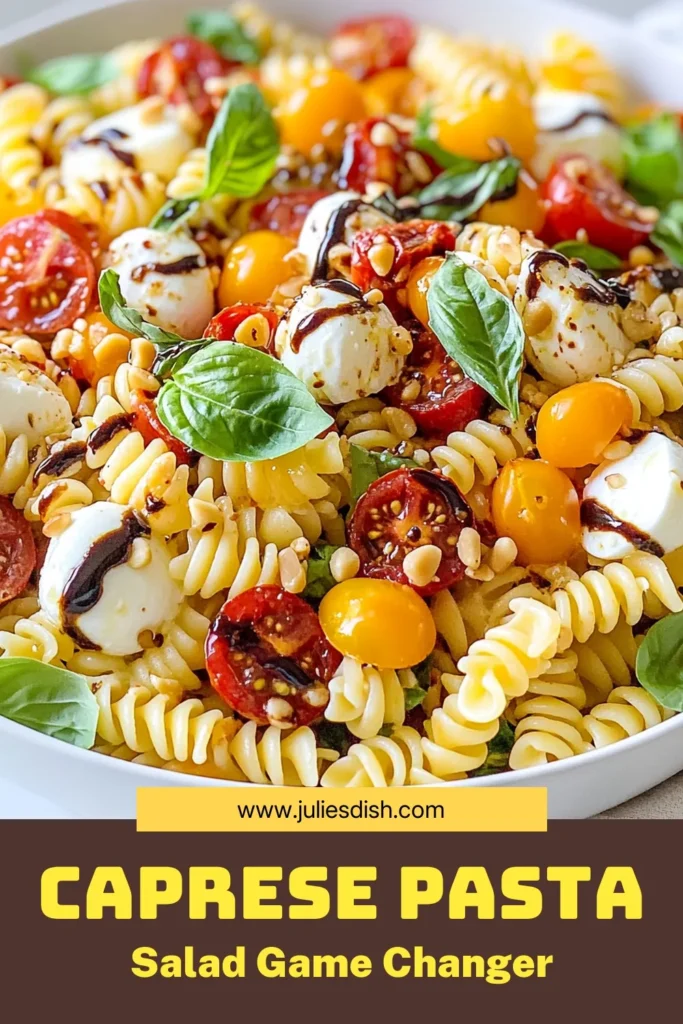 Looking for a refreshing and delightful twist on a classic? Try this Caprese Pasta Salad, featuring a vibrant mix of cherry tomatoes, mozzarella, and fresh basil. This easy Caprese recipe is perfect for summer gatherings. Drizzle with balsamic glaze for a flavorful kick! Add sun-dried tomatoes and pine nuts for extra texture in this pasta salad with balsamic glaze. Save this fresh basil pasta dish for your next meal! #CapresePastaSalad #EasyCapreseRecipe #PastaSaladWithBalsamicGlaze #SunDriedTomatoPastaSalad