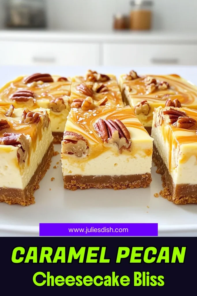 Indulge in the sweet delight of Caramel Pecan Cheesecake Bars! With a creamy filling, buttery crust, and a luscious caramel swirl, these bars are perfect for any occasion. Easy to make and simply irresistible, they combine the richness of cheesecake with the crunch of pecans. Click to explore this delightful recipe and treat yourself today! #CaramelPecanCheesecake #DessertRecipes #CheesecakeLovers #BakingJoy