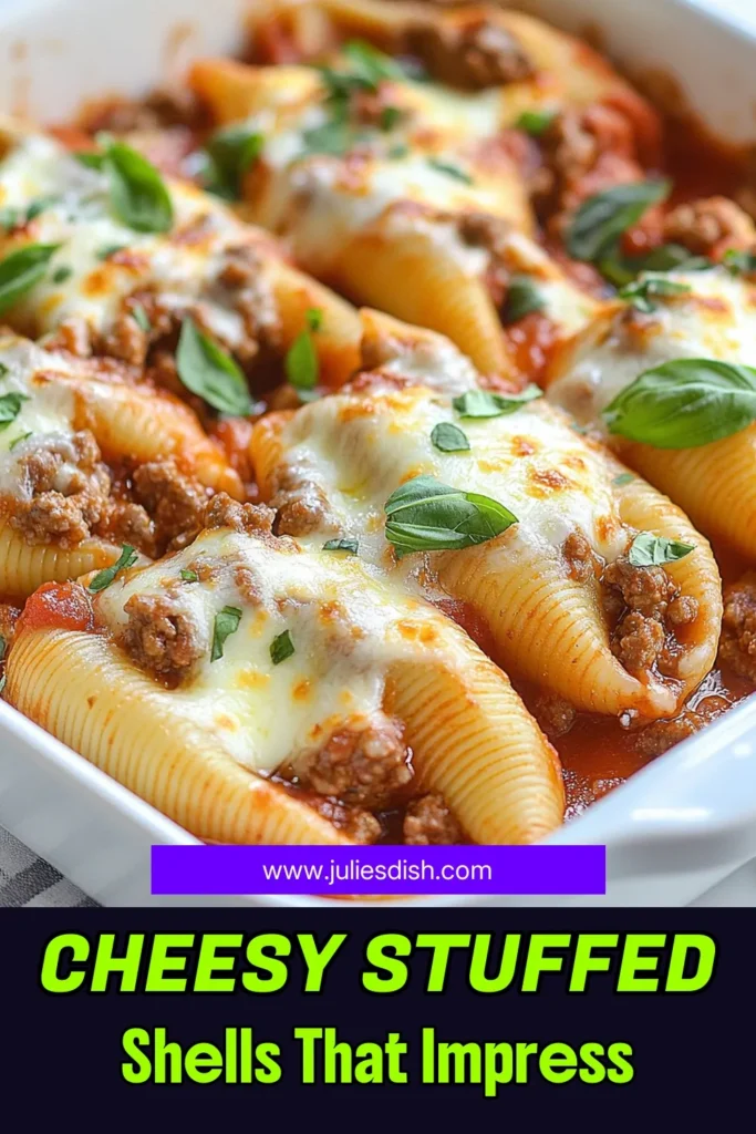 Enjoy this cheesy stuffed shells recipe featuring jumbo pasta shells filled with a delicious ricotta beef mixture! This easy baked pasta recipe is perfect for a hearty dinner that pleases everyone. With ground beef and rich cheeses, it's a satisfying ground beef pasta dish that will become a family favorite. Try these ricotta cheese stuffed shells today and make meal time special. Save this recipe for later! #CheesyStuffedShells #EasyBakedPasta #GroundBeefDinner #PastaRecipe