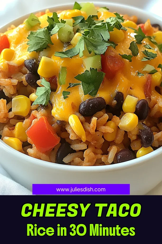 Discover the delicious flavors of Cheesy Taco Rice with this easy taco rice recipe! Perfect for busy weeknights, this one pot taco rice is a delightful vegetarian meal that's creamy and satisfying. It's packed with rice, black beans, and veggies, all topped with melted cheese. Ready in just 30 minutes, it's the ideal dish for the whole family. Try this creamy taco rice recipe today and save it for your next dinner! #CheesyTacoRice #EasyTacoRiceRecipe #OnePotTacoRice #VegetarianTacoRice